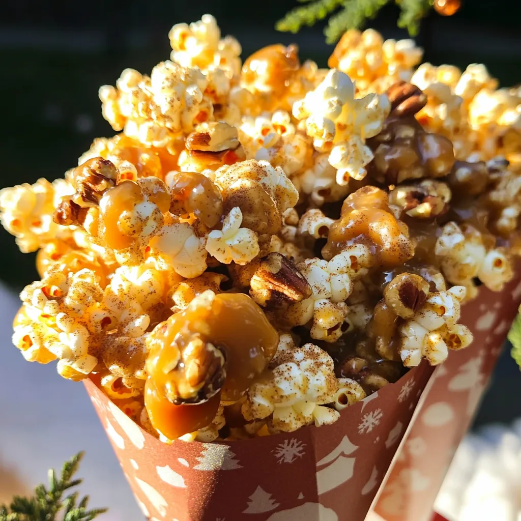 - Popcorn details: You need 8 cups of popped popcorn. This is about ½ cup of kernels. You can pop them using an air popper or on the stove with a bit of oil. Just make sure to remove any unpopped kernels, as they can spoil the fun. - Caramel mixture components: The caramel base needs 1 cup of granulated sugar and ½ cup of unsalted butter. Add ¼ cup of apple cider to give it that lovely fall flavor. This mix creates a rich, sweet sauce that coats the popcorn perfectly. - Flavor enhancers: For extra taste, use 1 teaspoon of vanilla extract. Add ¼ teaspoon of baking soda to help the caramel bubble up. A pinch of ½ teaspoon cinnamon and ¼ teaspoon sea salt will enhance the flavors and balance the sweetness. - Addition of nuts: I love adding 1 cup of chopped mixed nuts, like walnuts and pecans. They add a nice crunch and make the clusters even more delicious. You can swap them for your favorite nuts if you want. First, you need to get your oven ready. Preheat it to 200°F (95°C). While the oven heats up, line a large baking sheet with parchment paper. This step keeps the popcorn from sticking. Next, it’s time to pop the popcorn. Use about ½ cup of kernels. You can use an air popper, stovetop, or microwave. After popping, make sure to remove any unpopped kernels. Place all the popcorn in a large mixing bowl. Now, let’s make the caramel sauce. Start by melting ½ cup of unsalted butter in a medium saucepan over medium heat. Once the butter melts, add 1 cup of granulated sugar and ¼ cup of apple cider. Stir this mixture constantly until it starts to boil gently. Allow it to boil for about 4-5 minutes. Do not stir during this time. You want the mixture to turn a light amber color. After that, take it off the heat. Then, add 1 teaspoon of vanilla extract, ¼ teaspoon of baking soda, ½ teaspoon of cinnamon, and ¼ teaspoon of sea salt. The mixture will bubble up, so be careful. Stir until it is smooth. Pour the caramel over the popcorn in the mixing bowl. Use a spatula to toss the popcorn. Make sure each piece gets coated well. Next, fold in 1 cup of chopped mixed nuts, like walnuts and pecans. Spread this mixture out on the prepared baking sheet. Bake it in your preheated oven for 30 minutes. Stir it every 10 minutes. This helps ensure an even coating and crunchy texture. Once done, remove it from the oven and let it cool completely. After it cools, break it into clusters. Enjoy your tasty treat! When making caramel, don’t stir while it boils. Stirring can cause the sugar to crystallize. Let it boil for about 4-5 minutes until it looks light amber. This color means it's ready. If it's too light, it won’t have enough flavor. If it's too dark, it may taste burnt. To check the consistency, drop a small amount into cold water. It should form a soft ball. This shows it's perfect for coating your popcorn! To keep your popcorn crunchy, bake it low and slow. Bake at 200°F (95°C) for 30 minutes. Stir every 10 minutes to ensure even cooking. This step helps the caramel harden without making the popcorn chewy. For storage, keep it in an airtight container at room temperature. This keeps it fresh and crunchy for days. Avoid the fridge, as that can make it sticky. Serve the clusters in festive paper cones for a fun touch. You can also use clear treat bags tied with ribbons. This makes a lovely gift! For an extra treat, drizzle melted chocolate over the clusters after baking. This adds flavor and makes them look fancy. Enjoy your delicious apple cider caramel popcorn clusters! {{image_2}} You can easily switch up the flavor of your popcorn clusters. Try adding pumpkin spice for a warm, fall twist. This spice mix adds great depth. If you want more crunch, use different nuts or seeds. Almonds or sunflower seeds work well. Mixing flavors keeps things fresh and fun! To make this treat nut-free, simply skip the nuts. You can replace them with seeds like pumpkin or sunflower. For a vegan version, use coconut oil instead of butter. Also, choose a vegan sugar to keep it plant-based. These changes help everyone enjoy this tasty snack. When holidays come around, think about adding festive flavors. Try using maple syrup instead of apple cider for a sweet change. You can also sprinkle in some holiday spices like nutmeg or cloves. These twists make the clusters perfect for sharing at gatherings. Enjoy experimenting with these options! To keep your apple cider caramel popcorn clusters fresh, store them in an airtight container. This will prevent moisture from making them soggy. A glass jar or a plastic container with a tight lid works well. Place the container in a cool, dry spot away from sunlight. If stored properly, these clusters can last up to two weeks. If your popcorn clusters lose their crunch, don’t worry. You can easily restore their texture. Preheat your oven to 300°F (150°C). Spread the clusters on a baking sheet in a single layer. Bake for about 5-10 minutes to crisp them up. Check frequently to avoid burning. For long-term storage, you can freeze the clusters. Place them in a freezer-safe bag or container, and they can last for several months. When ready to eat, let them thaw at room temperature. Enjoy the crunch! To keep your caramel from burning, pay close attention while cooking. - Use a heavy-bottomed pot to help distribute heat evenly. - Melt the butter on medium heat, then add sugar and apple cider. - Stir the mixture until it starts to boil. - Let it boil for about 4-5 minutes without stirring. - Watch for a light amber color. This means it's ready. If you follow these steps, your caramel will turn out great! Yes, you can easily make this recipe nut-free. - Simply skip the nuts altogether. The popcorn will still be tasty. - You can add seeds like pumpkin or sunflower for crunch. - Dried fruits like cranberries or raisins can also add flavor. These options give you a different texture and keep it delicious! For this recipe, plain popcorn works best. - You can pop your own kernels for fresh flavor. - Use a stovetop method or an air popper for the best results. - Avoid microwave popcorn with butter or salt, as it may affect the caramel. When you have plain popcorn, it allows the caramel to shine. This recipe makes about 10 servings. - Each serving is a nice handful, perfect for sharing. - If you want smaller or larger portions, adjust the serving size. - The clusters can be broken into pieces for easy snacking. Enjoy sharing this crunchy treat with friends and family! This blog post showed how to make delicious caramel popcorn. You learned the main ingredients needed and the step-by-step process to create this treat. I shared tips for perfecting your caramel and keeping your popcorn crispy. You discovered fun variations and best storage practices. Enjoy making this tasty snack for any occasion. With these easy steps, you can impress your friends and family with your homemade caramel popcorn.