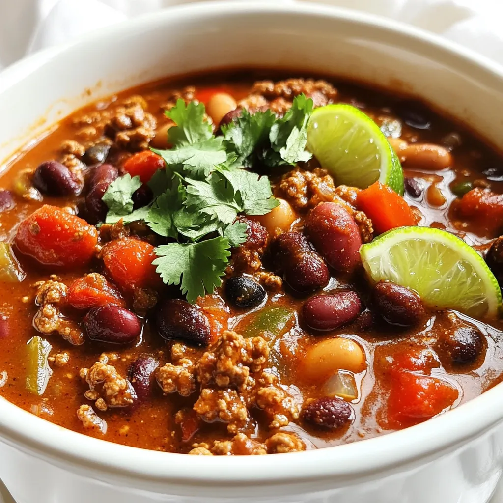 For this Beef & Bean Chili, you will need the following: - 1.5 lbs ground beef - 1 can (15 oz) kidney beans, drained and rinsed - 1 can (15 oz) black beans, drained and rinsed - 1 can (28 oz) diced tomatoes, undrained - 1 medium onion, chopped - 2 cloves garlic, minced - 2 bell peppers (red and green), chopped - 2 tablespoons chili powder - 1 tablespoon ground cumin - 1 teaspoon smoked paprika - 1 teaspoon salt - 1/2 teaspoon black pepper - 1 cup beef broth - 1 tablespoon olive oil If you want to spice things up, consider adding: - 1 jalapeño, finely chopped To finish your chili and add fresh flavors, use: - Fresh cilantro - Lime wedges To start, gather all your ingredients. You need: - 1.5 lbs ground beef - 1 can (15 oz) kidney beans, drained and rinsed - 1 can (15 oz) black beans, drained and rinsed - 1 can (28 oz) diced tomatoes, undrained - 1 medium onion, chopped - 2 cloves garlic, minced - 2 bell peppers (red and green), chopped - 2 tablespoons chili powder - 1 tablespoon ground cumin - 1 teaspoon smoked paprika - 1 teaspoon salt - 1/2 teaspoon black pepper - 1 cup beef broth - 1 jalapeño, finely chopped (optional) - 1 tablespoon olive oil First, chop the onion and garlic. Dice the bell peppers. If you like heat, chop the jalapeño. Next, heat a large skillet over medium heat. Add the olive oil and then the chopped onion and garlic. Cook them for about 3-4 minutes until they look clear. This step builds flavor. Then, add the ground beef to the skillet. Break it apart with a spatula. Cook it for about 5-7 minutes until it turns brown. If there is too much fat, drain it. Now, stir in the chili powder, ground cumin, smoked paprika, salt, black pepper, and jalapeño (if using) into the beef mixture. Cook for 1-2 more minutes. This helps the spices mix well. After that, transfer the beef mixture to the slow cooker. Add in the chopped bell peppers, kidney beans, black beans, and diced tomatoes with their juice. Pour the beef broth into the slow cooker. Stir everything well to combine. Cover the slow cooker. Cook on low for 6-8 hours or on high for 3-4 hours. This slow cooking makes the flavors come together. Before you serve, taste the chili. Adjust the seasoning if needed. Enjoy your hearty meal! To boost the flavor of your chili, consider using fresh herbs. Fresh cilantro adds brightness. A squeeze of lime juice lifts the dish. You can also try adding a splash of Worcestershire sauce. It brings depth and umami. If you want a smoky flavor, use smoked paprika. This spice pairs well with the beef and beans. Feel free to experiment with your favorite spices. A pinch of cinnamon can add warmth. Always taste your chili before serving. This lets you adjust flavors to your liking. Browning beef well is key for rich flavor. Start with a hot skillet and enough oil. Make sure to break the meat into small pieces as it cooks. This helps it brown evenly. Avoid crowding the pan; this traps steam. Cook in batches if necessary. Once the beef is brown, drain excess fat. Leaving too much fat can make the chili greasy. After browning, mix in spices right away. This toasts them and brings out their flavors. Want more heat? Add more jalapeño or chili powder. Start with a little, then taste. You can always add more, but it’s hard to take heat away. For milder chili, skip the jalapeño. You can also use sweet bell peppers for flavor without heat. If your chili turns out too spicy, add a dollop of sour cream. This cools down the dish while adding creaminess. Consider serving with cornbread or tortilla chips. They balance the heat and add crunch. {{image_2}} You can make a great vegetarian chili. Replace the ground beef with plant-based meat. You can also use lentils or mushrooms for a hearty texture. Add more beans like pinto or navy beans for extra protein. Use vegetable broth instead of beef broth. This version is still rich and filling. You won't miss the meat at all! Feel free to mix and match with beans. Black beans, kidney beans, and chickpeas all work well. They add taste and fiber. If you want more protein, try turkey or chicken. Just brown it like you do with beef. You can also add quinoa for a nutty flavor and extra nutrients. Give your chili a global flair! Add spices like curry powder for a unique taste. Try using chipotle peppers for a smoky kick. You can even add a can of coconut milk for a creamy texture. For a Mexican twist, top it with avocado and queso fresco. Want a Thai flavor? Mix in some peanut butter and lime juice. Each twist makes your chili special! After you finish your beef and bean chili, let it cool down first. Once cooled, transfer it to an airtight container. Store the chili in the fridge. It will stay fresh for up to four days. If you want to keep it longer, you may consider freezing it. To freeze your chili, use a freezer-safe container or heavy-duty freezer bags. Make sure to leave some space at the top, as liquids expand when frozen. Your chili can last in the freezer for up to three months. When you're ready to eat it, just thaw it in the fridge overnight. To reheat, you can use the microwave or stovetop. If using a microwave, heat it in short bursts, stirring in between. For stovetop, place the chili in a pot over medium heat. Stir regularly until it's hot. If it's thick, add a splash of beef broth or water to thin it out. Enjoy your chili again! You can use ground turkey or chicken for a leaner option. Both meats work well in chili. For a vegetarian twist, try crumbled tempeh or lentils. These choices add protein and flavor while keeping the dish hearty. Yes, you can cook this chili on the stovetop. Brown the beef and sauté the veggies in a pot. Then add all the ingredients, cover, and simmer for 30-45 minutes. Stir occasionally to prevent sticking. This method gives you a rich flavor in less time. Store leftover chili in an airtight container. It lasts up to four days in the fridge. For longer storage, freeze it in smaller portions. This way, you can enjoy it anytime you want. Absolutely! Add more jalapeños or a dash of hot sauce to boost the heat. You can also mix in cayenne pepper or crushed red pepper flakes. Taste as you go to reach your desired spice level. Serve with cornbread for a sweet touch or tortilla chips for crunch. A dollop of sour cream or sliced avocado adds creaminess. Fresh cilantro and lime wedges enhance the flavor even more. Enjoy this chili with your favorite sides! In this blog post, we explored the essential ingredients and the best methods to make beef and bean chili. You learned how to prepare and cook the beef, combine all flavors in a slow cooker, and adjust spice levels. We discussed tasty variations and how to store leftovers. Chili is easy to make and can fit any taste. Try these tips, and enjoy your chili masterpiece!