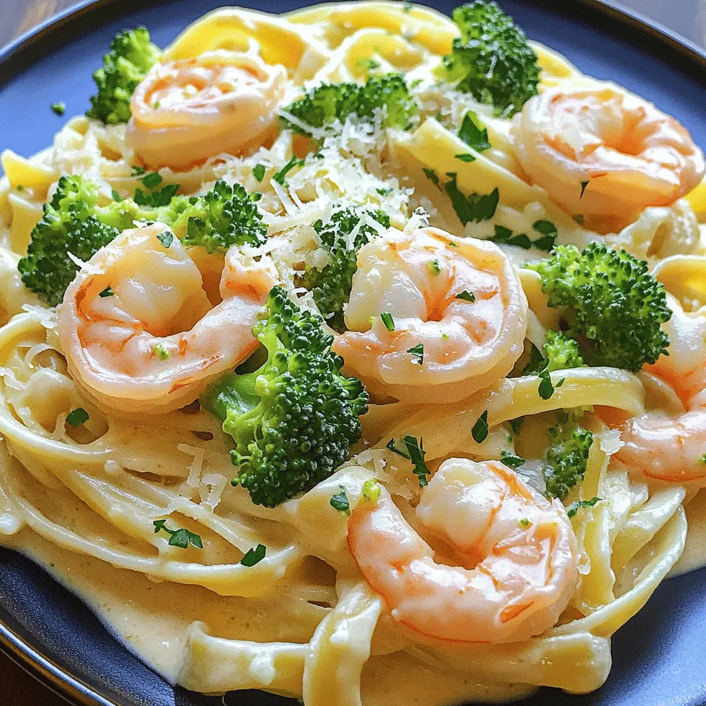 - 12 oz fettuccine pasta - 1 lb large shrimp, peeled and deveined - 3 tablespoons Cajun seasoning These ingredients form the heart of the dish. Fettuccine pasta gives a great base. Large shrimp provide protein and flavor. Cajun seasoning adds a special kick. - 3 tablespoons olive oil - 4 cloves garlic, minced - 1 cup heavy cream Olive oil cooks the shrimp perfectly. Garlic adds a warm aroma. Heavy cream creates a rich and creamy sauce. - 1 cup broccoli florets - 1 cup grated Parmesan cheese - Fresh parsley, chopped (for garnish) Broccoli adds color and health. Parmesan cheese makes it even creamier. Fresh parsley brightens the dish and adds charm. 1. Bringing water to a boil Fill a large pot with water and add a pinch of salt. Heat it on the stove until it bubbles. 2. Adding broccoli florets Once the water boils, add 12 oz of fettuccine pasta. Let it cook for about 7-9 minutes or until it's al dente. Add 1 cup of broccoli florets during the last 3 minutes of cooking. This helps the broccoli stay bright and tender. Drain the pasta and broccoli, but keep 1/2 cup of pasta water for later. 1. Seasoning techniques Take 1 lb of large shrimp, peeled and deveined. In a bowl, mix the shrimp with 3 tablespoons of Cajun seasoning. Make sure every shrimp is coated well. This gives your dish a nice kick. 2. Cooking times for shrimp Heat 3 tablespoons of olive oil in a large skillet over medium heat. Add the shrimp to the pan. Cook for about 2-3 minutes on each side. They should turn pink and opaque. Remove the shrimp from the skillet and set them aside. 1. Tips for sautéing garlic In the same skillet, add 4 cloves of minced garlic. Sauté for about 1 minute until it smells good. Be careful not to burn it, as burnt garlic can taste bitter. 2. Achieving the right sauce consistency Pour in 1 cup of heavy cream and scrape any bits from the bottom of the skillet. Let the cream simmer gently. Then, stir in 1 cup of grated Parmesan cheese until it melts and is smooth. If the sauce is too thick, add some reserved pasta water a little at a time until you get the right thickness. How to avoid overcooking shrimp To avoid overcooking shrimp, cook them just until they turn pink. They take only 2-3 minutes per side. Remove them from heat as soon as they are opaque. Overcooked shrimp can become tough and rubbery. Selecting the best shrimp Choose large shrimp that are firm and fresh. Look for shrimp with a mild ocean smell. If buying frozen shrimp, opt for ones that are labeled "wild-caught". They often have better flavor than farmed shrimp. Making it spicier For more heat, add extra Cajun seasoning or a pinch of cayenne pepper. You can also toss in some diced jalapeños while cooking the shrimp. Adjust to your taste for the perfect kick. Dairy-free substitutions If you need a dairy-free option, use coconut cream instead of heavy cream. Nutritional yeast can replace Parmesan cheese. These swaps keep the creamy texture while making the dish lighter. Recommended side dishes Pair the creamy Cajun shrimp Alfredo with garlic bread or a crisp green salad. The bread soaks up the sauce well, while the salad adds freshness to the meal. Plating techniques for presentation For a nice presentation, twirl the fettuccine in the center of the plate. Add shrimp on top and sprinkle fresh parsley for color. This simple touch makes your dish look gourmet. {{image_2}} You can switch up the pasta for this dish. Whole wheat pasta brings more fiber. It also adds a nutty taste. Gluten-free pasta is another great choice. It keeps the dish friendly for those with gluten issues. You can even try penne or rotini. These shapes hold sauce well, making each bite tasty. If you want more protein, add chicken or sausage. Cook them the same way as the shrimp. This gives a lovely depth of flavor. For a vegetarian option, use firm tofu or chickpeas. They soak up the sauce and add a nice texture. Adding vegetables gives extra nutrition and color. Bell peppers, spinach, or zucchini work well. You can sauté them with the shrimp for added flavor. Explore different seasonings too. A pinch of smoked paprika or a dash of lemon juice can brighten the dish. Each tweak makes the dish uniquely yours! To store leftovers, place the creamy Cajun shrimp Alfredo in an airtight container. Cool it to room temperature first, then seal it tightly. This method helps keep the flavors fresh. For best results, enjoy your leftovers within three days. When reheating, use a skillet over low heat. Add a splash of water or cream to help with the sauce's texture. Stir gently to mix everything well. You can also use a microwave, but cover the dish to avoid drying it out. Yes, you can freeze Alfredo sauce! However, it may change texture when thawed. To freeze, let the sauce cool completely. Pour it into a freezer-safe container and leave space for expansion. It is best used within two months. For freezing pasta dishes, consider separating the shrimp and sauce from the pasta. Cooked pasta can become mushy when frozen. To thaw, place the container in the fridge overnight. Then, reheat gently on the stove, adding a bit of cream for smoothness. In the fridge, creamy Cajun shrimp Alfredo lasts for about three days. After that, the quality may decline. Look for signs of spoilage like an off smell or changes in color. If you notice any, it’s best to toss it. Always trust your senses when it comes to food safety! Cajun seasoning is a blend of spices from Louisiana. It adds bold flavor to dishes. Common ingredients in Cajun seasoning include: - Paprika - Onion powder - Garlic powder - Black pepper - Cayenne pepper - Oregano - Thyme You can easily make your own blend. Just mix the spices above in equal parts. Adjust the cayenne for more heat or less. Yes, you can use frozen shrimp. They are often easier to find and store. For best results, thaw them before cooking. Place them in cold water for about 15-20 minutes. When using frozen shrimp, cooking times may differ. Cook them for about 3-4 minutes on each side. They should turn pink and opaque when done. The dish can be spicy, depending on the Cajun seasoning you use. You can adjust the heat level to fit your taste. To make it milder, use less seasoning or choose a milder blend. Another option is to add cream to tone down the heat. If you want no spice, use Italian seasoning instead. This keeps the dish flavorful without the heat. This blog post shared a tasty recipe for Cajun shrimp Alfredo. We discussed key ingredients like fettuccine, shrimp, and Cajun seasoning. You learned step-by-step instructions, including cooking pasta and making the sauce. I offered tips on perfecting shrimp and suggested variations for extra flavor. With storage info and FAQs, you’re now set to make this dish. Enjoy cooking, and don’t be afraid to experiment! Happy eating!