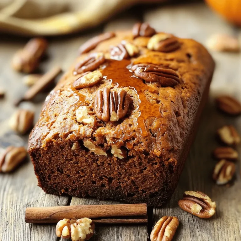 - 1 ½ cups canned pumpkin puree - 1 cup granulated sugar - ½ cup brown sugar, packed - ½ cup vegetable oil - 3 large eggs - 2 cups all-purpose flour - 1 teaspoon baking soda - ½ teaspoon baking powder - 1 teaspoon ground cinnamon - ½ teaspoon ground nutmeg - ½ teaspoon ground ginger - ¼ teaspoon ground cloves - ½ teaspoon salt The main ingredients form the heart of your loaf. Canned pumpkin puree adds moisture and flavor. Using both granulated and brown sugar gives a rich sweetness and depth. Vegetable oil keeps the loaf tender. The eggs act as binders, making your loaf fluffy. All-purpose flour helps create a good structure. Baking soda and powder are key for that perfect rise. The spices? They bring warmth and a lovely aroma. - 1 cup pecans, chopped - ½ cup raisins - ¼ cup maple syrup for drizzling Optional ingredients enhance taste and texture. Chopped pecans add a nice crunch. Raisins introduce a sweet chew that contrasts with the loaf's soft crumb. Drizzling maple syrup on top offers a sweet finish that makes every slice special. - Alternatives to sugar and oil - Gluten-free flour options - Other nuts or add-ins You can customize this loaf easily. If you want to cut sugar, try using honey or agave syrup. For oil, applesauce or Greek yogurt works well. If you need gluten-free, look for a 1:1 gluten-free flour blend. Feel free to swap in walnuts or almonds for pecans. You can also add chocolate chips or dried fruit for fun surprises. 1. Preheat your oven to 350°F (175°C). This step helps the loaf bake evenly. 2. Grease a 9x5 inch loaf pan. This keeps the loaf from sticking. Set it aside. 3. In a large mixing bowl, combine the canned pumpkin puree, granulated sugar, brown sugar, and vegetable oil. Mix until smooth. 4. Add three large eggs, one at a time. Mix well after each addition to blend them in. 1. In a separate bowl, whisk together the all-purpose flour, baking soda, baking powder, cinnamon, nutmeg, ginger, cloves, and salt. This helps mix the dry ingredients well. 2. Gradually add the dry mix to the wet mix. Stir gently until just combined. Overmixing can make the loaf tough. 3. Fold in one cup of chopped pecans. If you like, add half a cup of raisins for extra sweetness. 1. Pour the batter into your prepared loaf pan. Smooth the top with a spatula. 2. Bake in the preheated oven for 55-65 minutes. Check for doneness by inserting a toothpick. It should come out clean. 3. Once baked, remove the loaf from the oven. Let it cool in the pan for about 10 minutes. 4. Transfer the loaf to a wire rack to cool completely. Drizzle some maple syrup over the top once cooled for added sweetness. To keep your loaf moist, use fresh canned pumpkin puree. It adds flavor and moisture. Mix the wet ingredients until they are smooth, but don’t overdo it. Overmixing can make your loaf tough. Stir just until combined when adding dry ingredients. Warm spiced pumpkin pecan loaf pairs well with coffee or tea. A dollop of whipped cream adds a nice touch. Serve it warm for the best taste. You can slice it thick for sharing or thin for a lighter snack. Experiment with spices like cardamom or allspice for a twist. You can also add chocolate chips or dried fruit for extra sweetness. Drizzling maple syrup over the warm loaf makes it even better. For a lovely look, sprinkle some chopped pecans on top before serving. {{image_2}} You can change up the taste of your pumpkin pecan loaf easily. One fun idea is to add chocolate chips. They melt and create pockets of rich flavor. Dried fruits like cranberries or apricots also work well. They add a chewy texture and a sweet bite. Using different spices can elevate the loaf too. Try cardamom for a floral note. You can also use allspice for warmth or cloves for a deeper flavor. Mix and match to find your favorite combo. If you want a vegan loaf, there are simple swaps. Replace eggs with flaxseed meal. Mix one tablespoon of flaxseed with three tablespoons of water. Let it sit for five minutes to thicken. You can also use applesauce or mashed bananas as a substitute. For a low-sugar option, try using a sugar alternative like stevia or monk fruit. These can sweeten without adding much sugar. You can also reduce the amount of granulated sugar in the recipe. Toppings can make your loaf even more tempting. A drizzle of maple syrup adds sweetness and shine. You can also sprinkle extra chopped pecans on top for crunch. Serving styles can be fun too. Slice the loaf and serve it warm with butter. You can create a beautiful platter with slices and fresh fruit. This makes it perfect for gatherings. - At room temperature: Keep the loaf in an airtight container. It stays fresh for about 3 days. If you want to keep it longer, consider refrigerating it. - Refrigeration: Store the loaf in the fridge to extend its life. Wrap it well to prevent it from drying out. In the fridge, it can last up to a week. - Best practices for freezing: Use plastic wrap and foil to wrap the loaf. This helps keep out air and keeps it fresh. It freezes well for up to 3 months. - Thawing and reheating tips: To thaw, move the loaf to the fridge overnight. For warm slices, pop them in the microwave for about 15-20 seconds. - How long does it last?: At room temperature, the loaf lasts about 3 days. In the fridge, it can last up to a week. When frozen, it keeps well for about 3 months. Enjoy your pumpkin pecan loaf at its best with these storage tips! Can I use fresh pumpkin instead of canned? Yes, you can use fresh pumpkin. Just cook and puree it first. Fresh pumpkin adds a lovely taste. What can I substitute for eggs? You can use applesauce. Use 1/4 cup of applesauce per egg. This keeps the loaf moist. How can I make this loaf healthier? Try using whole wheat flour instead of all-purpose flour. You can also reduce sugar or add nuts for protein. Why is my loaf too dense? A dense loaf may come from overmixing. Mix just until combined to keep it light. How do I know when it’s fully baked? Insert a toothpick into the center. If it comes out clean, your loaf is done. Can I serve it cold? Yes, you can serve it cold. However, warm is best for flavor and texture. What goes well with pumpkin pecan loaf? Cream cheese or butter pairs great. A warm drink like tea or coffee is also nice. You now know how to make a warm spiced pumpkin pecan loaf. We covered the main and optional ingredients, plus substitutes. The step-by-step instructions help you bake with ease. You’ve learned tips for serving and enhancing flavor. Finally, various storage methods ensure your loaf stays fresh. Enjoy your baking experience, and feel free to make it your own! Happy baking!