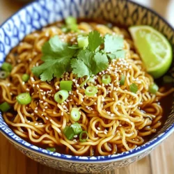 To make your spicy sesame garlic noodles, gather these key items: - 8 oz spaghetti or rice noodles - 3 tablespoons sesame oil - 4 cloves garlic, minced - 1 tablespoon ginger, grated - 2 tablespoons soy sauce - 1 tablespoon sriracha (add more if you want it hotter) - 1 tablespoon rice vinegar - 1 tablespoon brown sugar - 2 green onions, sliced - 2 tablespoons sesame seeds - Salt, to taste These ingredients will blend together for a tasty meal. You can enhance your dish with these tasty garnishes: - Fresh cilantro - Extra sesame seeds - Lime wedges These add color and extra flavor. Don’t skip them if you can! If you have any dietary needs, here are some easy swaps: - Use gluten-free noodles if you need to avoid gluten. - Swap soy sauce for tamari for a gluten-free option. - Replace brown sugar with coconut sugar or a sugar substitute. - For a vegan meal, ensure your sriracha is vegan-friendly. These substitutions help you enjoy the dish while meeting your needs. First, grab a large pot and fill it with water. Add a pinch of salt to the water. Bring the water to a boil. Once boiling, add 8 oz of spaghetti or rice noodles. Cook the noodles until they are al dente. This usually takes about 8-10 minutes. Drain the noodles and set them aside. In a small bowl, gather your sauce ingredients. Mix together 2 tablespoons of soy sauce, 1 tablespoon of sriracha, 1 tablespoon of rice vinegar, and 1 tablespoon of brown sugar. Use a whisk to blend everything well until the brown sugar is dissolved. This sauce will bring all the flavors together. Now, take a large skillet and heat 3 tablespoons of sesame oil over medium heat. Once hot, add 4 cloves of minced garlic and 1 tablespoon of grated ginger. Sauté them for about 1-2 minutes. Keep an eye on them so they don’t burn. You want them fragrant but not brown. Add the drained noodles to the skillet with the garlic and ginger. Pour your prepared sauce over the noodles. Toss everything together well. This helps to coat the noodles evenly. Cook for an extra 2-3 minutes. This allows the noodles to soak up the flavors. Remove the skillet from heat. Stir in 2 sliced green onions and 2 tablespoons of sesame seeds. Taste the noodles and add salt if needed. This step adds freshness and crunch. Serve the noodles in bowls. Garnish with fresh cilantro and more sesame seeds for a nice touch. For an extra pop, add a lime wedge on the side. This not only looks great but adds a zesty flavor. Enjoy your delicious Spicy Sesame Garlic Noodles! To get the best noodle texture, cook your noodles just right. Use a large pot of water and add salt. Boil the water, then add spaghetti or rice noodles. Follow the package directions, but aim for al dente. This means they should be firm, not mushy. Drain them and set aside. Avoid rinsing; this keeps the starch that helps sauce stick. If you love heat, add more sriracha! Start with one tablespoon for a mild kick. You can always taste and add more later. Mix the sauce well before adding it to the noodles. If it’s too spicy, add a bit of brown sugar or more noodles to balance the heat. This way, you can find your perfect spice level. To store leftovers, let your noodles cool first. Place them in an airtight container. They will last in the fridge for about three days. When you are ready to eat, reheat them in a pan with a splash of water. This helps keep them moist. You can also microwave them, but add a little water for moisture. Enjoy your tasty meal again! {{image_2}} You can add protein to make your Spicy Sesame Garlic Noodles even better. Chicken is a great option. Use cooked, shredded chicken. It blends well with the sauce's flavor. Tofu works too. Press and cube firm tofu, then pan-fry until golden. Shrimp is another tasty choice. Cook them in the skillet until pink and tender. These proteins make the dish hearty and filling. Adding vegetables to your noodles boosts nutrition and flavor. Broccoli is a top pick. Steam it lightly before mixing it in. Bell peppers add color and crunch. Slice them thin and toss them into the skillet. You can also try carrots or snap peas. They cook quickly and add a nice texture. Feel free to mix and match your favorites! If you need a gluten-free version, rice noodles are perfect. They have a similar taste and texture. Always check the label to ensure they are gluten-free. You can also use gluten-free soy sauce or tamari. This swap keeps the dish safe for those with gluten allergies. Enjoy your noodles without worry! To store leftover noodles, let them cool first. Place the noodles in an airtight container. Add any extra sauce to keep them moist. Store in the fridge for up to three days. If you want to keep them longer, consider freezing. To reheat the noodles, you have a few options. You can use the microwave or the stovetop. If using the microwave, place the noodles in a bowl. Add a splash of water to prevent drying out. Cover and heat for one to two minutes, stirring halfway. If using the stovetop, heat a skillet over medium heat. Add a little sesame oil and the noodles. Stir for a few minutes until hot. Freezing is a great way to save leftovers. To freeze, place cooled noodles in a freezer-safe bag. Squeeze out as much air as possible. Label the bag with the date. They can last up to three months in the freezer. When ready to eat, thaw in the fridge overnight. Then reheat using the stovetop method for the best results. I recommend using spaghetti or rice noodles. Both types work well and soak up the sauce nicely. Spaghetti gives a classic feel, while rice noodles add a fun twist. Choose what you like best or what you have on hand. To make this recipe vegan, simply use a plant-based soy sauce. You can also swap out the brown sugar for coconut sugar. This keeps the flavors rich without any animal products. The dish will still taste great and stay true to its spicy roots. Yes, you can make these noodles ahead of time. Cook the noodles and sauce, then store them separately. When you're ready to eat, heat them up together. This will help keep the noodles from getting soggy. It’s perfect for meal prep or quick lunches! Many Asian restaurants offer spicy noodle dishes. Look for places that focus on Szechuan or Thai cuisines. Some may even have a specific spicy sesame garlic noodle dish on their menu. Check local listings or food delivery apps to find options near you. You learned about making Spicy Sesame Garlic Noodles from scratch. We covered key ingredients, cooking steps, and tasty variations. Remember to adjust spice levels to fit your taste and explore options for proteins and veggies. Storing leftovers is simple, and reheating is a breeze. Enjoy discovering this dish and its many possibilities. With practice, you will master these noodles and impress your friends and family. Happy cooking!