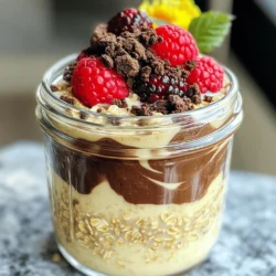 - 1 cup rolled oats - 2 cups unsweetened almond milk (or any milk of choice) - 1 scoop vanilla protein powder - 2 tablespoons cocoa powder - 2 tablespoons maple syrup (or honey) - 1/2 teaspoon vanilla extract - 1/4 cup crushed chocolate cookie crumbs (such as Oreos, or a healthier alternative) - Fresh berries or banana slices for topping (optional) To make Protein Cookies & Cream Overnight Oats, you need simple yet delicious ingredients. Start with rolled oats. They bring fiber and texture. Use unsweetened almond milk, or any milk you like. This adds creaminess. Next, add a scoop of vanilla protein powder. It boosts the protein content. Cocoa powder gives a rich chocolate flavor. Sweeten with maple syrup or honey. Both add natural sweetness. A dash of vanilla extract enhances the flavor. Don’t forget crushed chocolate cookie crumbs. They add crunch and fun. You can top the oats with fresh berries or banana slices. This is optional but adds freshness and color. Each ingredient plays a key role. Together, they create a tasty and healthy breakfast. 1. In a large bowl, combine these dry and wet ingredients: - 1 cup rolled oats - 2 cups unsweetened almond milk (or any milk of choice) - 1 scoop vanilla protein powder - 2 tablespoons cocoa powder - 2 tablespoons maple syrup (or honey) - 1/2 teaspoon vanilla extract Stir well until smooth. 2. Now, fold in the crushed chocolate cookie crumbs. This adds a nice crunch and flavor. Save some crumbs for topping. 3. Divide the mixture evenly into two airtight containers or jars. This makes serving easy. 1. Seal the containers tightly. This keeps the oats fresh and helps them soak. 2. Place the jars in the refrigerator for at least 6 hours, or overnight. Soaking allows the oats to soften. 1. In the morning, stir the oats well. Add more almond milk if you like them creamier. 2. Top each jar with fresh berries or banana slices. Sprinkle the reserved cookie crumbs on top for extra flavor. 3. Enjoy your Protein Cookies & Cream Overnight Oats cold. You can also heat them slightly in the microwave if you prefer warm oats. - Ingredient substitutions: You can swap almond milk for any milk you like. Try oat or coconut milk for a new taste. Use a chocolate protein powder for extra flavor. If you want a lighter mix, reduce the cocoa powder. - Sweetness adjustments: Taste your mix before refrigerating. Add more maple syrup or honey if you want it sweeter. Remember, the toppings can also add sweetness. - Mixing techniques for smooth texture: Mix your dry ingredients first. This helps avoid clumps later. When you add wet ingredients, stir slowly. Get a smooth blend, then fold in cookie crumbs gently. - Serving ideas for different occasions: For breakfast, enjoy it cold. For snacks, heat it in the microwave. You can even serve it as dessert. Top it with whipped cream for a special treat. - Adding protein boosters: Boost your oats with nut butter. Almond or peanut butter are great options. You can also add seeds like chia or flax for extra nutrition. - Best practices for storing overnight oats: Use airtight containers. This keeps your oats fresh. Keep them in the fridge. - Expiration and usage guidelines: Overnight oats last up to five days in the fridge. If they look or smell off, throw them away. Always check before eating! {{image_2}} You can change the flavor of your oats easily. Use different cookies for fun twists. Instead of chocolate cookies, try vanilla wafers or ginger snaps. Each cookie brings a new taste. You can also add toppings like nuts, seeds, or yogurt for extra flavor. Fresh fruit like strawberries or blueberries gives a nice touch too. Don't be afraid to mix things up! If you want to make this recipe vegan, swap the protein powder for a vegan option. Use maple syrup instead of honey to keep it plant-based. For gluten-free oats, choose certified gluten-free rolled oats. This way, you can enjoy the oats without worries. These small changes let everyone enjoy this tasty treat. Need more servings? Just double or triple the recipe. This makes it easy to feed a crowd. Use larger containers to hold the extra mixture. If you want a single serving, just cut the ingredients in half. You can prepare it in a small jar or bowl. This is a great way to enjoy a quick breakfast on busy days! - Protein content: Each serving has about 20 grams of protein. This comes from the protein powder and oats. - Caloric information: One serving contains around 350 calories. This includes the oats, milk, and toppings. - Macronutrient distribution: You get about 45 grams of carbs, 10 grams of fat, and 20 grams of protein. This balance helps fuel your day. - Benefits of oats and protein: Oats provide fiber, which aids digestion. They also keep you full longer. Protein helps build and repair muscles. Together, they make a great duo for energy. - Why a hearty breakfast matters: A filling breakfast can kickstart your day. It helps maintain energy levels. You may find it easier to focus and stay active. - Keto modifications: For a keto-friendly version, swap oats with chia seeds or flaxseeds. Use unsweetened almond milk to lower carbs. - Low-sugar adaptations: To cut sugar, reduce maple syrup or use a sugar substitute. Adding unsweetened cocoa powder can enhance flavor without added sugar. Overnight oats stay fresh for up to five days in the fridge. This makes them a great option for meal prep. Just store them in airtight containers. If you notice any off smell or change in texture, it’s best to toss them. Yes, you can use various types of protein powder. Whey, pea, or soy protein all work well. Just keep in mind that different powders may change the taste and texture a bit. Choose a flavor you enjoy for the best results. Overnight oats are very healthy! They are high in fiber, which helps digestion. The protein powder adds extra protein, making them filling. If you use almond milk, it’s lower in calories too. Adding fruits boosts vitamins and freshness, making this meal a smart choice. Absolutely! You can prepare these oats ahead of time. Make a batch on Sunday for the week. This saves time on busy mornings. Just grab a jar, and you’re set for breakfast! In this post, we've explored a delicious recipe for Protein Cookies and Cream Overnight Oats. You learned about the main ingredients, preparation, and unique variations to fit your tastes. Each step offers easy methods to create a tasty meal. These oats are not only quick to prepare but also full of nutrients. Enjoy customizing them to suit your diet. With these tips, you're ready to make breakfast exciting and healthy. Try them, and enjoy the benefits of a great start to your day!