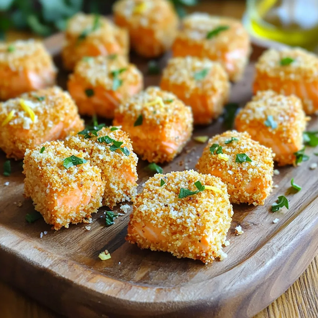 To make these tasty salmon bites, you need: - 1 lb fresh salmon fillet, cut into bite-sized cubes - 1/2 cup grated Parmesan cheese - 1/2 cup breadcrumbs (panko for extra crunch) - 1 clove garlic, minced - 1 teaspoon lemon zest - 1 teaspoon dried parsley - 1/2 teaspoon black pepper - 1/2 teaspoon salt - 1 egg, beaten - Olive oil spray These ingredients work together to create a crispy, flavorful coating on the salmon. Each bite packs a punch of taste. You can add a few more items for better flavor. Consider: - Fresh herbs like dill or chives - A splash of hot sauce for spice - A pinch of paprika for warmth These extras can take your salmon bites to the next level. They offer more depth and excitement. When choosing salmon, look for bright color and no strong smell. Fresh salmon should feel firm and moist. For Parmesan, opt for block cheese over pre-grated. Grating it fresh gives better flavor. Aged cheese tends to be richer and adds more taste to your dish. Always trust your senses—good ingredients lead to great meals! Start with fresh salmon fillets. Rinse them under cold water. This helps remove any dirt. Next, pat the salmon dry using paper towels. Dry salmon bites cook better. Cut the salmon into bite-sized cubes. Aim for pieces about one inch big. This size ensures even cooking. In a bowl, mix the grated Parmesan cheese and breadcrumbs. I prefer panko for extra crunch. Add minced garlic, lemon zest, dried parsley, black pepper, and salt. Stir the mixture well until all ingredients blend together. This coating adds flavor and texture to the salmon. Preheat the air fryer to 400°F (200°C) for about 5 minutes. While it heats, dip each salmon cube into the beaten egg. Let any excess egg drip off. Roll the cube in the Parmesan mixture. Make sure each piece is fully coated. Lightly spray the air fryer basket with olive oil. Place the salmon bites in a single layer, avoiding overcrowding. Cook them for 7 to 10 minutes. Flip the bites halfway for even cooking. They should turn golden brown and be fully cooked. To get that extra crunch, use panko breadcrumbs. Panko is lighter and flakier than regular breadcrumbs. This gives the salmon bites a great texture. When you coat the salmon, be sure to press the panko in well. This helps it stick. For an even crunchier bite, spray a little olive oil on top before air frying. To cook the salmon evenly, preheat your air fryer to 400°F (200°C). This helps the salmon start cooking right away. Place the salmon bites in a single layer. Avoid stacking them on top of each other. Flip the bites halfway through cooking. This ensures they brown nicely on both sides. Cook them for about 7 to 10 minutes. Check for a golden brown color. One common mistake is not drying the salmon well. Moist salmon can make the coating soggy. Always pat it dry with paper towels. Another mistake is overcrowding the air fryer basket. This can lead to uneven cooking. Make sure to leave space between the bites. Lastly, don’t skip the egg wash. It helps the coating stick better and gives a delicious crunch. {{image_2}} You can switch up the breading for new tastes. Try crushed cornflakes for a sweet crunch. Use seasoned breadcrumbs for a savory twist. You might also enjoy using coconut flakes for a tropical flair. Each option adds a new layer of flavor. Salmon is great, but other fish work well too! Try using cod, tilapia, or trout. These fish have mild flavors that pair well with the coating. If you prefer meat, chicken bites are also tasty. Just make sure to adjust cooking times for different proteins. You can easily add spices or herbs to make your bites special. Mix in some paprika for heat or cayenne for a kick. Fresh herbs like dill or cilantro can brighten the dish. Experiment with flavors to create your favorite version. Once you finish your Air Fryer Parmesan Salmon Bites, let them cool down. Place the bites in an airtight container. You can keep them in the fridge for up to three days. For best taste, eat them within the first two days. To reheat, use your air fryer. Set it to 350°F (175°C) for about 5 minutes. This keeps the bites crispy. If you don’t have an air fryer, use the oven. Preheat to 350°F (175°C) and bake for 10 minutes. Always check to make sure they are warmed through. You can freeze the salmon bites if you have extra. First, let them cool completely. Place them in a single layer on a baking sheet. Freeze them for about an hour. After that, transfer them to a freezer bag. They will stay good for up to three months. When ready to eat, thaw them in the fridge overnight before reheating. Yes, you can use frozen salmon. Thaw it fully before cooking. This keeps the texture nice. You can place it in the fridge overnight or use cold water for a quick thaw. Make sure to pat it dry well before coating. Check the salmon bites after 7 minutes. They should be golden brown and crispy. You can also use a fork to test the inside. It should flake easily and look opaque. If needed, cook for a few more minutes. Yes, you can skip the breadcrumbs. Try using crushed nuts or seeds for crunch. You can also coat the salmon in just Parmesan cheese for a cheesy bite. Experiment with what you have at home. Many sauces work well with salmon bites. A tangy lemon aioli adds zest. A sweet chili sauce gives a nice kick. Try a classic tartar sauce for a creamy taste. Experiment with your favorite flavors! You now know how to make Air Fryer Parmesan Salmon Bites. We discussed key ingredients like salmon and Parmesan, plus tips on choosing quality items. I shared step-by-step details on prep, coating, and cooking. You learned tricks to get a crispy bite and avoid common mistakes. In the end, feel free to experiment with flavors or different proteins. Enjoy your cooking journey!