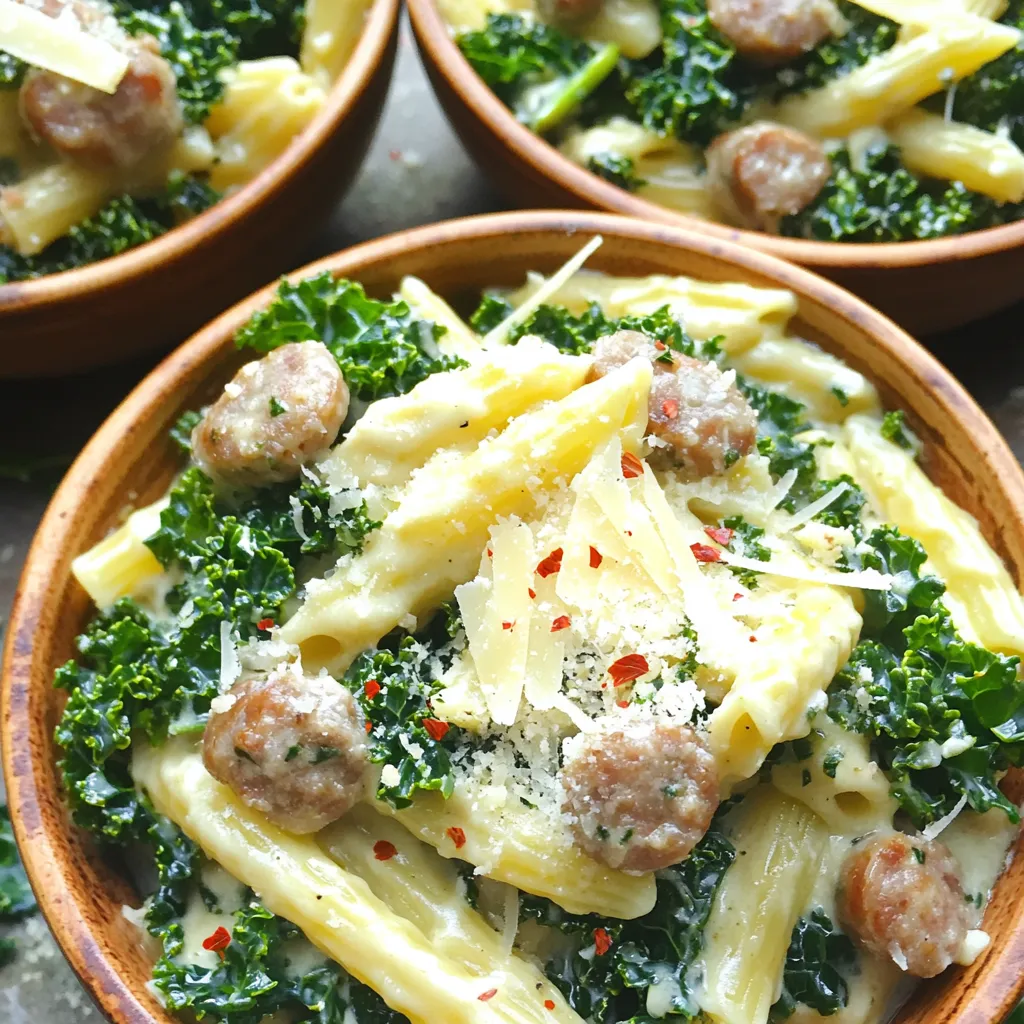 - Pasta: You can choose either penne or rotini. Both hold sauce well. - Italian sausage: Use mild or hot, depending on your taste. Remove the casing. - Kale: Fresh and chopped kale adds a nice green color and nutrition. - Onion and garlic: These two ingredients bring depth and richness to the dish. They cook down to sweeten the flavors. - Italian seasoning: This mix of herbs enhances the dish's Italian profile. It adds a nice aroma. - Heavy cream and Parmesan: Together, they create a creamy and rich texture. The cheese adds a salty bite that balances the dish. - Olive oil: Use this for sautéing the onion and sausage. It helps build the base flavor. - Chicken broth: This acts as the cooking liquid for the pasta. It adds moisture and flavor. - Seasoning: Use salt and pepper to taste. Add red pepper flakes for extra heat if you like it spicy. Start by gathering your ingredients. This makes cooking smooth and easy. Chop 3 cups of kale and dice 1 medium onion. Mince 2 cloves of garlic. Remove the casing from 1 pound of Italian sausage. Set these aside. Pre-cooking steps matter. They help you stay organized and ready for the next steps. In a large pot or Dutch oven, heat 2 tablespoons of olive oil over medium heat. Add the diced onion first. Cook until it turns clear, about 3-4 minutes. Then, add the minced garlic. Cook for another minute while stirring often. This keeps the garlic from burning. Next, add the Italian sausage. Use a spatula to break it apart. Cook until it is brown and fully cooked, about 5-7 minutes. Stir in the chopped kale. Cook until it wilts, about 2-3 minutes. Now, pour in 4 cups of chicken broth. Bring it to a boil. Once boiling, stir in 12 ounces of pasta and 1 teaspoon of Italian seasoning. Lower the heat and cover the pot. Let it simmer. Check the pasta package for cooking time, usually 10-12 minutes. Stir often until the pasta is al dente and most liquid is gone. Once the pasta is cooked, lower the heat. Stir in 1 cup of heavy cream. Let it simmer for another 2-3 minutes to thicken a bit. Remove from heat. Add 1 cup of freshly grated Parmesan cheese. Stir until it melts and mixes well. Season with salt, pepper, and optional red pepper flakes. Taste to adjust flavors. Enjoy your creamy sausage and kale pasta! To cook pasta perfectly in a one-pot dish, choose a sturdy pasta like penne or rotini. These shapes hold up well and grab the sauce nicely. Always add the pasta to boiling broth for the best texture. Stir the pasta often to prevent sticking. Cook until al dente, usually 10 to 12 minutes. For the right creaminess, use heavy cream and freshly grated Parmesan cheese. Stir them in at the end. This helps keep the sauce thick and smooth. If you want it creamier, add a splash more cream. To boost flavor, consider adding fresh herbs like basil or thyme. A pinch of nutmeg can also add warmth to the cream sauce. You might try lemon zest for brightness too. These simple additions can elevate your dish. For garnishing, serve the pasta in shallow bowls. Top with extra Parmesan, crushed red pepper flakes, and a drizzle of olive oil. A few fresh kale leaves add a nice touch of color. Presentation matters as much as taste! If your pasta turns out overcooked, add a splash of broth and stir gently. This can help revive the texture. For undercooked pasta, cover it and let it simmer longer with some broth. Keep checking until it reaches your desired doneness. If your sauce is too thick, add more chicken broth or cream to loosen it. Stir well to combine everything. If it’s too thin, let it simmer uncovered for a few minutes. This will help thicken the sauce nicely. {{image_2}} You can easily change some key ingredients for your creamy sausage and kale pasta. If you want a lighter option, try using turkey sausage instead of Italian sausage. This swap cuts down on fat while keeping great flavor. For the greens, kale is awesome, but feel free to use spinach or Swiss chard. Both options add a fresh taste and are packed with nutrients. Adjusting the spice can make this dish your own. If you like it hot, add more red pepper flakes. For a milder version, skip them altogether. You can also swap cheeses to change the flavor. Instead of Parmesan, try using mozzarella for a gooey texture or feta for a tangy bite. Each cheese brings its own special twist to the dish. If you're avoiding gluten, use gluten-free pasta. It cooks just like regular pasta and tastes great, too. For those who need a dairy-free version, try coconut cream or almond milk instead of heavy cream. These alternatives keep the dish creamy while fitting your dietary needs. Enjoy customizing this dish to suit your lifestyle! To keep your creamy sausage and kale pasta fresh, store leftovers in the fridge. Use an airtight container for best results. This dish lasts about 3 to 4 days in the fridge. Be sure to let it cool to room temperature before sealing it up. If you want to enjoy this dish later, freezing is a great option. First, let the pasta cool completely. Then, place it in a freezer-safe container. Label it with the date, and it will stay good for up to 3 months. When you are ready to eat, thaw it overnight in the fridge. Reheat it gently on the stove, adding a splash of chicken broth or cream to keep it creamy. Meal prepping this dish is easy and fun. You can cook a big batch on the weekend. Store it in single-serve containers for quick meals during the week. Use glass or BPA-free plastic containers for safe storage. This way, you have a tasty meal ready in no time. To make this pasta dish vegetarian, swap the Italian sausage for plant-based sausage. You can also use lentils or mushrooms for texture. Tofu is another great option. It absorbs flavors well and adds protein. Use the same amount as you would sausage. This keeps the dish hearty and filling. Yes, you can use many pasta shapes! Penne and rotini work well, but feel free to try farfalle, fusilli, or even spaghetti. Just make sure to adjust cooking times as needed. Check the package instructions for the specific pasta you choose. The key is to ensure it cooks until al dente. To reheat creamy leftovers, use a saucepan over low heat. Add a splash of water or broth to keep it creamy. Stir often to avoid sticking. You can also use the microwave. Heat in short bursts, stirring in between. This keeps your pasta dish smooth and delicious. This dish brings together pasta, sausage, and kale for a warm meal. The creaminess from heavy cream and Parmesan makes it rich. You learned easy steps to cook it all in one pot. Don’t forget to experiment with spices to fit your taste. Storing leftovers is simple, too. Make it ahead for busy days. Enjoy your delicious creation!