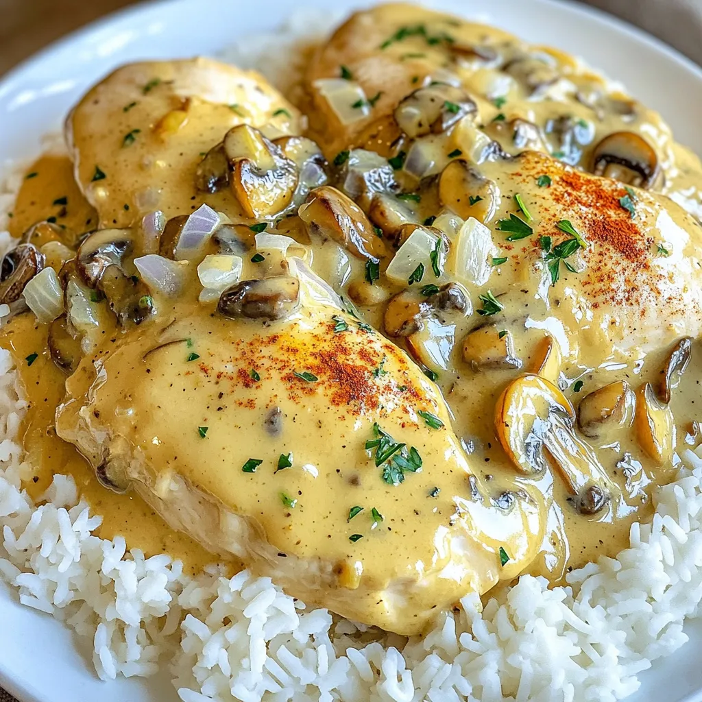 - 4 boneless, skinless chicken breasts - 1 cup of sliced mushrooms (such as cremini or button) - 1 medium onion, finely chopped - 3 cloves garlic, minced - 1 cup chicken broth - 1 cup heavy cream - 2 tablespoons soy sauce (or tamari for gluten-free) - 1 teaspoon dried thyme - 1 teaspoon paprika - Salt and pepper to taste - 2 tablespoons olive oil - Fresh parsley for garnish - Chicken: You can use turkey breasts instead of chicken. - Mushrooms: Try using dried mushrooms or any fresh variety you like. - Heavy cream: Coconut milk works well for a dairy-free option. - Soy sauce: Use tamari for a gluten-free alternative. - Chicken broth: Vegetable broth is a great substitute. - Fluffy rice: White or brown rice soaks up the creamy sauce well. - Creamy mashed potatoes: These add a rich texture to your meal. - Steamed vegetables: Broccoli or green beans add color and nutrients. - Crusty bread: Perfect for mopping up any extra sauce. 1. Sear the Chicken: Start by heating olive oil in a skillet over medium-high heat. Season the chicken breasts with salt, pepper, and paprika. Sear each chicken breast for 3-4 minutes on both sides until they turn golden brown. Once done, remove them from the skillet and set aside. 2. Prepare the Base: In the same skillet, add chopped onions and minced garlic. Sauté these for 2-3 minutes until the onions become translucent. Next, add the sliced mushrooms and cook for another 5 minutes until they soften. 3. Combine the Ingredients: In your slow cooker, place the sautéed onion, garlic, and mushroom mixture. Lay the seared chicken breasts on top of this mixture. 4. Add Liquids & Spices: Pour the chicken broth and soy sauce over the chicken. Sprinkle dried thyme on top. Put the lid on your slow cooker. 5. Cook the Chicken: Set the slow cooker to low. Let it cook for 4-6 hours, or until the chicken is tender and fully cooked. 6. Make it Creamy: After cooking, gently take out the chicken and place it aside. Stir in the heavy cream into the slow cooker until it blends well. Return the chicken to the pot, letting it soak in the creamy sauce for about 10 minutes on a warm setting. 7. Garnish and Serve: Serve the creamy mushroom chicken over rice or mashed potatoes, drizzling extra sauce on top. Finish with freshly chopped parsley for a bright touch. - Use the right heat: Make sure your skillet is hot enough before adding the oil and chicken. This helps create a nice crust. - Don’t crowd the pan: If you have multiple chicken breasts, sear them in batches. Too many at once can lower the heat and steam the chicken instead. - Add cream slowly: Stir the heavy cream into the sauce gradually. This helps achieve the right creaminess without curdling. - Adjust thickness: If the sauce is too thick, add a bit more chicken broth. If it's too thin, let it cook a little longer without the lid to thicken it up. To boost the taste, use fresh herbs. Fresh thyme or rosemary can add great depth. You can also try adding a splash of white wine before cooking. If you like a little kick, add red pepper flakes. For a rich umami flavor, consider adding a tablespoon of miso paste. Finally, a squeeze of lemon juice before serving brightens the dish. Slow cookers have two main settings: low and high. Cooking on low takes about 4-6 hours. This setting lets flavors meld and meats tenderize well. The high setting cooks the dish in about 2-3 hours. Use this if you are short on time. However, I recommend low for the best flavor and texture. One common mistake is overcrowding the slow cooker. Make sure there is enough space for heat to circulate. Another mistake is skipping the searing step. Searing adds a tasty layer of flavor to your chicken. Lastly, avoid lifting the lid too often. Each time you do, heat escapes, which can change cooking time. {{image_2}} You can easily change the flavor of this dish. Adding fresh spinach brings a nice color and nutrition. You can also stir in some cheese, like Parmesan or cream cheese, for a richer taste. Try adding sun-dried tomatoes for a tangy twist. You can also use different mushrooms, like shiitake or portobello, for added depth. If you like heat, add red pepper flakes or diced jalapeños to the sauce. You can also mix in a tablespoon of hot sauce. This will give your creamy mushroom chicken a kick. Just be careful not to add too much heat, as it can overpower the dish. To make this recipe a one-pot meal, add more veggies. Carrots, bell peppers, or zucchini work well. Chop them up and place them in the slow cooker with the chicken. They will cook and soak up the creamy sauce. This not only adds flavor but also makes your meal heartier and more colorful. After enjoying your Slow Cooker Creamy Mushroom Chicken, let leftovers cool. Place them in an airtight container. Store in the fridge for up to three days. Make sure the chicken is fully covered by sauce to keep it moist. To reheat, use a microwave-safe dish. Add a splash of broth or cream to keep it creamy. Heat on medium power in the microwave. Stir occasionally for even heating. You can also reheat it on the stove over low heat. Stir gently until warmed through. You can freeze leftovers for up to three months. Make sure they are in a freezer-safe container. To thaw, move the container to the fridge overnight. For quicker thawing, place the sealed container in cold water. Reheat as mentioned above after thawing. Yes, you can use frozen chicken breasts. Just increase the cooking time by 1-2 hours. Ensure they reach 165°F for safe eating. Thawing first may help with even cooking, but it is not required. You can keep leftovers for up to four days in the fridge. Make sure to store them in an airtight container. Reheat gently on the stove or in the microwave for best taste. Yes, you can make it dairy-free. Use coconut cream or a dairy-free cream alternative. This keeps the dish creamy while avoiding dairy. Adjust the seasonings to ensure great flavor. You can use half-and-half or a mix of milk and cornstarch. For a lighter option, try Greek yogurt. Each option will change the flavor slightly, but they work well in this dish. You learned about the creamy mushroom chicken recipe, from ingredients to cooking tips. Substitutes and side dishes can help customize it for your taste. Remember the steps for cooking and storing leftovers properly. You can enhance flavors and create fun variations too. Enjoy this easy dish and make it your own! Keep experimenting, and you’ll find the perfect version for you. Cooking should be fun, so dive in and enjoy every bite!