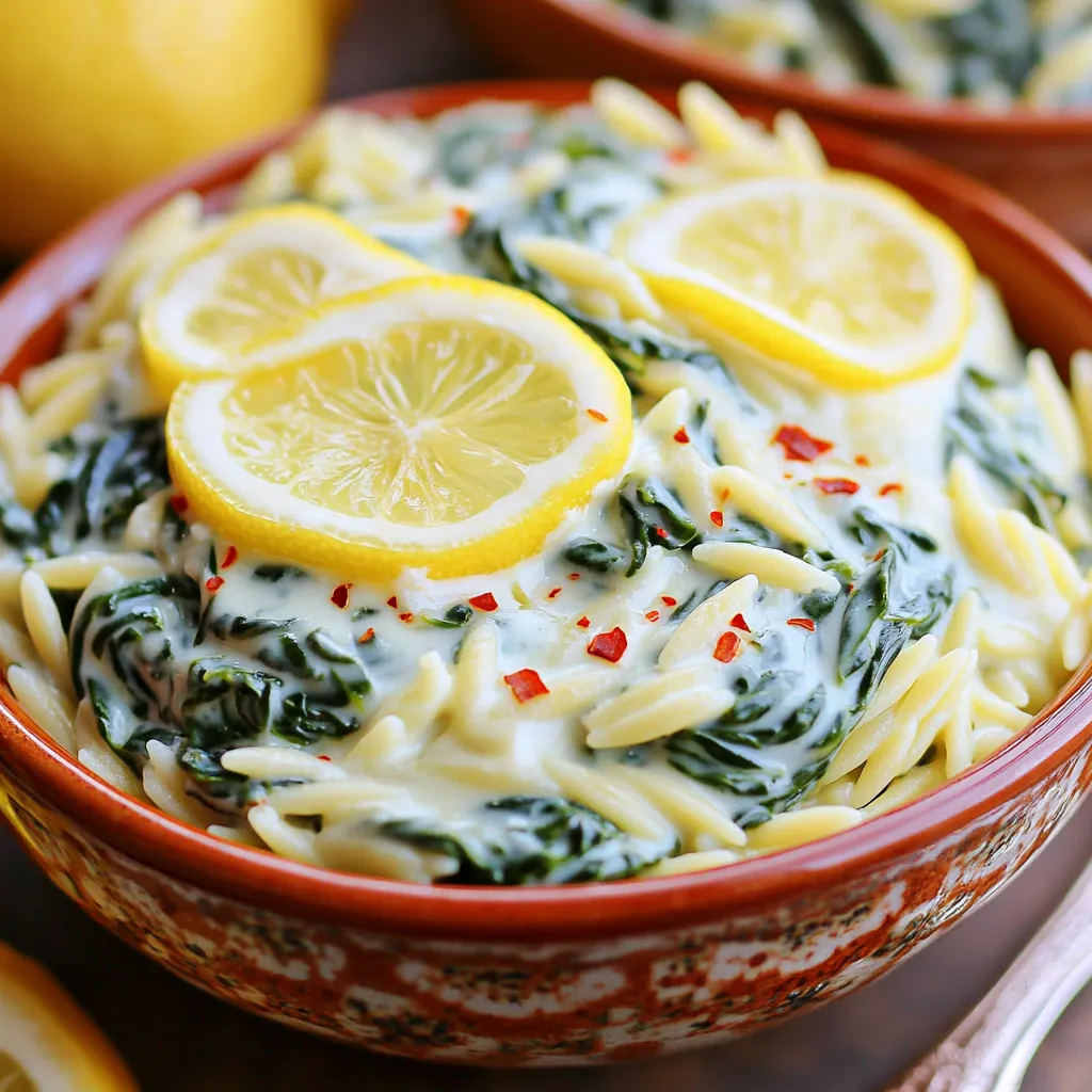 To make Creamy Spinach Parmesan Orzo, you need these simple items: - 1 cup orzo pasta - 2 tablespoons olive oil - 3 cloves garlic, minced - 4 cups fresh spinach, roughly chopped - 1 cup vegetable broth - 1 cup heavy cream - 1 cup grated Parmesan cheese - Salt and pepper to taste - 1 teaspoon lemon zest - 1 tablespoon fresh lemon juice - Optional: red pepper flakes for heat, lemon slices for garnish If you don't have some ingredients, you can swap them out. Here are some ideas: - Orzo Pasta: You can use any small pasta, like ditalini or couscous. - Olive Oil: Canola or avocado oil works well. - Vegetable Broth: Chicken broth is a great alternative for more flavor. - Heavy Cream: Use half-and-half or a non-dairy cream for a lighter option. - Parmesan Cheese: Grana Padano or Pecorino Romano can replace Parmesan. - Spinach: Kale or Swiss chard can add a nice twist. Fresh ingredients make the dish taste better. Here are tips to pick the best: - Spinach: Look for bright, crisp leaves without wilting. - Garlic: Choose firm heads with no sprouting. - Parmesan Cheese: Freshly grated cheese gives the best flavor. - Vegetable Broth: Check the label for low sodium options. Using fresh items ensures your Creamy Spinach Parmesan Orzo will be delicious and vibrant. Enjoy your cooking! First, bring a pot of salted water to boil. Add 1 cup of orzo pasta. Cook the orzo for about 8-10 minutes, or until it is tender. Stir it occasionally to keep it from sticking. Once it's done, drain the orzo in a colander and set it aside. This step is key to getting the perfect texture for your dish. Next, heat 2 tablespoons of olive oil in a large skillet over medium heat. Add 3 cloves of minced garlic. Sauté the garlic for 1-2 minutes until it smells good. Then, add 4 cups of roughly chopped spinach to the skillet. Cook the spinach for about 3-4 minutes, or until it wilts down nicely. The garlic and spinach will create a lovely base for the sauce. Now, pour in 1 cup of vegetable broth and mix it well. Allow this to simmer for a few minutes. After that, reduce the heat to low. Stir in 1 cup of heavy cream and 1 cup of grated Parmesan cheese. Keep mixing until the cheese melts and you have a creamy sauce. Finally, add the cooked orzo to the skillet. Stir well to coat the pasta with the sauce. Don’t forget to season with salt, pepper, 1 teaspoon of lemon zest, and 1 tablespoon of fresh lemon juice. Mix until everything is well combined. This will give your dish a fresh and zesty flavor. When making Creamy Spinach Parmesan Orzo, a few mistakes can ruin your dish. First, don’t overcook the orzo. It should be al dente, or firm to the bite. Second, avoid using low-quality cheese. Freshly grated Parmesan gives the best flavor and melt. Lastly, watch your seasoning. Taste as you go to find the right balance. To get a rich, creamy texture, start with heavy cream. This adds a smooth finish. Stir the cream in slowly over low heat. This helps it blend well with the cheese. Don’t rush; let the cheese melt gently. Adding lemon juice and zest brightens the sauce without making it too heavy. Seasoning makes your orzo shine. Salt and pepper are must-haves. For some heat, sprinkle in red pepper flakes. Fresh lemon juice adds a zesty kick. Taste your dish before serving. Adjust the seasonings until it tastes just right. Take your time with this step, as it can make all the difference. {{image_2}} You can easily make a vegan version of creamy spinach orzo. Replace heavy cream with coconut milk or any plant-based cream. Use nutritional yeast instead of Parmesan cheese. This gives a cheesy flavor without dairy. You can also add a touch of lemon juice for brightness. Want to boost nutrition? Add cooked chickpeas or white beans to the dish. They add protein and fiber. You can also toss in diced bell peppers or carrots for extra veggies. These additions will make the dish even more filling and colorful. For a flavor twist, try different herbs. Fresh basil or parsley can brighten the dish. If you like heat, sprinkle in red pepper flakes. You can also add sun-dried tomatoes for a sweet touch. Experiment with flavors to find what you love best. After you cook the creamy spinach Parmesan orzo, let it cool down. Once it's at room temperature, store it in an airtight container. This keeps it fresh and helps it last longer. Place the container in the fridge. The orzo will stay good for about three days. Make sure to label the container with the date to keep track. When you're ready to enjoy leftovers, take the orzo out of the fridge. You can reheat it in a pot on the stove. Add a splash of vegetable broth or cream to help it stay creamy. Heat it on low, stirring often, until it's warm. You can also use the microwave. Just cover the bowl and heat it in short bursts. Stir in between to make sure it heats evenly. If you want to save some orzo for later, freezing is a great option. Start by letting it cool completely. Spoon the orzo into freezer-safe bags or containers. Remove as much air as possible before sealing. Label the bags with the date. You can freeze the orzo for up to three months. When you want to eat it, thaw it in the fridge overnight before reheating. Yes, you can! While orzo works great, feel free to try other pasta shapes. Small pasta like ditalini or even penne can fit well. Just remember to adjust cooking times based on the pasta you choose. The key is to cook it al dente, so it holds its shape in the creamy sauce. If you want a lighter option, use half-and-half or full-fat milk. For a dairy-free choice, try coconut cream or almond milk. Just make sure to add a bit of starch, like cornstarch, to help thicken the sauce. This keeps the creamy texture you love in this dish. This dish stays fresh in the fridge for about 3 to 4 days. Store it in an airtight container to keep it tasty. When you are ready to eat it, just reheat on the stove or microwave until warm. If it looks dry, add a splash of broth or cream for moisture. This blog covers all you need to know about creamy spinach orzo. We explored the essential ingredients and how to pick fresh ones. Then, I shared simple steps for cooking and making the creamy sauce. You learned common mistakes and tips for a perfect texture. I also offered vegan options and ways to add nutrition. Lastly, we discussed how to store your leftovers. Make this dish your own. Adjust it to your taste and enjoy every bite!
