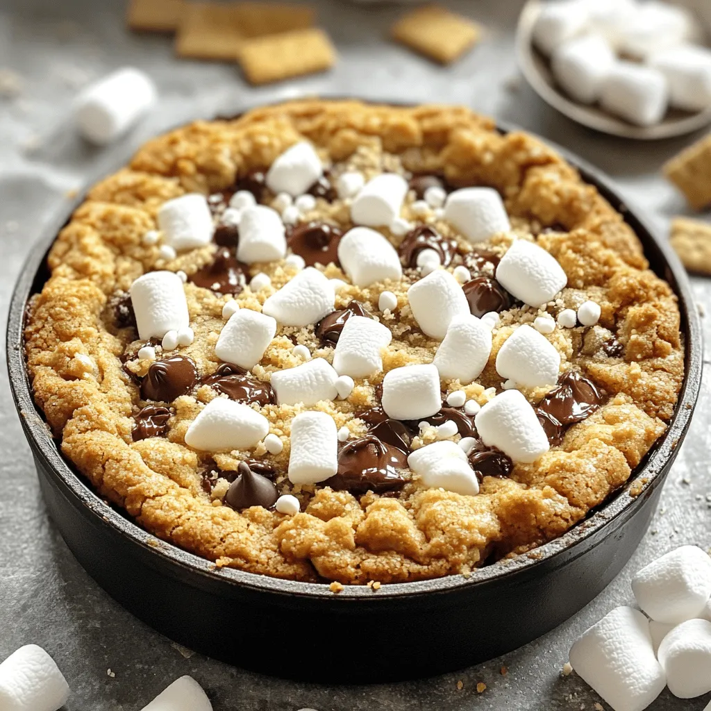 For my S’mores Cookie Skillet, I use these simple ingredients: - 1 cup all-purpose flour - 1/2 teaspoon baking soda - 1/4 teaspoon salt - 1/2 cup unsalted butter, softened - 1/2 cup brown sugar, packed - 1/4 cup granulated sugar - 1 teaspoon vanilla extract - 1 large egg - 1 cup chocolate chips - 1 cup mini marshmallows - 1/2 cup crushed graham crackers (plus extra for topping) If you need to change things up, you can swap some items. Use coconut oil instead of butter for a dairy-free option. You can also use whole wheat flour instead of all-purpose flour for a heartier texture. For a nutty flavor, add in some chopped nuts or use nut butter in the dough. Dark chocolate chips can give a richer taste if you prefer. Using fresh ingredients makes a big difference in taste. Fresh butter adds creaminess, while fresh eggs help the dough rise. Good quality chocolate chips melt better and provide that gooey goodness. Fresh mini marshmallows toast nicely and add a soft texture. Always check the dates on your ingredients to ensure the best flavor in your cookie skillet. Freshness matters! First, set your oven to 350°F (175°C). Preheating helps the cookie bake evenly. Next, grease your cast-iron skillet. This step stops the cookie from sticking. Use butter or cooking spray for this task. Make sure to coat the bottom and sides well. In a large bowl, add softened butter, brown sugar, and granulated sugar. Use an electric mixer to blend these together. Mix until the mixture looks light and fluffy. This step takes about 2-3 minutes. Then, add one large egg and a teaspoon of vanilla extract. Mix again until everything is combined smoothly. Take a medium bowl. In it, whisk together one cup of all-purpose flour, 1/2 teaspoon of baking soda, and 1/4 teaspoon of salt. Then, slowly add this dry mix to the wet ingredients. Be careful not to overmix. Once combined, gently fold in one cup of chocolate chips and 1/2 cup of crushed graham crackers. Set aside a handful of each for later. Now, pour the cookie dough into your greased skillet. Spread it evenly across the bottom. Next, sprinkle the mini marshmallows and the reserved chocolate chips and graham crackers on top. Place the skillet in the preheated oven. Bake for 20-25 minutes. The edges should turn golden brown, and the center must be set. After baking, remove the skillet and let it cool for a few minutes. Enjoy your warm S’mores Cookie Skillet! To get the best texture in your S’mores Cookie Skillet, follow these steps: - Use room temperature butter. This helps the cookie mix well. - Do not overmix the dough. Mix until just combined for a softer cookie. - Check the baking time. The edges should be golden, and the center should be set. For perfectly melted marshmallows, try these tips: - Add marshmallows halfway through baking. This prevents them from burning. - Use mini marshmallows for even melting. They spread better and get gooey. - Broil for a minute at the end. This gives a nice toasted finish to the marshmallows. When serving your S’mores Cookie Skillet, think about these ideas: - Serve warm right from the skillet. This keeps it gooey and fun. - Add extra marshmallows on the side. Guests can toast them for fun. - Drizzle with chocolate sauce or top with whipped cream for extra sweetness. - Sprinkle crushed graham crackers on top for a crunchy finish. {{image_2}} You can change the flavor of your S’mores Cookie Skillet easily. Try adding peanut butter for a rich twist. Just mix in 1/2 cup of peanut butter with the butter and sugars. Another fun flavor is mint. Add a few drops of mint extract to the dough for a fresh taste. Toppings can make this dessert even better. Instead of mini marshmallows, use large marshmallows for a gooey top. You could also try adding crushed candy bars on top for extra sweetness. Chopped nuts, like pecans or walnuts, can add crunch too. Drizzling chocolate sauce over the top gives it a nice finish. If you want a gluten-free version, use almond flour or a gluten-free blend instead of all-purpose flour. For a vegan option, swap the egg for 1/4 cup of applesauce. Use vegan butter and dairy-free chocolate chips to keep it plant-based. These changes let everyone enjoy this sweet treat! After enjoying your S’mores Cookie Skillet, let it cool. Then, cover it tightly with plastic wrap or aluminum foil. This helps keep it fresh. You can also store it in an airtight container. Leftovers stay good for about three days at room temperature. When you want to enjoy your leftovers, preheat your oven to 350°F (175°C). Place the skillet in the oven for about 10 minutes. This warms the cookie and melts the chocolate again. If you want a quick fix, you can use a microwave. Heat one slice for about 15-20 seconds. This will warm it up nicely, but the oven gives better texture. You can freeze S’mores Cookie Skillet for later. First, let it cool completely. Then, cut it into slices. Wrap each slice tightly in plastic wrap, then place them in a freezer bag. Make sure to label the bag with the date. You can freeze it for up to three months. When ready to eat, thaw it in the fridge overnight and reheat as mentioned above. A S’mores Cookie Skillet is a warm, gooey dessert. It blends cookie dough with chocolate, marshmallows, and graham crackers. You bake it in a cast-iron skillet. The result is a crispy edge and a soft center. It gives you that classic campfire s'mores taste. Yes, you can prepare the dough ahead of time. Mix the wet and dry ingredients, then chill the dough. When ready, spread it in the skillet and bake. This saves time on busy days. However, I recommend baking it fresh for the best taste. Serve it warm right from the oven. You can add extra mini marshmallows on the side for toasting. Drizzling with chocolate sauce or adding whipped cream makes it even better. Use spoons to serve it directly from the skillet for a fun touch. To boost the chocolate flavor, add more chocolate chips. You can mix in some chopped chocolate bars too. Another option is to drizzle melted chocolate on top before serving. This way, every bite is rich and chocolaty. After exploring the key ingredients, step-by-step instructions, helpful tips, and various adaptations, you now have all the tools to make a delicious S’mores Cookie Skillet. Fresh ingredients matter, and following each step ensures perfect results. Don’t be afraid to experiment with flavors and toppings. Whether you’re serving it warm or storing for later, this treat will delight anyone who tries it. Enjoy creating your own tasty memories with this fun recipe!