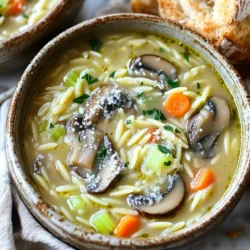 To make One-Pot Creamy Mushroom Orzo Soup, gather these ingredients: - 1 cup orzo pasta - 2 tablespoons olive oil - 1 medium onion, chopped - 3 garlic cloves, minced - 8 ounces cremini mushrooms, sliced - 1 medium carrot, diced - 1 celery stalk, diced - 4 cups vegetable broth - 1 cup heavy cream (or coconut milk for a lighter version) - 1 teaspoon dried thyme - Salt and pepper to taste - Fresh parsley, chopped (for garnish) - Grated Parmesan cheese (optional, for serving) You can add some optional ingredients to enhance the soup's flavor: - Fresh thyme sprigs for a pop of freshness - A splash of white wine for depth - Spinach or kale for extra greens Feel free to swap out some ingredients based on what you have: - Use any small pasta if you don't have orzo. - Swap olive oil for butter for a richer flavor. - Replace heavy cream with Greek yogurt for creaminess with less fat. - Use vegetable broth for chicken broth if you prefer. - Coconut milk works great for a vegan option and adds a nice flavor. First, grab a large pot or Dutch oven. Heat 2 tablespoons of olive oil over medium heat. Add 1 chopped onion and cook for about 3-4 minutes. You want the onion to soften. Next, stir in 3 minced garlic cloves. Cook for 1 more minute until the garlic smells great. Now, it's time for the fun part! Add 8 ounces of sliced cremini mushrooms, 1 diced carrot, and 1 diced celery stalk to the pot. Sauté these for 5-7 minutes. You’re looking for browned mushrooms and tender veggies. They should look colorful and inviting. Pour in 4 cups of vegetable broth and bring it to a boil. Once it bubbles, add 1 cup of orzo pasta and 1 teaspoon of dried thyme. Stir it well and lower the heat to simmer. Cook uncovered for about 10 minutes. Check that the orzo is al dente and cooked just right. Now, let’s make it creamy! Stir in 1 cup of heavy cream, or use coconut milk for a lighter taste. Allow the soup to heat through for 2-3 minutes. Taste it and add salt and pepper as needed. You want the flavors to shine. Remove the pot from heat. Garnish your soup with fresh chopped parsley. For a treat, add some grated Parmesan cheese on top of each bowl. This adds a nice touch and extra flavor. Enjoy your delicious one-pot creamy mushroom orzo soup! One common mistake is overcooking the orzo. It can become mushy if cooked too long. Watch the timer and check for al dente texture, which means it should have a slight bite. Another mistake is skipping the seasoning. Salt and pepper enhance the soup's flavor, so taste and adjust as needed. Lastly, don't rush the sautéing process. Properly cooked onions and garlic add depth to your soup. To boost flavor, add fresh herbs like thyme or basil. You can also try a splash of lemon juice for brightness. If you want it spicy, a pinch of red pepper flakes works well. For a richer taste, use mushroom broth instead of vegetable broth. This adds umami and makes your soup even more delightful. Serve the soup in deep bowls for a cozy feel. Drizzle with extra cream and sprinkle fresh parsley on top. If you like cheese, add grated Parmesan for creaminess. Pair the soup with crusty bread for dipping; it's a perfect match! You can also serve a light salad on the side to brighten the meal. {{image_2}} You can make this soup vegan by using coconut milk instead of heavy cream. Coconut milk gives the soup a rich, creamy taste. It also adds a hint of sweetness that pairs well with the mushrooms. Use one cup of coconut milk in place of cream. The result is a light and tasty soup that everyone will love. If you want more protein, try adding chicken or tofu. For chicken, use cooked, shredded meat. Stir it in after adding the cream. This adds a nice texture and boosts flavor. For tofu, use firm or extra-firm tofu. Cut it into cubes and sauté it with the onions and garlic. This keeps the tofu crispy and flavorful in your soup. Feel free to mix different veggies into your soup. You can add spinach, kale, or peas for a pop of color and taste. Zucchini or bell peppers also work well. Just chop them up and add them when you cook the mushrooms. This way, you can make the soup your own while keeping it healthy and delicious. After enjoying your One-Pot Creamy Mushroom Orzo Soup, let it cool. Use an airtight container to store it in the fridge. The soup stays fresh for up to four days. Make sure to label the container with the date. This helps you keep track of how long it’s been stored. When you're ready to eat the leftovers, pour the soup into a pot. Heat it on medium-low. Stir often to keep it from sticking. If the soup is too thick, add a splash of broth or water. Heat until warm, about five to ten minutes. You can also use the microwave. Place the soup in a microwave-safe bowl, cover it loosely, and heat in one-minute bursts until hot. For long-term storage, you can freeze the soup. First, let it cool completely. Transfer the soup into freezer-safe containers. Leave some space at the top to allow for expansion. The soup can last in the freezer for up to three months. To thaw, place it in the fridge overnight. You can also use the microwave for a quick thaw. Yes, you can use other pasta. Try small shapes like ditalini or macaroni. Just adjust cooking time. Make sure to check package instructions for details. To make this soup gluten-free, swap orzo with gluten-free pasta. You can also use rice or quinoa. Be sure to cook them separately or adjust broth for cooking. Add cooked chicken, shrimp, or beans for protein. Tofu is great for a plant-based option. Mix in what you like for a hearty meal. The soup stays fresh in the fridge for about three to four days. Store it in an airtight container. Reheat on the stove for the best taste. Yes, you can make this soup ahead of time. Just store it in the fridge. You may want to add pasta just before serving for the best texture. This soup recipe is simple and tasty. I shared a complete ingredient list and possible substitutions. You learned step-by-step instructions, so you can make it right. I provided tips to avoid mistakes and enhance flavors. You also saw variations to fit different diets and preferences. In conclusion, this soup is versatile. It works for any meal. Enjoy experimenting with ingredients and serving styles. Share it with friends, and savor every spoonful!