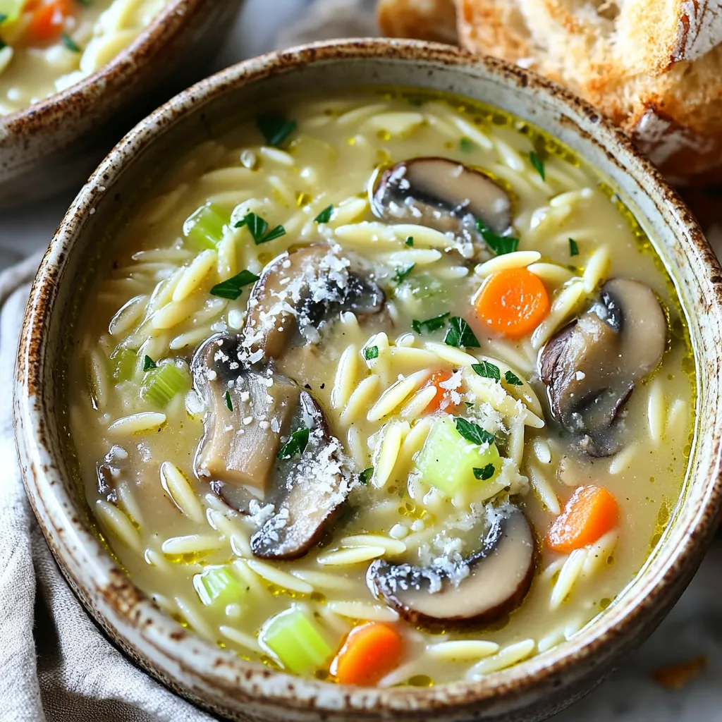 To make One-Pot Creamy Mushroom Orzo Soup, gather these ingredients: - 1 cup orzo pasta - 2 tablespoons olive oil - 1 medium onion, chopped - 3 garlic cloves, minced - 8 ounces cremini mushrooms, sliced - 1 medium carrot, diced - 1 celery stalk, diced - 4 cups vegetable broth - 1 cup heavy cream (or coconut milk for a lighter version) - 1 teaspoon dried thyme - Salt and pepper to taste - Fresh parsley, chopped (for garnish) - Grated Parmesan cheese (optional, for serving) You can add some optional ingredients to enhance the soup's flavor: - Fresh thyme sprigs for a pop of freshness - A splash of white wine for depth - Spinach or kale for extra greens Feel free to swap out some ingredients based on what you have: - Use any small pasta if you don't have orzo. - Swap olive oil for butter for a richer flavor. - Replace heavy cream with Greek yogurt for creaminess with less fat. - Use vegetable broth for chicken broth if you prefer. - Coconut milk works great for a vegan option and adds a nice flavor. First, grab a large pot or Dutch oven. Heat 2 tablespoons of olive oil over medium heat. Add 1 chopped onion and cook for about 3-4 minutes. You want the onion to soften. Next, stir in 3 minced garlic cloves. Cook for 1 more minute until the garlic smells great. Now, it's time for the fun part! Add 8 ounces of sliced cremini mushrooms, 1 diced carrot, and 1 diced celery stalk to the pot. Sauté these for 5-7 minutes. You’re looking for browned mushrooms and tender veggies. They should look colorful and inviting. Pour in 4 cups of vegetable broth and bring it to a boil. Once it bubbles, add 1 cup of orzo pasta and 1 teaspoon of dried thyme. Stir it well and lower the heat to simmer. Cook uncovered for about 10 minutes. Check that the orzo is al dente and cooked just right. Now, let’s make it creamy! Stir in 1 cup of heavy cream, or use coconut milk for a lighter taste. Allow the soup to heat through for 2-3 minutes. Taste it and add salt and pepper as needed. You want the flavors to shine. Remove the pot from heat. Garnish your soup with fresh chopped parsley. For a treat, add some grated Parmesan cheese on top of each bowl. This adds a nice touch and extra flavor. Enjoy your delicious one-pot creamy mushroom orzo soup! One common mistake is overcooking the orzo. It can become mushy if cooked too long. Watch the timer and check for al dente texture, which means it should have a slight bite. Another mistake is skipping the seasoning. Salt and pepper enhance the soup's flavor, so taste and adjust as needed. Lastly, don't rush the sautéing process. Properly cooked onions and garlic add depth to your soup. To boost flavor, add fresh herbs like thyme or basil. You can also try a splash of lemon juice for brightness. If you want it spicy, a pinch of red pepper flakes works well. For a richer taste, use mushroom broth instead of vegetable broth. This adds umami and makes your soup even more delightful. Serve the soup in deep bowls for a cozy feel. Drizzle with extra cream and sprinkle fresh parsley on top. If you like cheese, add grated Parmesan for creaminess. Pair the soup with crusty bread for dipping; it's a perfect match! You can also serve a light salad on the side to brighten the meal. {{image_2}} You can make this soup vegan by using coconut milk instead of heavy cream. Coconut milk gives the soup a rich, creamy taste. It also adds a hint of sweetness that pairs well with the mushrooms. Use one cup of coconut milk in place of cream. The result is a light and tasty soup that everyone will love. If you want more protein, try adding chicken or tofu. For chicken, use cooked, shredded meat. Stir it in after adding the cream. This adds a nice texture and boosts flavor. For tofu, use firm or extra-firm tofu. Cut it into cubes and sauté it with the onions and garlic. This keeps the tofu crispy and flavorful in your soup. Feel free to mix different veggies into your soup. You can add spinach, kale, or peas for a pop of color and taste. Zucchini or bell peppers also work well. Just chop them up and add them when you cook the mushrooms. This way, you can make the soup your own while keeping it healthy and delicious. After enjoying your One-Pot Creamy Mushroom Orzo Soup, let it cool. Use an airtight container to store it in the fridge. The soup stays fresh for up to four days. Make sure to label the container with the date. This helps you keep track of how long it’s been stored. When you're ready to eat the leftovers, pour the soup into a pot. Heat it on medium-low. Stir often to keep it from sticking. If the soup is too thick, add a splash of broth or water. Heat until warm, about five to ten minutes. You can also use the microwave. Place the soup in a microwave-safe bowl, cover it loosely, and heat in one-minute bursts until hot. For long-term storage, you can freeze the soup. First, let it cool completely. Transfer the soup into freezer-safe containers. Leave some space at the top to allow for expansion. The soup can last in the freezer for up to three months. To thaw, place it in the fridge overnight. You can also use the microwave for a quick thaw. Yes, you can use other pasta. Try small shapes like ditalini or macaroni. Just adjust cooking time. Make sure to check package instructions for details. To make this soup gluten-free, swap orzo with gluten-free pasta. You can also use rice or quinoa. Be sure to cook them separately or adjust broth for cooking. Add cooked chicken, shrimp, or beans for protein. Tofu is great for a plant-based option. Mix in what you like for a hearty meal. The soup stays fresh in the fridge for about three to four days. Store it in an airtight container. Reheat on the stove for the best taste. Yes, you can make this soup ahead of time. Just store it in the fridge. You may want to add pasta just before serving for the best texture. This soup recipe is simple and tasty. I shared a complete ingredient list and possible substitutions. You learned step-by-step instructions, so you can make it right. I provided tips to avoid mistakes and enhance flavors. You also saw variations to fit different diets and preferences. In conclusion, this soup is versatile. It works for any meal. Enjoy experimenting with ingredients and serving styles. Share it with friends, and savor every spoonful!