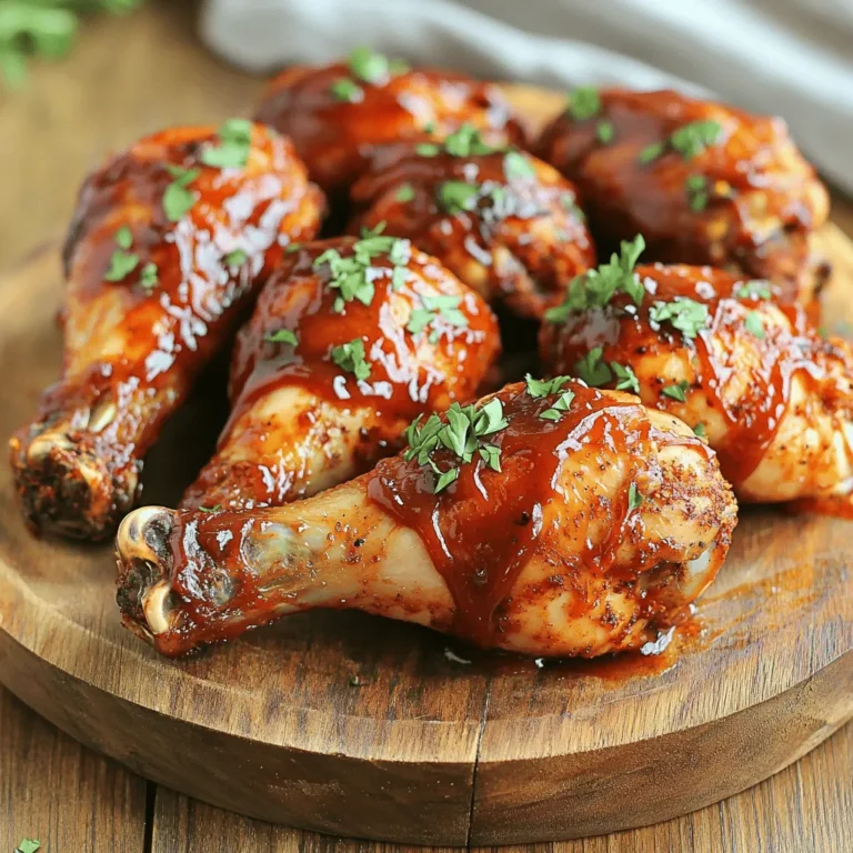 To make crispy BBQ chicken drumsticks, gather these ingredients: - 2 lbs chicken drumsticks - 1 tablespoon olive oil - 1 teaspoon garlic powder - 1 teaspoon onion powder - 1 teaspoon smoked paprika - 1 teaspoon chili powder - 1 teaspoon salt - 1/2 teaspoon black pepper - 1/2 cup BBQ sauce (your choice) - Fresh parsley, chopped (for garnish) These ingredients work together to create a tasty and satisfying dish. Each seasoning in this recipe plays an important role: - Garlic powder adds a strong flavor that enhances the chicken. - Onion powder gives a sweet touch that balances the spices. - Smoked paprika brings a rich, smoky flavor, making the dish unique. - Chili powder adds a mild heat that wakes up your taste buds. - Salt is key for bringing out the flavors in all the ingredients. - Black pepper adds a slight kick and depth to the mix. These seasonings work together to make the chicken drumsticks flavorful and exciting. Choosing the right BBQ sauce can elevate your drumsticks. Here are some good options: - Sweet and smoky sauce enhances the juicy chicken with a rich flavor. - Spicy BBQ sauce gives the drumsticks a bold kick that many love. - Honey BBQ sauce offers a sweet glaze that caramelizes nicely in the air fryer. - Homemade BBQ sauce allows you to control the flavors and sweetness. Experiment with different sauces to find the one that suits your taste best! To make the best crispy BBQ chicken drumsticks, start by removing moisture. Pat each drumstick dry with paper towels. This step is key. Less moisture means crispier skin. If you skip this, your drumsticks may be soggy. Next, it’s time to season your drumsticks. In a large bowl, drizzle one tablespoon of olive oil over them. This oil helps the spices stick. Now, add one teaspoon each of garlic powder, onion powder, smoked paprika, and chili powder. Sprinkle in one teaspoon of salt and half a teaspoon of black pepper. Toss the drumsticks well. Make sure every piece gets coated. This ensures maximum flavor in every bite. Preheat your air fryer to 400°F (200°C) for about five minutes. This step is important for even cooking. Place the seasoned drumsticks in a single layer in the basket. They should not touch. Cook them at 400°F for 25-30 minutes. Flip them halfway through for even crispiness. Use a meat thermometer to check. The internal temperature should reach 165°F (75°C). When done, brush on your favorite BBQ sauce in the last five minutes. This gives a sticky, tasty glaze. Let the drumsticks rest for five minutes after cooking. This helps keep them juicy. To get that perfect crispy skin on your drumsticks, start by drying them well using paper towels. Removing moisture helps the skin crisp up. Next, coat the chicken with olive oil. This step not only adds flavor but also helps with browning. Use a mix of seasonings like garlic powder, onion powder, smoked paprika, chili powder, salt, and black pepper. Toss the drumsticks well until they are evenly coated with the spices. For extra crispiness, make sure the drumsticks are in a single layer in the air fryer. One common mistake is overcrowding the air fryer basket. When drumsticks touch, they steam instead of crisping. Always cook in batches if needed. Another mistake is not preheating the air fryer. Preheating allows for even cooking and a better texture. Avoid skipping the last step of glazing with BBQ sauce. This final touch adds flavor and helps create a sticky, delicious coating. Lastly, do not forget to flip the drumsticks halfway through cooking. This ensures that both sides get equally crispy. Follow some simple best practices for great results. Always preheat your air fryer to 400°F (200°C) for about 5 minutes. This helps reach the right temperature quickly. Use a meat thermometer to check doneness. The internal temperature should reach 165°F (75°C). Let the chicken rest for 5 minutes after cooking. This allows the juices to redistribute, making each bite tender and juicy. Finally, consider serving your drumsticks with sides like coleslaw or cornbread. This makes for a well-rounded meal that everyone will enjoy! {{image_2}} You can switch up the seasoning for your drumsticks. Try using a mix of cumin, paprika, and oregano. This blend adds a warm and earthy flavor. Another option is a lemon-pepper mix. It gives a bright and zesty taste to the chicken. If you want a kick, use cayenne pepper or chipotle powder. Each blend brings a new twist to the dish. BBQ sauce is key to great flavor. You can use a classic tomato-based sauce for a sweet taste. For something spicy, look for a sauce with jalapeños or chipotle. A vinegar-based sauce gives a tangy kick that pairs well with crispy skin. If you love fruity flavors, try apricot or peach BBQ sauce. Each sauce offers a unique experience with your drumsticks. You can use other cuts of chicken too. Thighs and wings are great options. They can cook just as well in the air fryer. Adjust the cooking time slightly. Drumsticks take about 25-30 minutes. Thighs may need 30-35 minutes, while wings can be done in about 20-25 minutes. Always check the internal temperature. It should reach 165°F to ensure safety. After enjoying your crispy BBQ chicken drumsticks, store any leftovers in an airtight container. This keeps the chicken fresh and tasty. Place the drumsticks in the fridge if you plan to eat them within three days. Make sure to let them cool to room temperature before sealing the container. To reheat your drumsticks, use the air fryer for the best results. Preheat your air fryer to 350°F (175°C). Place the drumsticks in the basket and heat for about 5 to 8 minutes. This method helps restore their crispy texture. You can also reheat them in the oven at 350°F. Just lay them on a baking sheet for about 10 minutes. If you want to save drumsticks for later, freezing is a great option. Wrap each drumstick tightly in plastic wrap or aluminum foil. Then, place them in a freezer-safe bag. Remove as much air as you can to prevent freezer burn. Label the bag with the date. You can freeze them for up to three months. When you're ready to eat, thaw them in the fridge overnight before reheating. You can check the internal temperature of the drumsticks. Use a meat thermometer. The safe temperature is 165°F (75°C). If you do not have a thermometer, check that the juices run clear when you pierce the meat. The skin should be crispy and golden brown. Yes, you can marinate the drumsticks for more flavor. Use your favorite marinade. A mix of olive oil, garlic, and herbs works well. Marinate for at least 30 minutes or up to overnight. This makes the chicken juicy and tasty. BBQ chicken drumsticks go great with many sides. You can serve them with coleslaw for crunch. Cornbread is a sweet choice that pairs nicely. Grilled veggies or a fresh salad also work well. You can even add baked beans for a hearty meal. In this post, we explored the best ways to cook delicious BBQ chicken drumsticks. We covered important ingredients, step-by-step cooking instructions, and tips for perfect crispiness. You learned about seasoning blends, sauce options, and how to avoid common mistakes. Proper storage and reheating were also discussed to keep your leftovers tasty. By following these steps, you can enjoy flavorful drumsticks that everyone loves. Have fun experimenting with variations to make each meal unique! Your air fryer can turn simple drumsticks into a crowd-pleaser every time.