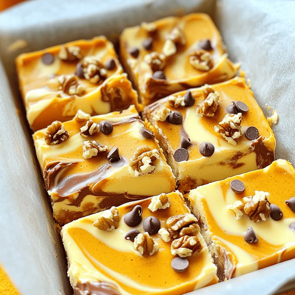 - 2 cups white chocolate chips - 1 cup pumpkin puree - 1 cup cream cheese, softened - 1/2 cup sweetened condensed milk - 1 teaspoon vanilla extract - 1 teaspoon pumpkin pie spice - 1/4 teaspoon salt The main ingredients create the rich taste of this fudge. The white chocolate chips provide creaminess. Pumpkin puree adds a warm, earthy flavor. Cream cheese gives a nice tang that blends well. Sweetened condensed milk adds sweetness and helps with texture. Vanilla extract enhances the overall flavor. Pumpkin pie spice brings in that cozy fall taste. A touch of salt balances all these flavors. - 1/2 cup chopped walnuts - 1/4 cup mini chocolate chips If you want to add some crunch, chopped walnuts are great. They give a nice texture contrast. Mini chocolate chips on top add extra sweetness. You can mix and match these options based on your taste. - Microwave-safe bowl - Baking dish (8x8 inches) - Parchment paper You need a microwave-safe bowl to melt the chocolate. A baking dish lined with parchment paper makes cleanup easy. The parchment paper helps lift the fudge out later. All these tools help make the process smooth and fun. To start, grab an 8x8 inch baking dish. Line it with parchment paper. Let the paper hang over the edges. This helps you lift the fudge out later. Next, take a microwave-safe bowl. Add the white chocolate chips to it. Heat them in the microwave. Use 30-second bursts and stir after each interval. Keep going until the chocolate is smooth. Now, get a separate bowl. Mix the softened cream cheese and pumpkin puree together. Add the sweetened condensed milk, vanilla extract, pumpkin pie spice, and salt. Stir until everything is smooth and creamy. Divide the melted white chocolate into two bowls. One bowl is for fudge, and the other is for cheesecake. Add half of the melted chocolate to the pumpkin mix. Stir until it is well blended. Pour the remaining melted white chocolate into your lined baking dish. Spread it evenly to create a fudge base. Now, take spoonfuls of the pumpkin cheesecake mixture. Drop them over the fudge base. Using a knife or skewer, gently swirl the pumpkin mix into the fudge. This creates a beautiful marbled effect. If you want, sprinkle chopped walnuts and mini chocolate chips on top. These add great texture. Now, place the dish in the fridge. Let it chill for at least 4 hours, or until it is set. Once set, lift the fudge out using the parchment paper. Cut it into squares and enjoy! Measuring your ingredients is key for great fudge. Use a kitchen scale for accuracy. Too much or too little of anything can change the texture. Make sure to pack your pumpkin puree lightly. This keeps the fudge creamy. Also, soften your cream cheese fully. This helps it mix well and stay smooth. You can boost the flavor with more spices. Try adding a pinch of nutmeg or cinnamon for warmth. You can also mix in a bit of maple syrup for extra sweetness. If you love nuts, chopped pecans can add a nice crunch. Vanilla bean paste is another great option for a richer taste. Chocolate can seize if it gets too hot or if water gets in it. Always melt chocolate in short bursts. Stir in between each round in the microwave. If you use a bowl, make sure it's dry. Even a drop of water can ruin your chocolate. If it starts to thicken, add a tiny bit of cream to help smooth it out. {{image_2}} You can change the flavor of your fudge. Use different spices or add zest. Consider using cinnamon, nutmeg, or even ginger. These flavors add warmth and depth. Try adding maple syrup for a sweet twist. You can skip the pumpkin puree for a plain cheesecake fudge. This way, you keep the creamy texture without the pumpkin. Making this fudge vegan is easy. Replace cream cheese with a vegan cream cheese. Use coconut milk instead of sweetened condensed milk. Choose dairy-free chocolate chips for a smooth melt. You can still get that creamy texture without dairy. It’s a great way for everyone to enjoy this treat. Toppings can make your fudge special. Try crushed graham crackers for a cheesecake crunch. Drizzle caramel sauce on top for extra sweetness. You can also use chopped pecans or almonds for a nutty flavor. Mini marshmallows add a fun touch too. Get creative with your toppings to match your taste! To keep your pumpkin cheesecake swirl fudge fresh, store it in an airtight container. Place a layer of parchment paper between the fudge and the lid. This helps prevent sticking and keeps the fudge soft. You can also wrap individual squares in plastic wrap for easy snacking later. If you want to save some fudge for later, freezing is a great option. Cut the fudge into squares and layer them in a freezer-safe container. Place parchment paper between each layer to avoid sticking. Seal the container tightly and freeze. It will stay good for up to three months. When you’re ready to enjoy, let it thaw in the fridge overnight. In the refrigerator, your fudge will stay fresh for about one week. Make sure to keep it in an airtight container. If you notice any changes in smell or texture, it’s best to toss it out. Enjoy your fudge while it’s fresh for the best taste! Yes, you can use milk chocolate. It will change the taste and look. Milk chocolate has a sweeter flavor and a creamier texture. This may make your fudge richer and less pumpkin-forward. If you love chocolate, it’s a great choice! Absolutely! You can use banana puree or applesauce instead. Both options add moisture and sweetness. If you want a different flavor, try using butterscotch or caramel sauce. These choices will still create a tasty fudge, just with a new twist! To cut fudge neatly, chill it well first. Once it’s set, use a sharp knife. Clean the knife between cuts for smooth edges. You can also score the fudge lightly before cutting. This helps guide your knife and keeps the squares even. This blog covered key ingredients, steps, and storage tips for making delicious fudge. We explored essential items like white chocolate, pumpkin puree, and cream cheese. Following the steps ensures you create a great texture and flavor. Remember to use fresh ingredients and feel free to try different toppings or variations. With proper storage, your fudge will stay fresh and tasty. Enjoy making this delightful treat, and share it with friends and family. Happy baking!