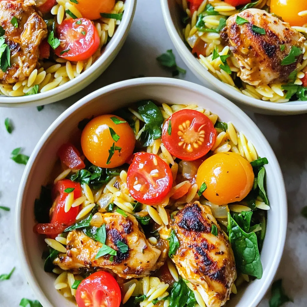 - 1 lb (450g) boneless, skinless chicken thighs, diced - 1 cup orzo pasta - 1 medium onion, finely chopped - 2 cloves garlic, minced - 2 tablespoons Cajun seasoning - 1 teaspoon smoked paprika - 1 bell pepper (red or yellow), diced - 1 cup cherry tomatoes, halved - 1 cup fresh spinach, chopped - Fresh parsley, chopped (for garnish) To create a rich and flavorful One Pot Cajun Chicken Orzo, you’ll need some key ingredients. The main star is the chicken thighs, which provide juicy flavor. Dicing them helps them cook evenly. Next, orzo pasta adds a delightful texture. It soaks up all the Cajun spices while cooking. Onions and garlic bring a classic base flavor that enhances every bite. The Cajun seasoning is what makes this dish pop. Use two tablespoons for that bold taste. The smoked paprika adds a nice depth. It has a subtle smokiness that balances the spices. Fresh ingredients like bell pepper, cherry tomatoes, and spinach add color and nutrition. Diced bell peppers give sweetness and crunch. Halved cherry tomatoes burst with juicy flavor. Spinach wilts down nicely, adding a vibrant green touch. Lastly, don’t forget the fresh parsley. It’s perfect for garnishing. It adds a fresh note to the dish. Each ingredient plays a role in making this meal a true delight. - Heat 1 tablespoon of olive oil in a large pot over medium-high heat. - Add 1 pound of diced chicken thighs. - Season with salt, pepper, and 1 tablespoon of Cajun seasoning. - Cook the chicken for about 5-7 minutes. Make sure it turns brown and is cooked through. - Once done, remove the chicken and set it aside. - In the same pot, add 1 medium chopped onion, 1 diced bell pepper, and 2 minced garlic cloves. - Sauté these until the vegetables are soft. The onion should look translucent. This takes about 3-4 minutes. - Now, stir in the remaining Cajun seasoning, 1 teaspoon of smoked paprika, and 1 cup of orzo pasta. - Let the orzo toast lightly for about 1-2 minutes. - Add the chicken back into the pot along with 1 cup of halved cherry tomatoes and 3 cups of chicken broth. - Mix everything well and bring it to a boil. - Once boiling, reduce the heat to low and cover the pot. - Let it simmer for 12-15 minutes. The orzo should be al dente, and most of the liquid will absorb. - After simmering, add 1 cup of chopped spinach. - Stir until the spinach wilts, which takes about 2 minutes. - Taste and adjust the seasoning with salt and pepper. - Remove the pot from heat and let it sit for a few minutes before serving. - To brown chicken evenly, use a hot pot. This helps the chicken sizzle and seal in the juices. - Avoid mushy orzo by cooking it just until al dente. Stir it in and let it cook in the broth for the right texture. - For extra spices, add a dash of cayenne pepper or garlic powder. These can boost the flavor and add depth. - If you want heat, consider adding sliced jalapeños or crushed red pepper flakes. These will add a nice kick. - Serve the Cajun Chicken Orzo in shallow bowls. This makes it look inviting and colorful. - Garnish with fresh parsley and extra cherry tomatoes. This adds a pop of color and freshness to your dish. {{image_2}} You can swap chicken with shrimp or sausage. Shrimp cooks fast and adds a sweet flavor. Use peeled shrimp and cook until pink. Sausage gives a hearty taste. Slice it and brown it in the pot first. For a vegetarian twist, try using chickpeas or tofu. Both options soak up flavors well. They also add protein without meat. You can add many vegetables to this dish. Zucchini, corn, or carrots work great. They add color and texture. In summer, use fresh vegetables like bell peppers or zucchini. In winter, try root veggies like sweet potatoes or parsnips. They offer a sweet taste that pairs well with Cajun spices. If you need gluten-free options, look for gluten-free orzo. Many brands offer this substitute. It tastes similar, so you won’t miss the regular orzo. For a low-carb version, swap orzo for cauliflower rice. It cooks quickly and absorbs all the Cajun flavors. This keeps the dish light and healthy without losing taste. To keep your Cajun Chicken Orzo fresh, store it in an airtight container. Place it in the fridge right after it cools. This dish lasts up to three days in the refrigerator. If you want to enjoy it later, make sure to label the container with the date. When you’re ready to enjoy your leftovers, the best way to reheat them is on the stove. Add a splash of chicken broth or water to the pot to keep it moist. Heat it over low to medium heat, stirring often. This helps maintain the flavor and texture. You can also use the microwave. Just cover it loosely and heat for one to two minutes, stirring halfway. If you want to freeze Cajun Chicken Orzo, make sure it cools completely first. Portion it into freezer-safe bags or containers. Remove as much air as possible before sealing. This dish can be frozen for up to three months. To thaw, place it in the fridge overnight. Reheat as described above, adding a little broth to keep it juicy. Orzo is a type of pasta that looks like large grains of rice. It is made from semolina flour and is small and oval-shaped. Orzo cooks quickly and adds a nice texture to dishes. You can use it in soups, salads, or as a side dish. It absorbs flavors well, making it great for dishes like Cajun Chicken Orzo. Yes, you can use whole grain orzo in this recipe. Whole grain orzo offers more fiber and nutrients than regular orzo. It has a nuttier flavor and a slightly different texture. Cooking time may vary, so keep an eye on it. Adjust the liquid as needed to ensure it cooks perfectly. To add more spice to your Cajun Chicken Orzo, try a few tips. First, add more Cajun seasoning than the recipe calls for. You can also include diced jalapeños or crushed red pepper flakes. For a smoky heat, add a bit more smoked paprika. Taste as you go to find your perfect level of spice! This blog post gave you a clear guide to making a delicious Cajun chicken orzo dish. We covered the key ingredients, cooking steps, and recovery tips. You can easily adjust the recipe with various proteins or veggies. Don’t forget the storage tips for leftovers. Cooking should be fun and tasty! Enjoy making this dish and sharing it with others. Your kitchen adventures have just begun, so keep exploring new flavors and ingredients!