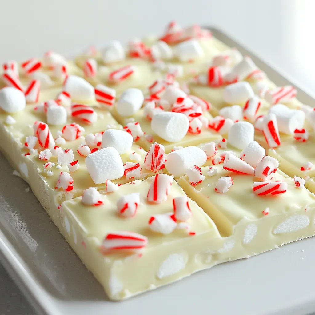 - 2 cups white chocolate chips - 1/4 cup coconut oil - 1/2 teaspoon peppermint extract - 1 cup crushed candy canes (plus extra for topping) - 1/2 cup graham cracker crumbs - 1/2 cup mini marshmallows (optional for a fluffy texture) You will need simple ingredients to make these bars. The white chocolate chips give a sweet base. The coconut oil adds a nice shine and helps with texture. The peppermint extract gives that fresh mint flavor we love. Crushed candy canes add a fun crunch and festive look. Graham cracker crumbs provide a nice base and a bit of sweetness. If you want extra fluff, add mini marshmallows. - Nuts like almonds or walnuts - Dried fruits like cranberries or cherries - Different extracts like vanilla or almond You can change up the bars with these additions. Nuts will add a crunch and healthy fats. Dried fruits give a chewy texture and extra sweetness. Using other extracts can change the flavor profile. Vanilla will give a warm note, while almond adds a unique twist. - White chocolate: Guittard, Ghirardelli, or Nestlé - Coconut oil: Nutiva, Spectrum, or LouAna For white chocolate, I recommend Guittard or Ghirardelli. They melt well and have great flavor. Nestlé is also a solid choice. For coconut oil, Nutiva and Spectrum are high-quality options. LouAna is great for baking. Using good brands makes a big difference in taste and texture. First, take an 8x8 inch baking dish. Line it with parchment paper. Make sure the paper hangs over the edges. This will help you lift the bars out later. This step is easy but very important. A clean dish makes for easy removal. Next, grab a microwave-safe bowl. Put in 2 cups of white chocolate chips. Add 1/4 cup of coconut oil. Heat this mixture in the microwave. Use 30-second bursts and stir in between. Keep heating until it is completely melted and smooth. This may take about 1-2 minutes in total. Once melted, stir in 1/2 teaspoon of peppermint extract. Mix well to combine the flavors. Then, add in 1 cup of crushed candy canes and 1/2 cup of graham cracker crumbs. Stir until everything is fully mixed. If you want a fluffier texture, gently fold in 1/2 cup of mini marshmallows. Finally, pour the mixture into the lined baking dish. Spread it evenly with a spatula. Don't forget to sprinkle extra crushed candy canes on top for a nice crunch! To melt white chocolate, use a microwave-safe bowl. Combine the white chocolate chips and coconut oil. Heat in 30-second bursts. Stir between each burst to avoid burning. White chocolate can scorch easily, so keep an eye on it. Remove when it’s smooth and creamy. After melting, add the peppermint extract directly to the mix. Next, fold in the crushed candy canes and graham cracker crumbs. Stir gently with a spatula. If you use mini marshmallows, fold them in carefully to keep them fluffy. This way, you avoid clumping. After pouring the mixture into the prepared dish, spread it evenly. Sprinkle extra crushed candy canes on top. Refrigerate the bars for at least two hours. This time helps them set properly. They will be firm and easy to cut when ready. {{image_2}} You can easily switch out white chocolate chips. Try using dark chocolate instead. This will add a rich taste. You can also swap out the peppermint extract. Use vanilla or almond extract for a twist. These small changes can make a big difference. To add crunch, consider adding nuts. Chopped almonds or pecans work great. You can also add dried fruits, like cranberries or cherries. These ingredients give your bars extra flavor and texture. Just mix them in with the other ingredients. Layering chocolates can make your bars look fancy. Start with a layer of white chocolate. Let it set before adding a layer of dark chocolate. This creates a stunning look and a mix of tastes. You can even add different flavors to each layer for more fun. To keep your No-Bake White Chocolate Peppermint Bark Bars fresh, store them in an airtight container. This prevents moisture from making the bars soggy. Ensure the container is completely sealed to keep out air. If you have extra bars, separate layers with parchment paper. This keeps them from sticking together. I recommend using glass or plastic containers with tight lids. Glass containers help maintain the bar's flavor. If you prefer plastic, choose BPA-free options for safety. Make sure the containers are clean and dry before placing the bars inside. You can also wrap individual bars in plastic wrap for extra protection. In the fridge, your bars can last up to two weeks. Just keep them in an airtight container. If you want to store them longer, place them in the freezer. They can last up to three months when frozen. Just remember to thaw them in the fridge before enjoying them again. Yes, you can use regular chocolate. Dark or milk chocolate works great. Just remember, the taste will change. Regular chocolate is richer and less sweet than white chocolate. This change can add a nice twist to your bars. To make these bars dairy-free, swap the white chocolate for dairy-free chocolate chips. Use coconut oil as your fat source. Check the labels to ensure they are dairy-free. This way, everyone can enjoy your delicious creation. The best way to cut the bars is to use a sharp knife. First, chill the bars completely in the fridge. Then, lift them out using the parchment paper. Cut them into squares or rectangles for easy serving. Absolutely! These bars are perfect for making ahead. You can prepare them up to two weeks in advance. Just store them in an airtight container in the fridge. This way, you have a tasty treat ready for your guests. These no-bake bars are easy to make and tasty. We covered key ingredients and gave great options for customization. You learned step-by-step how to prepare, melt, and mix. I shared tips for melting chocolate and setting the bars perfectly. Plus, I listed fun ingredient swaps and storage methods. Now, you can enjoy delicious treats or share them with friends. With these simple steps, you can create your own favorite no-bake bars!