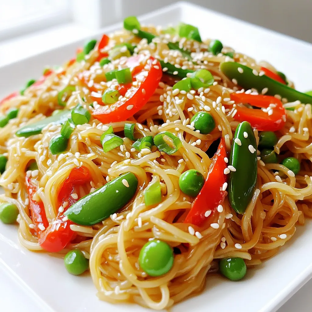 - 8 oz (225g) rice noodles - 3 tablespoons olive oil - 4 cloves garlic, minced - 2 tablespoons honey - 2 tablespoons soy sauce To make Sweet Garlic Chili Noodles, start with rice noodles. They bring a soft texture. Olive oil gives a rich taste and helps cook the garlic. Minced garlic adds a strong flavor. Honey balances out the dish with sweetness. Soy sauce adds depth and umami. - 1 red bell pepper, sliced - 1 cup snap peas, trimmed - 2 green onions, chopped - 1 tablespoon sesame seeds for garnish Fresh veggies make this dish pop! Red bell pepper adds color and crunch. Snap peas give a crisp bite. Chopped green onions add freshness on top. Toasted sesame seeds make it look fancy and add nuttiness. - 1 tablespoon chili paste (adjust to taste) - Salt and pepper to taste Chili paste brings heat to the dish. You can change the amount to fit your spice level. Salt and pepper help enhance all the flavors. Taste as you go to get it just right. To start, bring a pot of water to a boil. Add the rice noodles once the water bubbles. Cook them for about 4 to 5 minutes. Check the package for exact timing. Once done, drain the noodles well. Set them aside so they stay warm. In a small bowl, mix together the honey, soy sauce, and chili paste. This sauce will give your noodles a sweet and spicy taste. If you like it hotter, add more chili paste. Taste your sauce to find the right heat for you. Now, heat olive oil in a large skillet over medium heat. Add the minced garlic and sauté it for 30 seconds. Watch closely so it doesn’t burn. Next, toss in the sliced bell pepper and snap peas. Stir-fry them for about 2 to 3 minutes. You want them tender but still a bit crisp. Once the veggies are ready, add the cooked noodles to the skillet. Pour the sauce over the noodles and toss everything together. Make sure the noodles are coated well. Heat everything through for another minute. This helps the flavors mix well. To make your Sweet Garlic Chili Noodles shine, adjust the sweetness and spiciness. You can add more honey if you want it sweeter. If you love heat, increase the chili paste. Start small and taste as you go. This way, you find your perfect balance. Fresh herbs can add a nice touch. Chopped cilantro or basil brightens the dish. You can also try a splash of lime for a zesty kick. Adding a bit of ginger gives a warm flavor boost. Time-saving hacks can make this meal even quicker. Prepare all your ingredients first. Chop veggies and mix the sauce ahead of time. This way, you save precious minutes when cooking. Use a non-stick skillet to avoid sticking. This also makes for easier cleanup. A large pot for boiling noodles helps them cook evenly. Keep your tools organized to work faster. Plating adds to the meal's appeal. Use a wide bowl to show off the noodles. Pile them high and let the colorful veggies peek out. Sprinkle sesame seeds and green onions on top to make it look nice. For food photos, use natural light. A simple background helps your noodles stand out. Try different angles to find the best shot. Share your creations; they might inspire others! {{image_2}} You can add protein to your Sweet Garlic Chili Noodles. Chicken, shrimp, or tofu work great. - Chicken: Use thin slices of cooked chicken breast. Add it to the skillet with the garlic. Cook for about 3-4 minutes until heated through. - Shrimp: Add raw shrimp to the skillet after the garlic. Cook for 2-3 minutes, until they turn pink. - Tofu: Use firm tofu, cut into cubes. Sauté it in the oil before adding garlic. Cook for about 5 minutes until golden brown. You can make this dish vegetarian or vegan easily. - Honey: For a vegan option, replace honey with maple syrup or agave nectar. This keeps the sweetness. - Sauces: Look for vegan soy sauce or tamari if you want it gluten-free, too. - Vegetable Options: Feel free to swap snap peas and bell pepper for your favorite veggies. Broccoli, carrots, or zucchini add nice flavors and colors. If you need a gluten-free version, I have some easy swaps. - Rice Noodles: Rice noodles are already gluten-free. If you want to try something new, use gluten-free pasta or quinoa noodles. - Soy Sauce Substitutions: Use tamari instead of soy sauce for a gluten-free option. Coconut aminos also work well and add a slight sweetness. To keep your Sweet Garlic Chili Noodles fresh, store them in the fridge. Place the leftovers in an airtight container. This helps lock in flavor and moisture. They will stay tasty for a few days. If you want to store them longer, consider freezing. Use freezer-safe bags or containers. Make sure to remove as much air as possible to prevent freezer burn. When you're ready to enjoy your leftovers, reheating is key. The best method is to use a pan on the stovetop. Heat it over low to medium heat. Add a splash of water or oil to keep the noodles moist. Stir often to avoid sticking. If you use a microwave, cover the bowl with a damp paper towel. This helps steam the noodles and keeps them from getting soggy. In the fridge, your Sweet Garlic Chili Noodles can last about three to four days. After that, they might not taste as good. Look out for signs of spoilage. If you see mold or smell something off, it’s best to toss them. Always trust your senses when it comes to food safety. You can pair Sweet Garlic Chili Noodles with many sides. Here are some great options: - Grilled Chicken: The mild flavor works well with the noodles. - Stir-Fried Tofu: A good choice for a plant-based meal. - Steamed Broccoli: Adds a fresh crunch and color. - Spring Rolls: Great for a fun side dish. - Cucumber Salad: Provides a cool contrast to the noodles. These sides complement the rich flavors of the dish and make a complete meal. To change the spice level, use less or more chili paste. Here are some tips: - Mild Spice: Start with one teaspoon of chili paste. You can add more later if needed. - Medium Spice: Use one tablespoon of chili paste for a balanced heat. - Hot Spice: Add two tablespoons or more for a spicy kick. Taste the sauce before adding it to the noodles. This way, you can customize it to your liking. Yes, you can prepare Sweet Garlic Chili Noodles ahead of time! Here’s how: - Cooking Noodles: Cook the noodles and store them in the fridge for up to three days. - Sauce and Veggies: You can also prep the sauce and chop the veggies in advance. - Reheating: When you’re ready to eat, just heat everything in a pan. Add a splash of water to keep it from drying out. This makes it a great option for meal prep! You can make delicious Sweet Garlic Chili Noodles by following this simple guide. We covered key ingredients like rice noodles, garlic, and honey. I provided step-by-step instructions to ensure your noodles turn out great. Remember to adjust flavors to fit your taste and explore variations with proteins or veggies. With these tips, you’ll enjoy tasty leftovers too. I hope this inspires you to create a dish that satisfies your cravings and brings joy to your meals.