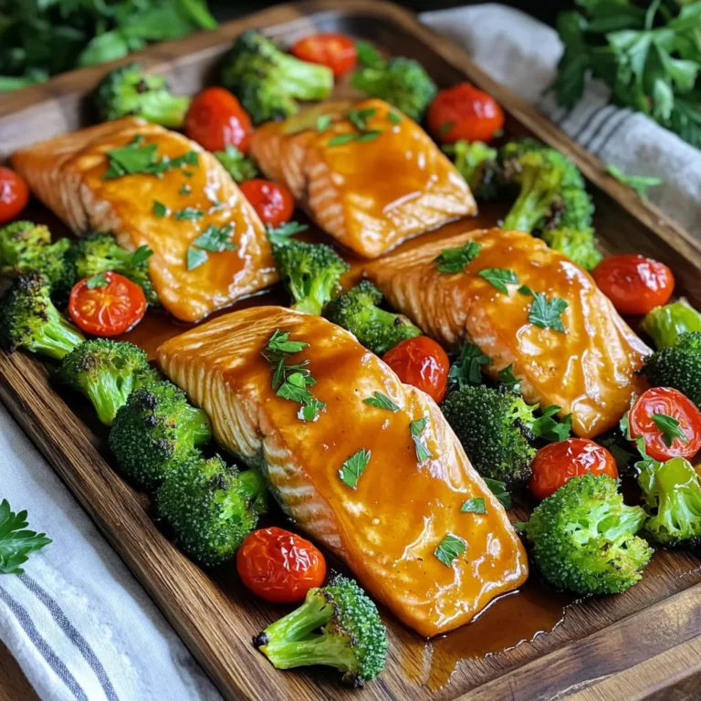 For a tasty sheet-pan meal, gather these fresh ingredients: - 4 salmon fillets (about 6 oz each) - 1/4 cup pure maple syrup - 2 tablespoons soy sauce (low sodium) - 2 tablespoons Dijon mustard - 1 tablespoon olive oil - 1 teaspoon garlic powder - 1 teaspoon ginger powder - 1 cup broccoli florets - 1 cup cherry tomatoes, halved - 1 red bell pepper, sliced - Salt and pepper to taste - Fresh parsley, chopped (for garnish) These ingredients work together to create a sweet, savory, and colorful dish. Each serving offers: - Calories: Approximately 350 - Protein: 30g - Fat: 18g - Carbohydrates: 15g - Fiber: 3g - Sugar: 7g This meal is balanced with protein, healthy fats, and fiber-rich veggies. If you don't have some key items, here are easy swaps: - Salmon: Try trout or chicken breast for a different protein. - Maple syrup: Honey or agave syrup can add sweetness. - Soy sauce: Coconut aminos serve as a soy-free option. - Olive oil: Use avocado oil for a high-heat cooking oil. - Broccoli: Cauliflower or green beans can work too. These substitutes keep the dish tasty and fun! 1. First, preheat your oven to 400°F (200°C). This helps cook the salmon evenly. 2. Line a large baking sheet with parchment paper or spray it lightly with cooking spray. This makes cleanup easy. 3. In a small bowl, mix together 1/4 cup of pure maple syrup, 2 tablespoons of low-sodium soy sauce, 2 tablespoons of Dijon mustard, 1 tablespoon of olive oil, 1 teaspoon of garlic powder, and 1 teaspoon of ginger powder. Add salt and pepper to taste. Whisk well until it’s smooth. 4. Place 4 salmon fillets on one side of the baking sheet. Brush the maple glaze all over the salmon. Use a good amount for great flavor. 5. In another bowl, toss 1 cup of broccoli florets, 1 cup of halved cherry tomatoes, and 1 sliced red bell pepper with the remaining maple glaze until they are well coated. 6. Spread the coated vegetables on the other side of the baking sheet in a single layer. This helps them cook evenly. 7. Put the baking sheet in the oven. Bake for 15 to 20 minutes. Check that the salmon reaches an internal temperature of 145°F. The veggies should be tender but still bright and colorful. 8. After baking, take the sheet out of the oven. Let it rest for a few minutes. This allows the juices to settle in the salmon. 9. Before serving, sprinkle freshly chopped parsley over the dish. This adds a nice touch and extra flavor. Enjoy your meal! To make the maple glaze shine, use pure maple syrup. This gives a rich, sweet flavor. Combine it with soy sauce for saltiness and Dijon mustard for a hint of spice. Mix in olive oil for smoothness. The garlic and ginger powders add depth to the taste. Whisk all these ingredients together in a bowl. A good mix ensures even coating on the salmon and veggies. Brush the glaze generously on the salmon for the best flavor. Keep some glaze for the veggies. You don’t need fancy tools for this recipe. Here are the basics: - A large baking sheet with edges - Parchment paper or cooking spray - A whisk for mixing - A small bowl for the glaze - A spatula or brush for spreading the glaze These tools help you cook efficiently and keep cleanup easy. If you have a meat thermometer, use it to check the salmon's doneness. Presentation matters! Serve the salmon and veggies on a big platter. Drizzle any leftover glaze over the top. This makes the dish look extra tasty. Pair it with a simple side like rice or quinoa. A fresh salad is also a great choice. You can even add some crusty bread to soak up the glaze. This meal is colorful and healthy, perfect for any family dinner. Everyone will enjoy it! {{image_2}} You can change up the veggies in this dish. Try using asparagus, zucchini, or green beans. Each option adds unique flavor and texture. For a colorful plate, mix in some carrots or snap peas. These vegetables cook well and soak up the maple glaze nicely. You can also use cauliflower if you like a hearty bite. Just make sure to cut them into similar sizes for even cooking. If salmon isn't your favorite, you can swap it out. Chicken breast works well and absorbs the glaze nicely. Just cut the chicken into even pieces. You can also try shrimp or tofu for a fun twist. Shrimp cooks quickly, so watch them closely. Tofu adds a nice texture and is great for those who want a plant-based option. To make this dish gluten-free, use tamari instead of regular soy sauce. Tamari has a similar taste and works great in the glaze. For a low-sodium version, choose low-sodium soy sauce. You can also reduce the amount of salt you add to the glaze and veggies. This way, you keep flavor without too much sodium. Always taste as you go to hit the right balance! To keep your sheet-pan maple glazed salmon and veggies fresh, store them in an airtight container. Place the salmon and veggies in one container or separate them if you prefer. Make sure they cool down to room temperature first. This way, you avoid condensation. Store the container in the fridge for up to three days. When you're ready to enjoy your leftovers, preheat your oven to 350°F (175°C). Place the salmon and veggies on a baking sheet. Cover them with foil to keep moisture in. Heat for about 10-15 minutes or until warmed through. If you want, you can also use a microwave. Heat in short bursts of 30 seconds until hot. If you want to save this dish for later, freezing is a great option. First, let the food cool completely. Then, wrap the salmon and veggies tightly in plastic wrap. Place them in a freezer-safe bag or container. Label the bag with the date. You can freeze them for up to three months. To reheat, thaw overnight in the fridge and follow the reheating instructions above. Enjoy your meal at your own pace! You can tell the salmon is done when its center turns opaque. Use a food thermometer to check the internal temperature. It should reach 145°F. The fish should easily flake with a fork when cooked right. If it feels firm and the color changes, it's ready to eat. Yes, you can use frozen salmon. Just remember to thaw it first. Thaw the salmon in the fridge overnight for best results. This way, it cooks evenly. If you are short on time, you can thaw it in cold water for about an hour. Always check for ice crystals before cooking. You can serve many sides with maple glazed salmon. Here are a few ideas: - Quinoa or rice for a filling base. - A fresh green salad for crunch and color. - Roasted potatoes for a hearty side. - Grilled asparagus or green beans for a healthy touch. Each of these pairs well with the sweet glaze on the salmon. This blog post covered everything about maple glazed salmon. We discussed ingredients, their nutrition, and substitutes. I provided step-by-step cooking instructions and tips for perfecting your dish. We explored variations with different veggies and proteins, plus gluten-free options. Also, I shared storage tips for leftovers and answered common questions. Now you have the tools to create an amazing meal. Enjoy cooking and sharing this dish with family and friends!