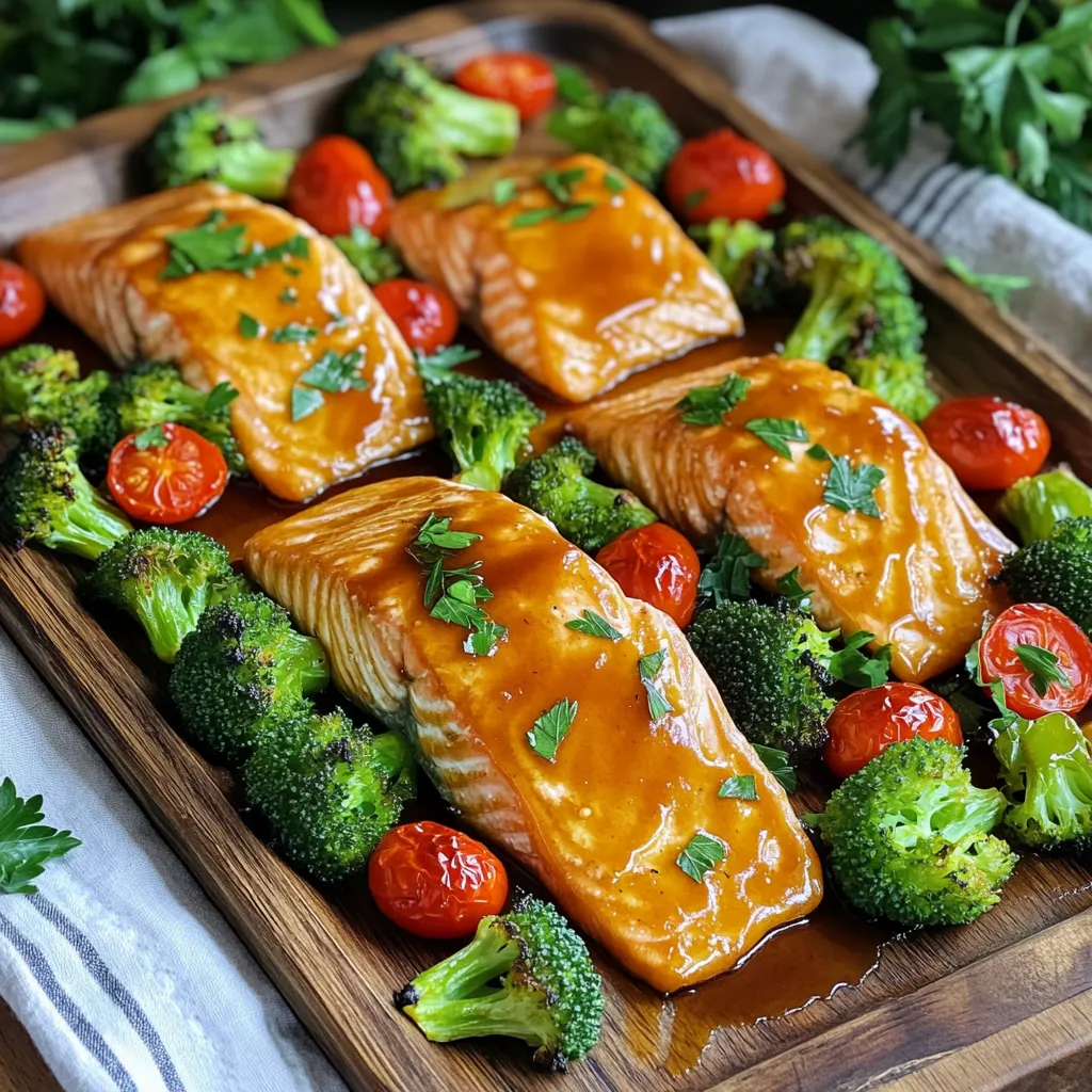 For a tasty sheet-pan meal, gather these fresh ingredients: - 4 salmon fillets (about 6 oz each) - 1/4 cup pure maple syrup - 2 tablespoons soy sauce (low sodium) - 2 tablespoons Dijon mustard - 1 tablespoon olive oil - 1 teaspoon garlic powder - 1 teaspoon ginger powder - 1 cup broccoli florets - 1 cup cherry tomatoes, halved - 1 red bell pepper, sliced - Salt and pepper to taste - Fresh parsley, chopped (for garnish) These ingredients work together to create a sweet, savory, and colorful dish. Each serving offers: - Calories: Approximately 350 - Protein: 30g - Fat: 18g - Carbohydrates: 15g - Fiber: 3g - Sugar: 7g This meal is balanced with protein, healthy fats, and fiber-rich veggies. If you don't have some key items, here are easy swaps: - Salmon: Try trout or chicken breast for a different protein. - Maple syrup: Honey or agave syrup can add sweetness. - Soy sauce: Coconut aminos serve as a soy-free option. - Olive oil: Use avocado oil for a high-heat cooking oil. - Broccoli: Cauliflower or green beans can work too. These substitutes keep the dish tasty and fun! 1. First, preheat your oven to 400°F (200°C). This helps cook the salmon evenly. 2. Line a large baking sheet with parchment paper or spray it lightly with cooking spray. This makes cleanup easy. 3. In a small bowl, mix together 1/4 cup of pure maple syrup, 2 tablespoons of low-sodium soy sauce, 2 tablespoons of Dijon mustard, 1 tablespoon of olive oil, 1 teaspoon of garlic powder, and 1 teaspoon of ginger powder. Add salt and pepper to taste. Whisk well until it’s smooth. 4. Place 4 salmon fillets on one side of the baking sheet. Brush the maple glaze all over the salmon. Use a good amount for great flavor. 5. In another bowl, toss 1 cup of broccoli florets, 1 cup of halved cherry tomatoes, and 1 sliced red bell pepper with the remaining maple glaze until they are well coated. 6. Spread the coated vegetables on the other side of the baking sheet in a single layer. This helps them cook evenly. 7. Put the baking sheet in the oven. Bake for 15 to 20 minutes. Check that the salmon reaches an internal temperature of 145°F. The veggies should be tender but still bright and colorful. 8. After baking, take the sheet out of the oven. Let it rest for a few minutes. This allows the juices to settle in the salmon. 9. Before serving, sprinkle freshly chopped parsley over the dish. This adds a nice touch and extra flavor. Enjoy your meal! To make the maple glaze shine, use pure maple syrup. This gives a rich, sweet flavor. Combine it with soy sauce for saltiness and Dijon mustard for a hint of spice. Mix in olive oil for smoothness. The garlic and ginger powders add depth to the taste. Whisk all these ingredients together in a bowl. A good mix ensures even coating on the salmon and veggies. Brush the glaze generously on the salmon for the best flavor. Keep some glaze for the veggies. You don’t need fancy tools for this recipe. Here are the basics: - A large baking sheet with edges - Parchment paper or cooking spray - A whisk for mixing - A small bowl for the glaze - A spatula or brush for spreading the glaze These tools help you cook efficiently and keep cleanup easy. If you have a meat thermometer, use it to check the salmon's doneness. Presentation matters! Serve the salmon and veggies on a big platter. Drizzle any leftover glaze over the top. This makes the dish look extra tasty. Pair it with a simple side like rice or quinoa. A fresh salad is also a great choice. You can even add some crusty bread to soak up the glaze. This meal is colorful and healthy, perfect for any family dinner. Everyone will enjoy it! {{image_2}} You can change up the veggies in this dish. Try using asparagus, zucchini, or green beans. Each option adds unique flavor and texture. For a colorful plate, mix in some carrots or snap peas. These vegetables cook well and soak up the maple glaze nicely. You can also use cauliflower if you like a hearty bite. Just make sure to cut them into similar sizes for even cooking. If salmon isn't your favorite, you can swap it out. Chicken breast works well and absorbs the glaze nicely. Just cut the chicken into even pieces. You can also try shrimp or tofu for a fun twist. Shrimp cooks quickly, so watch them closely. Tofu adds a nice texture and is great for those who want a plant-based option. To make this dish gluten-free, use tamari instead of regular soy sauce. Tamari has a similar taste and works great in the glaze. For a low-sodium version, choose low-sodium soy sauce. You can also reduce the amount of salt you add to the glaze and veggies. This way, you keep flavor without too much sodium. Always taste as you go to hit the right balance! To keep your sheet-pan maple glazed salmon and veggies fresh, store them in an airtight container. Place the salmon and veggies in one container or separate them if you prefer. Make sure they cool down to room temperature first. This way, you avoid condensation. Store the container in the fridge for up to three days. When you're ready to enjoy your leftovers, preheat your oven to 350°F (175°C). Place the salmon and veggies on a baking sheet. Cover them with foil to keep moisture in. Heat for about 10-15 minutes or until warmed through. If you want, you can also use a microwave. Heat in short bursts of 30 seconds until hot. If you want to save this dish for later, freezing is a great option. First, let the food cool completely. Then, wrap the salmon and veggies tightly in plastic wrap. Place them in a freezer-safe bag or container. Label the bag with the date. You can freeze them for up to three months. To reheat, thaw overnight in the fridge and follow the reheating instructions above. Enjoy your meal at your own pace! You can tell the salmon is done when its center turns opaque. Use a food thermometer to check the internal temperature. It should reach 145°F. The fish should easily flake with a fork when cooked right. If it feels firm and the color changes, it's ready to eat. Yes, you can use frozen salmon. Just remember to thaw it first. Thaw the salmon in the fridge overnight for best results. This way, it cooks evenly. If you are short on time, you can thaw it in cold water for about an hour. Always check for ice crystals before cooking. You can serve many sides with maple glazed salmon. Here are a few ideas: - Quinoa or rice for a filling base. - A fresh green salad for crunch and color. - Roasted potatoes for a hearty side. - Grilled asparagus or green beans for a healthy touch. Each of these pairs well with the sweet glaze on the salmon. This blog post covered everything about maple glazed salmon. We discussed ingredients, their nutrition, and substitutes. I provided step-by-step cooking instructions and tips for perfecting your dish. We explored variations with different veggies and proteins, plus gluten-free options. Also, I shared storage tips for leftovers and answered common questions. Now you have the tools to create an amazing meal. Enjoy cooking and sharing this dish with family and friends!