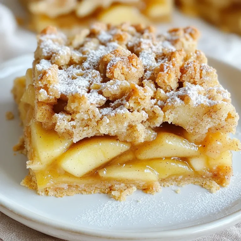 - 2 cups all-purpose flour - 1/2 cup brown sugar, packed - 1/2 cup granulated sugar - 1 teaspoon baking powder - 1/4 teaspoon baking soda - 1/2 teaspoon salt - 1 teaspoon ground cinnamon - 1/2 cup unsalted butter, softened - 1 large egg - 1 teaspoon vanilla extract - 3 large apples, peeled, cored, and diced (preferably Granny Smith or Honeycrisp) - 1 tablespoon lemon juice - 1/4 cup granulated sugar (for filling) - 1 tablespoon cornstarch These ingredients are simple and easy to find. I like using Granny Smith apples for their tartness. Honeycrisp apples also work well if you prefer something sweeter. - 1 cup = 240 ml - 1 tablespoon = 15 ml - 1 teaspoon = 5 ml Conversions help you adjust the recipe. If you want to make smaller or larger batches, just change the amounts based on these conversions. - 9x9-inch baking pan - Mixing bowls - Whisk - Measuring cups and spoons - Knife and cutting board These tools make the process smooth. Use a good knife for chopping apples. A sturdy mixing bowl helps when combining ingredients. - Preheating the oven: Start by turning on your oven to 350°F (175°C). This helps the bars bake evenly. - Preparing the crust: In a big bowl, mix 2 cups of flour, 1/2 cup of brown sugar, and 1/2 cup of granulated sugar. Add 1 teaspoon of baking powder, 1/4 teaspoon of baking soda, 1/2 teaspoon of salt, and 1 teaspoon of ground cinnamon. Stir until combined. In another bowl, cream 1/2 cup of softened butter until fluffy. Add 1 large egg and 1 teaspoon of vanilla extract. Mix well. Gradually combine the wet and dry ingredients. Set aside 1 cup of this dough for the topping. - Making the apple filling: Peel, core, and dice 3 large apples, using Granny Smith or Honeycrisp for the best flavor. Toss them in a bowl with 1 tablespoon of lemon juice, 1/4 cup of granulated sugar, and 1 tablespoon of cornstarch. Ensure the apples are well-coated. - Assembling the bars: Press the dough evenly into the bottom of a greased 9x9-inch baking pan. Spread the apple mixture over the crust. Crumble the reserved dough over the apple filling to make a nice topping. - Baking time and temperature: Place the pan in the preheated oven. Bake for 30-35 minutes. Look for a golden top and bubbly apples to know it's ready. Let the bars cool for at least 15 minutes after baking. This allows them to set. You can serve them warm or at room temperature. For a tasty treat, top with a scoop of vanilla ice cream or whipped cream. Dust with powdered sugar for a nice finish. Enjoy your delicious Cinnamon Apple Pie Bars! - Avoiding a soggy crust: To keep the crust firm, use cold butter. This helps make a flaky texture. Press the dough firmly into the pan. Bake it before adding the apples. This step helps the crust stay crisp. - Choosing the right apples: I like using Granny Smith or Honeycrisp apples. They balance sweetness and tartness well. Their firm texture holds up during baking. This keeps your bars from becoming mushy. One common mistake is overmixing the dough. Mix just until combined for a tender bar. Another mistake is cutting the bars too soon. Let them cool for at least 15 minutes. This helps them set and makes cutting easier. To boost the flavor, add a pinch of nutmeg or ginger. These spices add warmth to the apple filling. You can also mix in chopped nuts like walnuts or pecans for crunch. Drizzling caramel over the top adds a sweet touch. {{image_2}} You can easily change the taste of your cinnamon apple pie bars. Here are a few ideas: - Adding nuts or caramel: Chopped walnuts or pecans add a nice crunch. Drizzling caramel over the bars makes them sweeter and richer. - Using different spices: Besides cinnamon, you can try nutmeg or allspice. These spices will add warmth and depth to your bars. If you have dietary needs, you can still enjoy these bars! - Gluten-free options: Substitute all-purpose flour with a gluten-free blend. Make sure the blend has a good structure for the crust. - Vegan substitutions: Use a flax egg instead of a regular egg. Replace butter with coconut oil for a plant-based treat. When it’s time to serve, think about these tasty ideas: - Pairing with ice cream or whipped cream: A scoop of vanilla ice cream or a dollop of whipped cream makes these bars extra special. The cold creaminess contrasts well with the warm bars. - Dusting with powdered sugar: A light sprinkle of powdered sugar adds a touch of sweetness and makes them look pretty. Feel free to mix and match these ideas to make your cinnamon apple pie bars your own! You can keep your cinnamon apple pie bars at room temperature or in the fridge. If you plan to eat them within two days, leave them on the counter. Just cover them with plastic wrap or foil. If you want to save them for longer, put them in the fridge. They will stay fresh for up to a week when stored this way. To freeze your cinnamon apple pie bars, first cut them into squares. Wrap each square tightly in plastic wrap, then place them in a freezer bag. Make sure to remove as much air as possible. They will stay good for up to three months. When you want to enjoy them, just thaw in the fridge overnight. To reheat your cinnamon apple pie bars, place them in the oven. Preheat it to 350°F (175°C). Put the bars on a baking sheet and cover them with foil. Heat for about 10-15 minutes or until warm. You can also use the microwave for quick reheating. Just warm them for 20-30 seconds on medium heat. Enjoy them warm, with or without ice cream! Can I use frozen apples? Yes, you can use frozen apples. Just thaw them first. Drain any extra liquid. This helps keep your bars from getting soggy. How do I know when the bars are done baking? Look for a golden top. The apples should be bubbly. You can also insert a toothpick. If it comes out clean, your bars are done! What can I do with leftover bars? Store them in an airtight container. They last up to five days at room temp. You can also freeze them for later. Wrap each bar in plastic wrap before freezing. Can I replace brown sugar with white sugar? Yes, you can. Brown sugar adds a rich flavor. White sugar will make your bars sweeter. What if I don’t have cornstarch? You can use all-purpose flour as a substitute. Use about twice as much flour. It will help thicken the apple filling nicely. You learned how to make delicious Cinnamon Apple Pie Bars with simple steps. We covered key ingredients, preparation, and baking tips. Avoid common mistakes for the best results. You can even make tasty variations to fit your needs. Remember to store them well for the best flavor. Enjoy sharing these treats with others, or savor them yourself. With practice, you’ll master this recipe and impress friends and family. Happy baking!