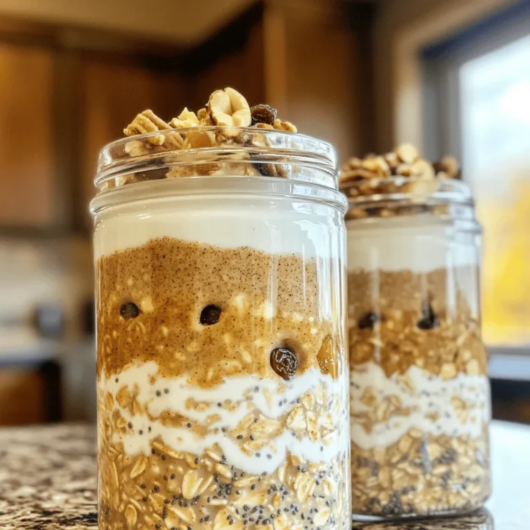 - 1 cup rolled oats - 1 cup unsweetened almond milk - 1 tablespoon chia seeds - 1 teaspoon vanilla extract - 1 teaspoon ground cinnamon - 1 tablespoon maple syrup - 1/4 cup Greek yogurt (optional) - 2 tablespoons chopped walnuts (optional) - 2 tablespoons raisins or currants (optional) - Additional toppings: cinnamon and chopped nuts To make cinnamon roll overnight oats, you need simple, wholesome ingredients. Start with rolled oats for a hearty base. They soak up the liquid well and create a creamy texture. Almond milk adds a nice nutty flavor, but feel free to use any milk you like. Next, add chia seeds for extra fiber and nutrition. They help thicken the oats while you sleep. A touch of vanilla extract brings warmth, while ground cinnamon gives that classic cinnamon roll taste. For sweetness, use maple syrup. It pairs perfectly with the oats. If you want a creamier mix, consider adding Greek yogurt. You can also toss in chopped walnuts for crunch or raisins for a bit of chewiness. Finally, top your oats with more cinnamon and some chopped nuts before digging in. These ingredients create a delicious morning treat that is both easy and satisfying. Start by gathering your dry ingredients. In a medium mixing bowl, combine 1 cup of rolled oats, 1 tablespoon of chia seeds, and 1 teaspoon of ground cinnamon. Stir well to mix everything evenly. This blend gives your oats that cozy cinnamon roll flavor. You want the chia seeds for added texture and nutrition. Next, grab another bowl or a measuring cup. Whisk together 1 cup of unsweetened almond milk, 1 teaspoon of vanilla extract, 1 tablespoon of maple syrup, and 1/4 cup of Greek yogurt. Mix until smooth. This creamy base adds richness and a hint of sweetness. If you prefer a vegan option, skip the Greek yogurt. Now, pour the wet mixture over the dry ingredients. Stir until everything is well-coated. If you want to add some crunch, fold in 2 tablespoons of chopped walnuts and 2 tablespoons of raisins or currants. Then, divide this delicious mixture into two or three containers. Cover them and refrigerate overnight. This lets the oats soak up the liquid and become soft. In the morning, stir well, add more almond milk if needed, and top with extra cinnamon and nuts. Enjoy your tasty morning delight! To get the best texture in your cinnamon roll overnight oats, you can adjust the liquid. If you find the oats too thick in the morning, simply add a splash of almond milk. This will make the oats creamy and easy to eat. The amount of almond milk you use can change how the oats feel. Start with one cup, and add more as needed. Presentation matters, especially for breakfast! Use clear jars to show off the beautiful layers of oats. After stirring the oats in the morning, pour them into the jars. Top with a swirl of Greek yogurt and a sprinkle of cinnamon. You can also add chopped nuts for a crunchy finish. This not only looks good but tastes great too! Do you like your oats sweeter? You can modify the maple syrup to suit your taste. If you want less sweetness, reduce the syrup. For a different flavor, try honey or agave syrup. You can also add a pinch of brown sugar or a splash of vanilla extract for extra flavor. Adjust the sweetness until it’s just right for you. {{image_2}} You can add many fun flavors to your cinnamon roll overnight oats. Try adding nutmeg for warmth. You can also use cardamom for a unique twist. If you want a sweeter taste, use vanilla or almond extract. Just a few drops can change the flavor big time. Mix and match spices to find your favorite combo! Need more protein in your oats? There are easy ways to add it. You can stir in a scoop of protein powder. This makes it filling and helps with muscle recovery. Greek yogurt is also a great choice. It adds creaminess and boosts protein. You could even mix in cottage cheese for a savory touch! Seasonal fruits make these oats even better. In spring, add fresh strawberries or blueberries. Summer is perfect for ripe peaches or cherries. Fall brings apples or pears, which are great with cinnamon. In winter, try dried fruits like cranberries or figs. Toppings like coconut flakes or pumpkin seeds add crunch too! To keep your cinnamon roll overnight oats fresh, use airtight containers. Glass jars work great. They allow you to see the layers and are easy to clean. Plastic containers can also work, but make sure they seal well. This helps prevent spills and keeps the oats tasty. Your cinnamon roll overnight oats will last about 3 to 5 days in the fridge. If you want the best flavor, eat them within 3 days. After that, the oats may lose some of their creaminess. Always check for any odd smells or changes in color before eating. To enjoy leftovers, you can eat them cold or warm them up. If you prefer warm oats, place them in the microwave. Heat for 30 seconds, then stir. If they seem too thick, add a splash of almond milk. This will help bring back that creamy texture. Always stir before serving! Yes, you can use steel-cut oats. However, they have a firmer texture. Steel-cut oats take longer to soak. You may need to let them soak overnight or longer. This helps them soften up. For best results, I recommend sticking with rolled oats for this recipe. Absolutely! To make these oats vegan, you can skip the Greek yogurt. Use a plant-based yogurt instead. Almond yogurt or coconut yogurt works great. These options keep the creaminess without dairy. You can also add more almond milk to reach your desired texture. If your oats are too thick, no worries! Just add more almond milk. Start with a little splash and stir. Keep adding until you reach the right consistency. Remember, the oats will thicken as they soak overnight, so adjust as needed in the morning. This post guided you to create simple, delicious overnight oats. We covered ingredients, steps, and useful tips. Adjust sweetness and add flavors to suit your taste. Store these oats correctly to enjoy them longer. You can even try different toppings or protein sources for more variety. Making overnight oats is easy and fun. You can enjoy a healthy breakfast every day. Dive in and start your oats adventure today!