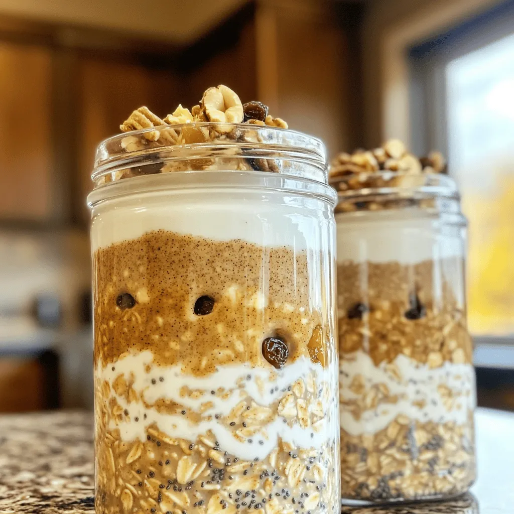 - 1 cup rolled oats - 1 cup unsweetened almond milk - 1 tablespoon chia seeds - 1 teaspoon vanilla extract - 1 teaspoon ground cinnamon - 1 tablespoon maple syrup - 1/4 cup Greek yogurt (optional) - 2 tablespoons chopped walnuts (optional) - 2 tablespoons raisins or currants (optional) - Additional toppings: cinnamon and chopped nuts To make cinnamon roll overnight oats, you need simple, wholesome ingredients. Start with rolled oats for a hearty base. They soak up the liquid well and create a creamy texture. Almond milk adds a nice nutty flavor, but feel free to use any milk you like. Next, add chia seeds for extra fiber and nutrition. They help thicken the oats while you sleep. A touch of vanilla extract brings warmth, while ground cinnamon gives that classic cinnamon roll taste. For sweetness, use maple syrup. It pairs perfectly with the oats. If you want a creamier mix, consider adding Greek yogurt. You can also toss in chopped walnuts for crunch or raisins for a bit of chewiness. Finally, top your oats with more cinnamon and some chopped nuts before digging in. These ingredients create a delicious morning treat that is both easy and satisfying. Start by gathering your dry ingredients. In a medium mixing bowl, combine 1 cup of rolled oats, 1 tablespoon of chia seeds, and 1 teaspoon of ground cinnamon. Stir well to mix everything evenly. This blend gives your oats that cozy cinnamon roll flavor. You want the chia seeds for added texture and nutrition. Next, grab another bowl or a measuring cup. Whisk together 1 cup of unsweetened almond milk, 1 teaspoon of vanilla extract, 1 tablespoon of maple syrup, and 1/4 cup of Greek yogurt. Mix until smooth. This creamy base adds richness and a hint of sweetness. If you prefer a vegan option, skip the Greek yogurt. Now, pour the wet mixture over the dry ingredients. Stir until everything is well-coated. If you want to add some crunch, fold in 2 tablespoons of chopped walnuts and 2 tablespoons of raisins or currants. Then, divide this delicious mixture into two or three containers. Cover them and refrigerate overnight. This lets the oats soak up the liquid and become soft. In the morning, stir well, add more almond milk if needed, and top with extra cinnamon and nuts. Enjoy your tasty morning delight! To get the best texture in your cinnamon roll overnight oats, you can adjust the liquid. If you find the oats too thick in the morning, simply add a splash of almond milk. This will make the oats creamy and easy to eat. The amount of almond milk you use can change how the oats feel. Start with one cup, and add more as needed. Presentation matters, especially for breakfast! Use clear jars to show off the beautiful layers of oats. After stirring the oats in the morning, pour them into the jars. Top with a swirl of Greek yogurt and a sprinkle of cinnamon. You can also add chopped nuts for a crunchy finish. This not only looks good but tastes great too! Do you like your oats sweeter? You can modify the maple syrup to suit your taste. If you want less sweetness, reduce the syrup. For a different flavor, try honey or agave syrup. You can also add a pinch of brown sugar or a splash of vanilla extract for extra flavor. Adjust the sweetness until it’s just right for you. {{image_2}} You can add many fun flavors to your cinnamon roll overnight oats. Try adding nutmeg for warmth. You can also use cardamom for a unique twist. If you want a sweeter taste, use vanilla or almond extract. Just a few drops can change the flavor big time. Mix and match spices to find your favorite combo! Need more protein in your oats? There are easy ways to add it. You can stir in a scoop of protein powder. This makes it filling and helps with muscle recovery. Greek yogurt is also a great choice. It adds creaminess and boosts protein. You could even mix in cottage cheese for a savory touch! Seasonal fruits make these oats even better. In spring, add fresh strawberries or blueberries. Summer is perfect for ripe peaches or cherries. Fall brings apples or pears, which are great with cinnamon. In winter, try dried fruits like cranberries or figs. Toppings like coconut flakes or pumpkin seeds add crunch too! To keep your cinnamon roll overnight oats fresh, use airtight containers. Glass jars work great. They allow you to see the layers and are easy to clean. Plastic containers can also work, but make sure they seal well. This helps prevent spills and keeps the oats tasty. Your cinnamon roll overnight oats will last about 3 to 5 days in the fridge. If you want the best flavor, eat them within 3 days. After that, the oats may lose some of their creaminess. Always check for any odd smells or changes in color before eating. To enjoy leftovers, you can eat them cold or warm them up. If you prefer warm oats, place them in the microwave. Heat for 30 seconds, then stir. If they seem too thick, add a splash of almond milk. This will help bring back that creamy texture. Always stir before serving! Yes, you can use steel-cut oats. However, they have a firmer texture. Steel-cut oats take longer to soak. You may need to let them soak overnight or longer. This helps them soften up. For best results, I recommend sticking with rolled oats for this recipe. Absolutely! To make these oats vegan, you can skip the Greek yogurt. Use a plant-based yogurt instead. Almond yogurt or coconut yogurt works great. These options keep the creaminess without dairy. You can also add more almond milk to reach your desired texture. If your oats are too thick, no worries! Just add more almond milk. Start with a little splash and stir. Keep adding until you reach the right consistency. Remember, the oats will thicken as they soak overnight, so adjust as needed in the morning. This post guided you to create simple, delicious overnight oats. We covered ingredients, steps, and useful tips. Adjust sweetness and add flavors to suit your taste. Store these oats correctly to enjoy them longer. You can even try different toppings or protein sources for more variety. Making overnight oats is easy and fun. You can enjoy a healthy breakfast every day. Dive in and start your oats adventure today!