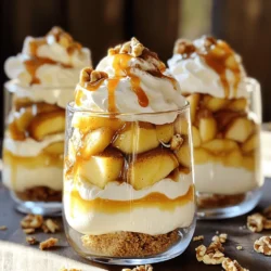 Here are the ingredients you will need to make Caramel Apple Cheesecake Parfaits: - 2 large apples, peeled and diced - 2 tablespoons butter - 1 teaspoon cinnamon - 1 tablespoon brown sugar - 1 cup cream cheese, softened - 1 cup heavy whipping cream - 1/2 cup powdered sugar - 1 teaspoon vanilla extract - 1 cup graham cracker crumbs - 1/2 cup caramel sauce - Chopped walnuts for garnish (optional) These simple ingredients create a rich and tasty dessert. The apples bring a fresh crunch, while the cream cheese adds creaminess. The graham cracker crumbs give a nice texture, and the caramel sauce ties it all together. You can be creative with the optional walnuts for added flavor. Each ingredient plays a key role in making this treat special. - Cooking Method: First, grab a skillet and set it on medium heat. Melt the butter in the skillet. Add the diced apples, cinnamon, and brown sugar. Stir them well. Cook for 5 to 7 minutes until the apples become soft and sweet. They should look golden and caramelized. - Cooling Time: Once cooked, take the skillet off the heat. Let the apples cool for about 10 minutes. This step is important. Cool apples help keep the layers from melting. - Mixing Techniques: In a mixing bowl, use a hand mixer to beat the softened cream cheese. Mix it until it is smooth and creamy. This may take a couple of minutes. - Combining Ingredients: Gradually add the powdered sugar and vanilla extract. Keep mixing until everything is well combined. In another bowl, whip the heavy cream until it forms stiff peaks. This means it should stand up when you lift the whisk. Gently fold the whipped cream into the cream cheese mixture. Make sure there are no lumps. - Layering Order: Begin by adding a layer of graham cracker crumbs at the bottom of each glass. Next, add a layer of the cream cheese mixture on top of the crumbs. Follow this with a layer of the caramelized apples. Drizzle some caramel sauce over the apples. - Presentation Tips: Repeat the layers until the glasses are full. Finish with a layer of the cream cheese mixture on top. Drizzle more caramel sauce over this layer. If you like, sprinkle chopped walnuts for a nice crunch. Chill the parfaits in the refrigerator for at least 30 minutes. This helps the flavors mix well together. Alternative Cooking Methods You can use an oven if you want. Preheat it to 350°F. Spread the apples on a baking sheet. Bake for about 15 minutes. This method gives a different texture. You will find it just as delightful. Adjusting Sweetness If you prefer less sweetness, reduce the brown sugar. Taste the apples as you cook. You can always add more sugar if needed. Honey or maple syrup can also work. These options can give a unique flavor twist. Consistency Tips Make sure the cream cheese is soft. Leave it out for 30 minutes. This helps mix it easily. Beat it until smooth, with no lumps. The goal is a creamy texture for your dessert. Substitutions for Cream Cheese If you want a lighter mix, use Greek yogurt. It will change the flavor slightly but stays creamy. Vegan cream cheese works well too. Check for the right consistency when you mix. Glassware Choices Use clear glasses for a stunning look. Trifle dishes or mason jars work great. They show off the layers nicely. Make sure each glass is the same size for uniformity. Garnishing Ideas Top with extra caramel sauce for sweetness. A sprinkle of cinnamon can add warmth. Chopped walnuts give a nice crunch. You can also add whipped cream for extra flair. {{image_2}} You can swap apples for other fruits. Pears add a soft, sweet touch. Peaches give a fresh, juicy flavor. Berries can add a tart kick. Just adjust the cooking time for softer fruits. Think beyond caramel and apples! Chocolate adds a rich twist. Pumpkin spice gives a cozy, fall feel. You can mix in some peanut butter for a nutty flavor. Try adding a hint of almond extract for a different taste. You can make this dessert fit your diet. For vegan options, use coconut cream instead of heavy cream. Replace cream cheese with a vegan alternative. To make it gluten-free, use gluten-free graham crackers. These tweaks keep the taste great! - Container Recommendations: Use airtight containers to keep the parfaits fresh. Glass or plastic containers work well. - Refrigeration Guidelines: Store in the fridge for best results. Make sure they are sealed tight to prevent air from getting in. - Best Practices for Freezing Parfaits: I do not recommend freezing these parfaits. The texture changes when thawed. If you must freeze, separate the layers. Freeze the cream cheese mixture and the fruit separately. - How Long Will They Last?: In the fridge, these parfaits last about three days. After that, the apples may lose their crunch and the cream may get watery. Enjoy them fresh for the best taste! Yes, you can make these parfaits a day in advance. Just store them in the fridge. This helps the flavors blend nicely. I recommend assembling them in glass containers. This way, they stay fresh and tasty. To keep apples from browning, you can use lemon juice. Just squeeze some on the diced apples right after cutting. You can also soak them in a mix of water and lemon juice for a few minutes. This trick keeps your apples looking fresh and bright. If you need a substitute for heavy whipping cream, try using coconut cream. It gives a rich texture and adds a hint of coconut flavor. You can also use silken tofu blended until smooth for a dairy-free option. Both choices work well in this recipe. Absolutely! If you want a different crust, consider using crushed cookies like Oreos or vanilla wafers. You can also try a nut-based crust for a gluten-free option. Each crust brings its unique taste to the parfaits. This recipe can be adapted for various dietary needs. For a gluten-free version, use gluten-free graham cracker crumbs. You can also make it vegan by replacing dairy products with plant-based alternatives. Just ensure all ingredients fit your dietary requirements. This recipe for Caramel Apple Cheesecake Parfaits included tasty ingredients and clear steps. You learned how to make and assemble the parfaits perfectly. Using tips for cooking apples and mixing cream cheese can help too. Feel free to adjust ingredients to fit your diet or taste. Remember, these parfaits store well and can last for days. This dessert is easy and delicious for any occasion. Try different fruits or flavors for fun variations. Enjoy making these treats and share them with others!