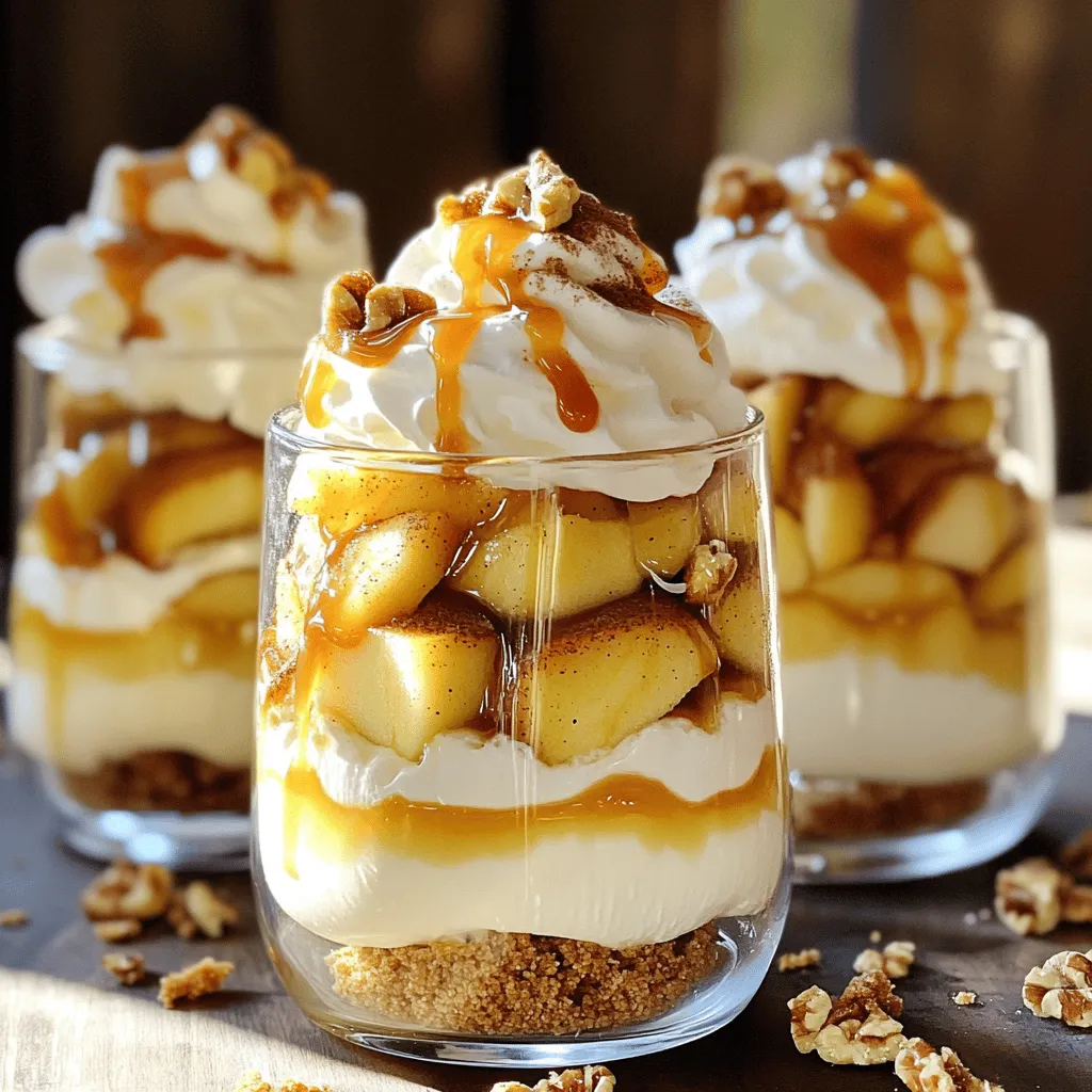 Here are the ingredients you will need to make Caramel Apple Cheesecake Parfaits: - 2 large apples, peeled and diced - 2 tablespoons butter - 1 teaspoon cinnamon - 1 tablespoon brown sugar - 1 cup cream cheese, softened - 1 cup heavy whipping cream - 1/2 cup powdered sugar - 1 teaspoon vanilla extract - 1 cup graham cracker crumbs - 1/2 cup caramel sauce - Chopped walnuts for garnish (optional) These simple ingredients create a rich and tasty dessert. The apples bring a fresh crunch, while the cream cheese adds creaminess. The graham cracker crumbs give a nice texture, and the caramel sauce ties it all together. You can be creative with the optional walnuts for added flavor. Each ingredient plays a key role in making this treat special. - Cooking Method: First, grab a skillet and set it on medium heat. Melt the butter in the skillet. Add the diced apples, cinnamon, and brown sugar. Stir them well. Cook for 5 to 7 minutes until the apples become soft and sweet. They should look golden and caramelized. - Cooling Time: Once cooked, take the skillet off the heat. Let the apples cool for about 10 minutes. This step is important. Cool apples help keep the layers from melting. - Mixing Techniques: In a mixing bowl, use a hand mixer to beat the softened cream cheese. Mix it until it is smooth and creamy. This may take a couple of minutes. - Combining Ingredients: Gradually add the powdered sugar and vanilla extract. Keep mixing until everything is well combined. In another bowl, whip the heavy cream until it forms stiff peaks. This means it should stand up when you lift the whisk. Gently fold the whipped cream into the cream cheese mixture. Make sure there are no lumps. - Layering Order: Begin by adding a layer of graham cracker crumbs at the bottom of each glass. Next, add a layer of the cream cheese mixture on top of the crumbs. Follow this with a layer of the caramelized apples. Drizzle some caramel sauce over the apples. - Presentation Tips: Repeat the layers until the glasses are full. Finish with a layer of the cream cheese mixture on top. Drizzle more caramel sauce over this layer. If you like, sprinkle chopped walnuts for a nice crunch. Chill the parfaits in the refrigerator for at least 30 minutes. This helps the flavors mix well together. Alternative Cooking Methods You can use an oven if you want. Preheat it to 350°F. Spread the apples on a baking sheet. Bake for about 15 minutes. This method gives a different texture. You will find it just as delightful. Adjusting Sweetness If you prefer less sweetness, reduce the brown sugar. Taste the apples as you cook. You can always add more sugar if needed. Honey or maple syrup can also work. These options can give a unique flavor twist. Consistency Tips Make sure the cream cheese is soft. Leave it out for 30 minutes. This helps mix it easily. Beat it until smooth, with no lumps. The goal is a creamy texture for your dessert. Substitutions for Cream Cheese If you want a lighter mix, use Greek yogurt. It will change the flavor slightly but stays creamy. Vegan cream cheese works well too. Check for the right consistency when you mix. Glassware Choices Use clear glasses for a stunning look. Trifle dishes or mason jars work great. They show off the layers nicely. Make sure each glass is the same size for uniformity. Garnishing Ideas Top with extra caramel sauce for sweetness. A sprinkle of cinnamon can add warmth. Chopped walnuts give a nice crunch. You can also add whipped cream for extra flair. {{image_2}} You can swap apples for other fruits. Pears add a soft, sweet touch. Peaches give a fresh, juicy flavor. Berries can add a tart kick. Just adjust the cooking time for softer fruits. Think beyond caramel and apples! Chocolate adds a rich twist. Pumpkin spice gives a cozy, fall feel. You can mix in some peanut butter for a nutty flavor. Try adding a hint of almond extract for a different taste. You can make this dessert fit your diet. For vegan options, use coconut cream instead of heavy cream. Replace cream cheese with a vegan alternative. To make it gluten-free, use gluten-free graham crackers. These tweaks keep the taste great! - Container Recommendations: Use airtight containers to keep the parfaits fresh. Glass or plastic containers work well. - Refrigeration Guidelines: Store in the fridge for best results. Make sure they are sealed tight to prevent air from getting in. - Best Practices for Freezing Parfaits: I do not recommend freezing these parfaits. The texture changes when thawed. If you must freeze, separate the layers. Freeze the cream cheese mixture and the fruit separately. - How Long Will They Last?: In the fridge, these parfaits last about three days. After that, the apples may lose their crunch and the cream may get watery. Enjoy them fresh for the best taste! Yes, you can make these parfaits a day in advance. Just store them in the fridge. This helps the flavors blend nicely. I recommend assembling them in glass containers. This way, they stay fresh and tasty. To keep apples from browning, you can use lemon juice. Just squeeze some on the diced apples right after cutting. You can also soak them in a mix of water and lemon juice for a few minutes. This trick keeps your apples looking fresh and bright. If you need a substitute for heavy whipping cream, try using coconut cream. It gives a rich texture and adds a hint of coconut flavor. You can also use silken tofu blended until smooth for a dairy-free option. Both choices work well in this recipe. Absolutely! If you want a different crust, consider using crushed cookies like Oreos or vanilla wafers. You can also try a nut-based crust for a gluten-free option. Each crust brings its unique taste to the parfaits. This recipe can be adapted for various dietary needs. For a gluten-free version, use gluten-free graham cracker crumbs. You can also make it vegan by replacing dairy products with plant-based alternatives. Just ensure all ingredients fit your dietary requirements. This recipe for Caramel Apple Cheesecake Parfaits included tasty ingredients and clear steps. You learned how to make and assemble the parfaits perfectly. Using tips for cooking apples and mixing cream cheese can help too. Feel free to adjust ingredients to fit your diet or taste. Remember, these parfaits store well and can last for days. This dessert is easy and delicious for any occasion. Try different fruits or flavors for fun variations. Enjoy making these treats and share them with others!