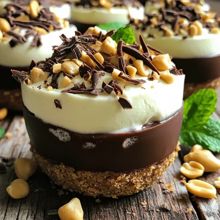 To make Chocolate Peanut Butter Mousse Cups, gather these items: - 1 cup dark chocolate chips - 1 cup heavy cream - 1/2 cup creamy peanut butter - 1/4 cup powdered sugar - 1 teaspoon vanilla extract - Pinch of salt - 1/2 cup crushed graham crackers (for crust) - 2 tablespoons melted butter (for crust) - Chopped peanuts and chocolate shavings for garnish You can swap ingredients if you need. Here are some ideas: - Use milk chocolate chips instead of dark chocolate for a sweeter taste. - Swap heavy cream with coconut cream for a dairy-free option. - Use crunchy peanut butter instead of creamy for extra texture. - If you want less sugar, use sugar-free powdered sugar. - For crust, try using almond flour instead of graham crackers for a gluten-free option. Each serving of these mousse cups has: - Calories: 350 - Total Fat: 25g - Saturated Fat: 15g - Carbohydrates: 30g - Sugars: 15g - Protein: 6g These numbers can change based on substitutions you make. Always check the labels for exact values. Enjoy this rich and creamy treat while being mindful of your choices! Start by making the crust. In a medium bowl, mix the crushed graham crackers with melted butter. Stir until the crumbs are evenly coated. This gives your cups a nice base. Next, take about 1-2 tablespoons of this mixture and spoon it into each serving cup. Press down gently to form a solid bottom. Once done, place these cups in the fridge to set while you prepare the mousse. Now, let’s make the mousse. First, melt the dark chocolate chips. Use a microwave-safe bowl and heat them in 30-second bursts. Stir between each interval until smooth. Let the melted chocolate cool slightly before using. Next, whip the heavy cream in a large bowl until soft peaks form. Slowly add the powdered sugar while whipping until stiff peaks form. In another bowl, mix the creamy peanut butter, vanilla extract, and a pinch of salt until smooth. Gently fold in the melted chocolate, being careful not to deflate the mix. Finally, fold in the whipped cream in three parts. This makes the mousse light and fluffy. Now it’s time to assemble the cups. Spoon or pipe the chocolate peanut butter mousse onto the crusts in each cup. Tap the cups gently to make sure the mousse is even. After that, place the cups back in the refrigerator to chill for at least two hours. This helps the mousse set properly. Before serving, garnish each cup with chopped peanuts and chocolate shavings. This adds flavor and looks great too! To make your mousse rich and fluffy, follow these tips: - Melt the chocolate slowly. Use a microwave in short bursts. Stir often to avoid burning. - Whip the cream until stiff peaks form. This gives the mousse its light texture. - Gently fold in the whipped cream. Use a spatula and mix carefully. This keeps air in the mousse. Presenting your mousse cups well adds to the experience: - Garnish with chopped peanuts and chocolate shavings. This adds crunch and looks nice. - Serve on a decorative plate. A colorful plate makes your dessert pop. - Add fresh mint leaves. They add a touch of green and freshness to your cups. Watch out for these common pitfalls: - Overmixing the mousse. This makes it dense and less fluffy. Mix just until combined. - Not chilling long enough. Let the mousse set for at least 2 hours. This helps it firm up. - Skipping the crust. The crust adds flavor and texture. Don't skip this step! {{image_2}} You can switch up the flavors in your mousse cups. Here are some fun ideas: - Mint Chocolate: Add a few drops of mint extract to the chocolate mix. This gives a fresh twist. - Coffee Lovers: Mix in a teaspoon of instant coffee with the chocolate. It adds depth and richness. - Nutty Delight: Use almond butter instead of peanut butter. It adds a unique, nutty taste. - Spicy Kick: A pinch of cayenne pepper can spice things up. It pairs well with chocolate. You can easily modify this recipe to fit different diets. Here are some options: - Vegan: Use coconut cream instead of heavy cream. Swap dark chocolate for vegan chocolate. Choose a plant-based butter for the crust. - Gluten-Free: Use gluten-free graham crackers in the crust. This keeps the recipe safe for gluten-free eaters. - Low-Sugar: Substitute powdered sugar with a low-calorie sweetener. This cuts down on sugar without losing flavor. Garnishes make your mousse cups look fancy! Here are some great ideas: - Chopped Nuts: Sprinkle chopped peanuts on top for crunch. - Chocolate Shavings: Use a vegetable peeler to create chocolate curls for a beautiful finish. - Fresh Berries: Add raspberries or strawberries for a pop of color and freshness. - Mint Leaves: A sprig of mint adds color and a fresh aroma. Store your chocolate peanut butter mousse cups in the fridge. Use an airtight container to keep them fresh. If you don’t have a container, cover each cup with plastic wrap. This will help prevent them from absorbing other smells in the fridge. These mousse cups last about 3 days in the fridge. Keep an eye on them for any changes in texture or smell. If you notice any changes, it’s best to toss them out. For the best taste, try to eat them within this time. You don’t need to heat mousse cups. They taste best cold and smooth. Just take them out of the fridge when ready to serve. You can add fresh toppings like chopped peanuts or chocolate shavings at this time for extra flair. Enjoy the rich, creamy treat straight from the fridge! Yes, you can use other types of chocolate. Dark chocolate gives a rich taste. Milk chocolate adds sweetness. White chocolate creates a creamier flavor. Choose what you like best. Each type will change the mousse's taste and texture. Experiment to find your favorite! You can make these mousse cups a day or two ahead. After assembling, cover the cups with plastic wrap. Store them in the fridge. This will let the flavors blend. It also helps the mousse set perfectly. Just add the toppings right before serving for a fresh look. If you need a substitute for peanut butter, try almond butter or cashew butter. Sunflower seed butter works well too. These options keep the creamy texture. They also add unique flavors. Make sure to choose a creamy variety for the best results. In this guide, we covered the rich ingredients and made chocolate peanut butter mousse cups easy to prepare. You now know how to make the crust, mousse, and assemble them. I shared tips to perfect your mousse and avoid common mistakes. You can also explore flavor variations and dietary swaps. Remember to store your mousse cups correctly for the best taste. Enjoy your delicious treat as you impress family and friends. Making this dessert is simple, fun, and rewarding!