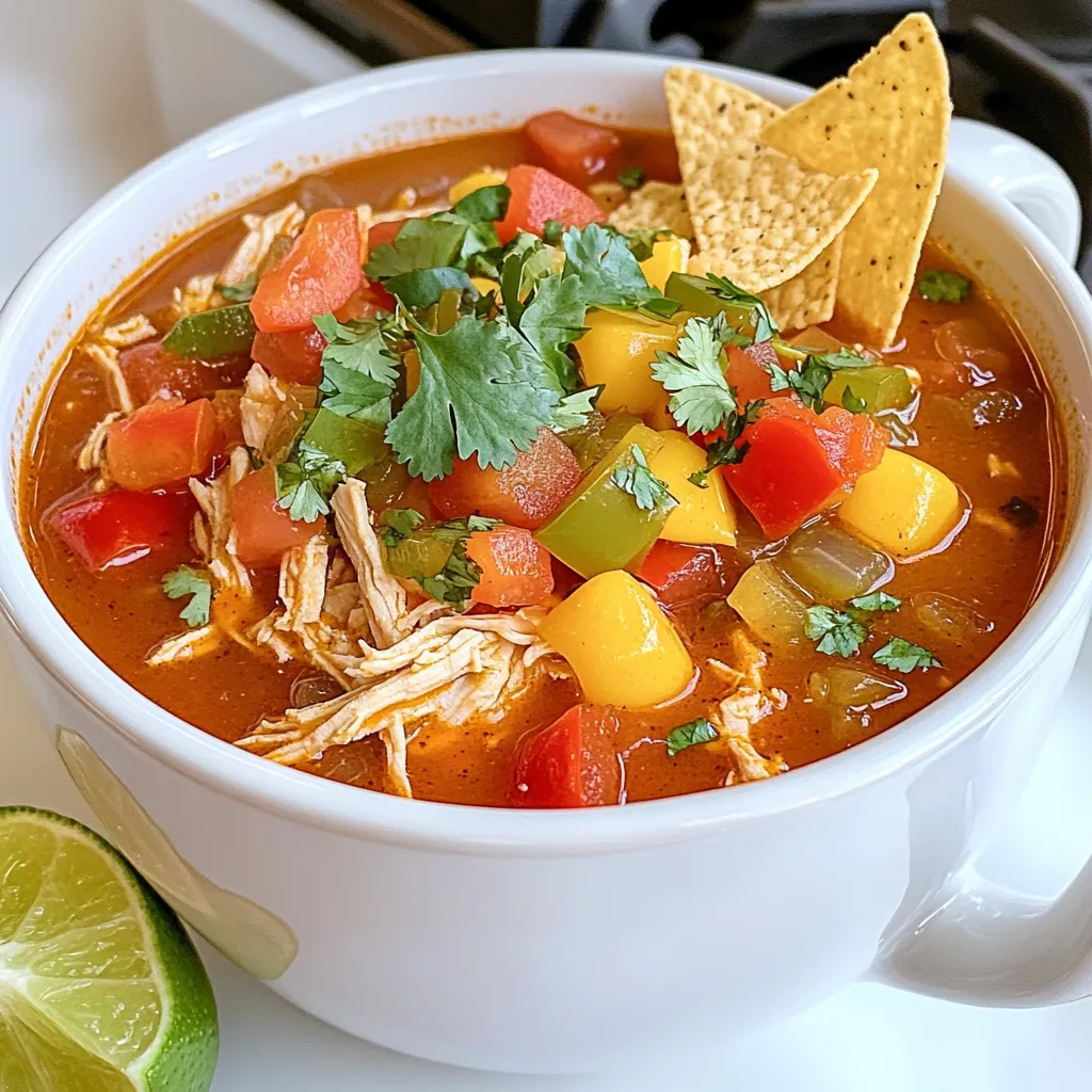To make a tasty chicken tortilla soup, gather these key ingredients: - 1 lb chicken breasts (boneless, skinless) - 4 cups chicken broth - 1 can (15 oz) diced tomatoes - 1 can (15 oz) black beans, drained and rinsed - 1 can (4 oz) diced green chilies - 1 medium onion, diced - 2 cloves garlic, minced - 1 bell pepper (red or green), diced - 1 teaspoon ground cumin - 1 teaspoon chili powder - 1 teaspoon smoked paprika - ½ teaspoon oregano - Salt and pepper to taste - Juice of 1 lime - Tortilla chips, for serving These ingredients blend well to create a flavorful soup. The chicken provides protein, while the beans add fiber. The spices bring warmth and depth. Adding toppings makes the soup even better. Here are some great options: - Shredded cheese - Avocado slices - Sour cream - Fresh cilantro These toppings add creaminess and freshness. You can mix and match to find your favorite combo. Not all ingredients are a must. Here are some good swaps: - Use vegetable broth instead of chicken broth for a lighter taste. - Swap chicken for turkey if you have it. - Canned corn can replace black beans for sweetness. - Try lime juice from a bottle if you don’t have fresh limes. Feel free to adjust based on what you have at home. Cooking should be fun and flexible! First, gather your ingredients. You will need: - 1 lb chicken breasts (boneless, skinless) - 4 cups chicken broth - 1 can (15 oz) diced tomatoes - 1 can (15 oz) black beans, drained and rinsed - 1 can (4 oz) diced green chilies - 1 medium onion, diced - 2 cloves garlic, minced - 1 bell pepper (red or green), diced - 1 teaspoon ground cumin - 1 teaspoon chili powder - 1 teaspoon smoked paprika - ½ teaspoon oregano - Salt and pepper to taste - Juice of 1 lime - Tortilla chips, for serving - Optional toppings: shredded cheese, avocado, sour cream, cilantro Start by placing the chicken breasts at the bottom of your slow cooker. This helps keep them moist. Next, pour the chicken broth over the chicken. Then add the diced tomatoes and black beans. Don’t forget the green chilies, onion, garlic, and bell pepper. Finally, sprinkle in the spices: cumin, chili powder, smoked paprika, and oregano. Season with salt and pepper. After adding all the ingredients, stir gently to mix. Cover the slow cooker and set it to cook. You can choose low for 6-7 hours or high for 3-4 hours. The chicken should be tender when done. Once the cooking time is up, carefully remove the chicken breasts. Use two forks to shred them. Return the shredded chicken to the slow cooker. Stir in the lime juice for a zesty kick. If needed, adjust the seasoning. Let it cook for another 10-15 minutes. Serve the soup hot in bowls, over a handful of tortilla chips for that perfect crunch. Enjoy your delicious chicken tortilla soup! To boost the flavor of your soup, consider these tips: - Use fresh herbs: Add cilantro just before serving. - Citrus zest: Grate some lime zest into the soup for brightness. - Extra spice: For more heat, add sliced jalapeños. These small tweaks make a big difference. Store your soup in airtight containers. It lasts up to four days in the fridge. Freeze portions for up to three months. To reheat, warm it on the stove over low heat. Stir often to keep it from sticking. You can also use the microwave for quick meals. Prep the night before to save time. Chop the veggies and measure the spices. Place everything in the slow cooker and refrigerate. In the morning, just add the chicken and broth. This makes your dinner ready to go with little effort! {{image_2}} You can boost the nutrition of your Chicken Tortilla Soup. Add extra veggies like corn, zucchini, or carrots. They make the soup more colorful and tasty. Just chop them up and add them with the other ingredients. You can even use a mix of fresh and frozen veggies for ease. Each vegetable adds its own flavor and texture. This makes every bowl unique and fun. If you like heat, spice up your soup! You can add more diced green chilies or use fresh jalapeños. For an extra kick, include cayenne pepper or hot sauce. Start with a little and taste as you go. You can always add more, but you can’t take it out! This way, you control the spice level to suit your taste. A spicy kick can make your soup even more exciting. You can easily make this soup vegetarian or vegan. Just replace the chicken with tofu or tempeh. Use vegetable broth instead of chicken broth. You can still enjoy the same great flavors. Just add more beans or lentils to keep it hearty. This way, everyone can enjoy a warm bowl of soup. It’s a great way to cater to different diets while keeping it delicious. Pair Chicken Tortilla Soup with simple sides for a tasty meal. I love serving it with warm, crusty bread. This bread soaks up the broth well. You can also add a fresh salad. A light green salad with lime dressing works wonders. Nachos are another fun side. They add crunch and flavor that everyone enjoys. Beverages can make your meal even better. I recommend a cold soda or iced tea. Both drinks refresh your palate. If you want something stronger, try a light beer or margarita. The citrus in the drink matches the soup’s lime juice. For non-alcoholic options, a fruity mocktail fits perfectly. Make serving special by using fun bowls. Bright, colorful bowls can lift spirits. You can layer tortilla chips at the bottom. Then, top with soup and any toppings you like. Serve with a lime wedge on the side. This adds a fresh twist. You can even set up a toppings bar. Let everyone pick their favorite toppings. This way, everyone enjoys their soup just the way they like it! Yes, you can use frozen chicken. Just add a bit more cooking time. If you cook on low, aim for 8 hours. For high, try 4-5 hours. The chicken will still turn out tender and juicy. Just make sure to check that it reaches 165°F for safety. To store leftovers, let the soup cool first. Then, place it in an airtight container. You can keep it in the fridge for up to 4 days. If you want to store it longer, freeze it. It can last up to 3 months in the freezer. Just remember to label the container with the date. Yes, you can make this soup on the stove! Start by sautéing the onion and garlic in a pot. Then, add the chicken, broth, and other ingredients. Simmer it for about 30-40 minutes. When the chicken is cooked, shred it and return it to the pot. Enjoy your home-cooked meal! Chicken tortilla soup combines simple ingredients with easy steps for great taste. We covered key ingredients and toppings, plus swaps for what you have. I shared how to prepare, cook, and serve the soup using a slow cooker. You now have tips to boost flavor and save time. Remember, this dish adapts well for different veggies and spice levels. Enjoy pairing it with your favorite sides and drinks. Have fun making this warm and tasty meal!