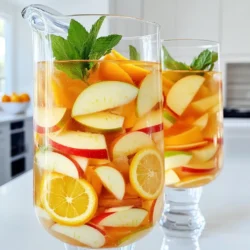 To make a tasty Apple Cider Sangria Mocktail, you need these main ingredients: - 4 cups apple cider - 2 cups sparkling water (or club soda) - 1 cup orange juice - 1 apple, cored and sliced - 1 orange, thinly sliced - 1 lemon, thinly sliced - 1 teaspoon cinnamon - 1/2 teaspoon nutmeg These ingredients create a refreshing drink. The apple cider gives a sweet base. The sparkling water adds fizz. Orange juice brings a bright flavor. The fruit slices make it pretty and tasty. You can add some fun garnishes to your mocktail. Fresh herbs like mint or thyme work well. They add a nice aroma and flavor. You can also try adding extra fruit slices. Consider using berries or peaches for a twist. If you want a sweeter drink, add a splash of honey or agave syrup. You can easily change some ingredients if you want. If you can't find apple cider, use white grape juice instead. For a low-calorie option, choose diet soda instead of sparkling water. If you prefer a different citrus flavor, swap out orange juice for lemon or lime juice. Each change will give your drink a unique taste. Start by getting a large pitcher. Pour in 4 cups of apple cider. Then, add 1 cup of orange juice. Use a spoon to mix them well. This creates a sweet and tangy base for your mocktail. Next, take 1 teaspoon of cinnamon and 1/2 teaspoon of nutmeg. Sprinkle these spices into the pitcher. Stir until you can't see any dry spice. This step adds warmth and depth to the flavor. Now, slice 1 apple, 1 orange, and 1 lemon. Gently fold the fruit slices into your mixture. Let it sit for about 15 minutes. This waiting time allows the flavors to blend. Just before you serve, add 2 cups of sparkling water. Stir gently to keep the bubbles. Pour the mocktail into glasses filled with ice. Finish with fresh herbs for a lovely look and smell. Enjoy your refreshing drink! To boost the flavor of your Apple Cider Sangria Mocktail, think about layering. Use fresh apple and orange juice. This adds a bright taste. You can also try mixing in pomegranate juice for a sweet twist. A splash of cranberry juice brings a tart note. Spice it up with a pinch of ground ginger or cloves. These small changes can make a big impact. Presentation matters! Use clear glasses to show off the colors. Choose tall glasses for a stunning look. Add ice cubes before pouring in the drink. This keeps it cool and refreshing. Garnish with fresh herbs like mint or thyme. The green adds a beautiful touch. You can also add a slice of apple or orange to the rim. This makes each drink pop! To keep your mocktail bubbly, add sparkling water at the end. Stir gently to avoid losing fizz. If you want more bubbles, use club soda instead of still water. Make sure the sparkling water is cold. This helps maintain the fizz longer. Serve right after mixing for the best experience. Enjoy the refreshing taste and delightful bubbles! {{image_2}} You can change the fruit in your Apple Cider Sangria Mocktail. Try using pears for a sweet twist. Pomegranate seeds add a pop of color and flavor. Berries like strawberries or blueberries work great too. Each fruit will bring its own taste and charm. Seasonal fruits make your drink fresh and fun! Spices add warmth and depth to the mocktail. While cinnamon and nutmeg are classic, you can try allspice for a unique touch. Ginger adds a zing that pairs well with apples. Cardamom gives a fragrant flavor that can surprise your taste buds. Don't be afraid to mix and match spices for your perfect blend! To make a slushy version, freeze some apple cider in ice cube trays. Blend the frozen cider with the other ingredients. This creates a frosty drink that is fun and refreshing. You can also add ice to a blender for a smooth texture. Serve it in a tall glass for a cool treat on hot days! After making your Apple Cider Sangria Mocktail, you may have some left. Store leftovers in a clean, airtight container. This keeps the flavors fresh. Place the container in the fridge. Avoid adding sparkling water until you are ready to drink. This helps keep the bubbles intact. You can store the mocktail in the fridge for up to three days. After that, the flavors may fade. The fruits may also become mushy. If you see any changes in color or smell, it’s best to toss it out. Don't waste any leftover fruits or spices! Use leftover apple and orange slices in salads. They add great taste and color. You can also use the spices in oatmeal or baked goods. Mix cinnamon with sugar for a tasty topping. This way, you enjoy all your ingredients fully. Yes, you can prepare the base mix ahead. Combine apple cider, orange juice, cinnamon, and nutmeg. Mix well and store in the fridge. Wait to add the sparkling water until just before serving. This keeps it fizzy and fresh. You can add the fruits a few hours in advance too. Letting them soak adds great flavor. Just remember, the longer they sit, the more the flavors blend! This mocktail shines at many events! Serve it at fall parties or holiday gatherings. It’s great for Thanksgiving or Halloween. Kids and adults both enjoy it, making it perfect for family events. Try it at picnics or backyard barbecues, too. Its bright flavors and refreshing taste fit any warm day. You can also serve it at cozy movie nights at home. Absolutely! Apple cider is rich in antioxidants. It can help support your immune system. The orange juice adds vitamin C for a healthy boost. Apples provide fiber, which is good for digestion. Fresh herbs like mint or thyme can add extra flavor and freshness. Overall, this mocktail combines tasty and healthy ingredients, making it a smart choice for everyone! In summary, we explored the bright world of Apple Cider Sangria Mocktail. We discussed key ingredients and optional garnishes. I shared step-by-step instructions to help you mix it perfectly. Tips and tricks enhance its flavor and presentation. You can even try fun variations or learn storage tips for leftovers. This mocktail is perfect for many occasions, plus it has health benefits. Enjoy creating your unique spin on this tasty drink!