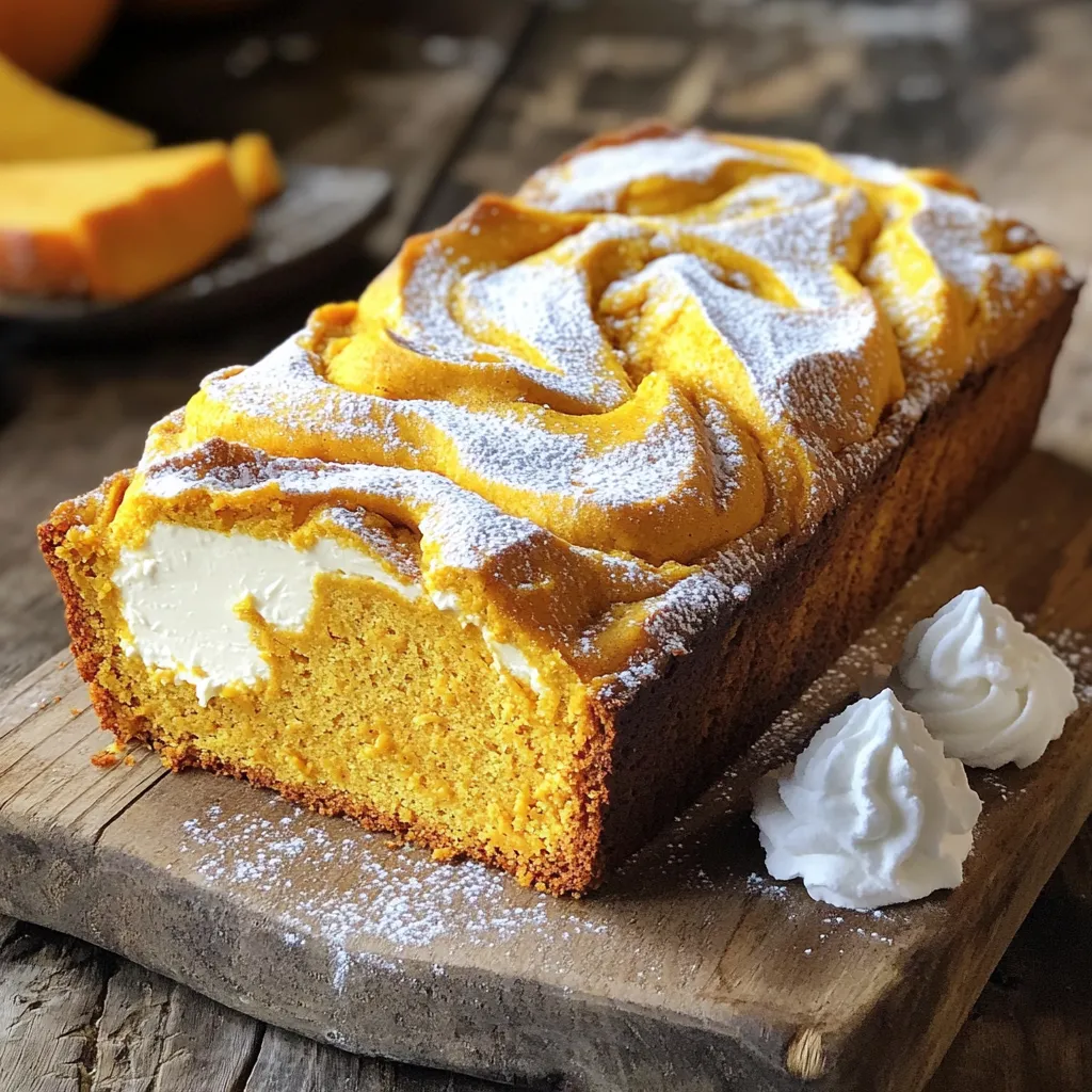 To make a delightful Pumpkin Cream Cheese Loaf, gather the following ingredients: - 1 cup pumpkin puree - 1/3 cup vegetable oil - 1/3 cup unsweetened applesauce - 1 cup granulated sugar - 2 large eggs - 1 teaspoon vanilla extract - 1 1/2 cups all-purpose flour - 1 teaspoon baking soda - 1 teaspoon baking powder - 1 teaspoon ground cinnamon - 1/2 teaspoon ground nutmeg - 1/4 teaspoon ground ginger - 1/4 teaspoon salt - 4 oz cream cheese, softened - 1/4 cup powdered sugar - 1 tablespoon milk - 1/2 teaspoon vanilla extract Each ingredient plays a key role in creating the perfect loaf. The pumpkin puree gives moisture and flavor. Vegetable oil and applesauce keep it soft and light. The eggs help bind everything together. Sugar adds sweetness and depth. Now, the spices bring warmth and comfort. Cinnamon, nutmeg, and ginger create that classic fall taste. Don't forget the cream cheese! It adds a rich, creamy layer that makes each bite special. This combination of ingredients makes the loaf not just tasty, but also moist and rich. Enjoy the process of gathering these items, as you prepare to create a delicious treat! - Preheat the oven to 350°F (175°C). - In a large bowl, mix the wet ingredients. Combine pumpkin puree, vegetable oil, unsweetened applesauce, sugar, eggs, and vanilla extract. Stir until smooth. - In another bowl, whisk together dry ingredients. This includes flour, baking soda, baking powder, cinnamon, nutmeg, ginger, and salt. Mix until well combined. - Add the dry mix to the wet mix. Stir gently until no dry flour is left. Do not over-mix. - In a small bowl, beat the cream cheese with powdered sugar, milk, and vanilla extract. Mix until creamy and smooth. - Pour half of the pumpkin batter into the loaf pan. Add dollops of cream cheese mixture on top. Then layer with the rest of the pumpkin batter. Use a knife to swirl the cream cheese gently into the batter. - Bake in the preheated oven for 60 to 70 minutes. Check with a toothpick. It should come out clean when done. - Once baked, let the loaf cool in the pan for about 15 minutes. Then transfer it to a wire rack. Allow it to cool completely before slicing. - Importance of not over-mixing: When you mix the batter, do it gently. Over-mixing can make the loaf dense. You want a light and fluffy texture. Mix just until no dry flour remains. This keeps your loaf soft. - Swirling technique for marbled effect: To get a beautiful marbled look, use a knife. After layering the batter, gently swirl the cream cheese filling. Make sure you do not mix it in too much. A few swirls will create lovely patterns. - Serving with powdered sugar: For a sweet touch, sprinkle powdered sugar on top. This makes the loaf look fancy and adds a nice taste. - Additional toppings: You can add whipped cream or extra cream cheese on the side. This adds richness and flavor. Consider serving it with a cup of coffee or tea for a perfect treat. - Overbaking issues: Keep an eye on the baking time. If you bake it too long, the loaf can dry out. Check for doneness with a toothpick. If it comes out clean, it’s ready. - Incorrect ingredient measurements: Make sure to measure your ingredients carefully. Too much flour or sugar can change the loaf's texture. Use measuring cups and spoons for best results. {{image_2}} You can switch up the taste of your Pumpkin Cream Cheese Loaf easily. - Adding chocolate chips: Mix in 1 cup of semi-sweet chocolate chips. This makes each slice taste rich and sweet. - Incorporating nuts: Fold in 1/2 cup of chopped walnuts or pecans. They add a nice crunch and flavor. You can also adjust the recipe to fit different diets. - Gluten-free options: Use 1 1/2 cups of gluten-free flour blend. This way, everyone can enjoy this treat. - Vegan variations: Replace the eggs with 1/2 cup of unsweetened applesauce. Use non-dairy cream cheese to keep it vegan. There are fun ways to serve this loaf. - Transform into muffins: Pour the batter into muffin tins. Bake for about 20-25 minutes. You’ll get easy-to-eat pumpkin muffins. - Serve as a dessert sandwich: Slice the loaf and spread some extra cream cheese filling between two slices. This makes a tasty dessert sandwich. After baking, let the loaf cool in the pan for 15 minutes. Then, move it to a wire rack. This helps air circulate and cool the loaf evenly. For storage, use an airtight container. Plastic wrap or foil also works well. Keep the loaf at room temperature if you eat it within a few days. On the countertop, the loaf lasts about 3 days. If you store it in the fridge, it can last up to a week. For longer storage, consider freezing it. Wrap the loaf tightly in plastic wrap. Then, place it in a freezer bag. It can stay fresh for up to 3 months in the freezer. To reheat, slice the loaf first. Place the slices on a microwave-safe plate. Heat for about 15-20 seconds. For a crispier texture, use a toaster oven. Preheat it to 350°F and warm the slices for 5-10 minutes. This keeps the loaf moist while enhancing its flavor. You can use butternut squash puree as a great alternative. You can also use sweet potato puree. Both options add a lovely, sweet flavor and moisture. If you want a lighter option, use mashed bananas. It gives a unique taste and texture to the loaf. Check the loaf at 60 minutes. Insert a toothpick into the center. If it comes out clean, your loaf is ready. If the toothpick has batter on it, bake for an extra 5 to 10 minutes. The top should be golden brown. Yes, you can freeze this loaf. Wrap it tightly in plastic wrap and then in foil. It keeps well for up to three months. Thaw it in the fridge overnight before serving. This makes it easy to enjoy later. The cream cheese filling lasts about a week in the fridge. Store it in an airtight container. If you want to keep it longer, freeze it. Just remember to let it thaw before using it again. Absolutely! You can add cloves or allspice for more warmth. A pinch of cardamom can also add depth. Feel free to adjust the spices according to your taste. Experimenting makes cooking fun! You have learned how to make a delicious Pumpkin Cream Cheese Loaf. We covered the key ingredients, step-by-step instructions, and baking tips. We also explored different flavors, dietary options, and storage methods. By avoiding common mistakes, you can ensure a tasty result every time. Feel free to get creative with your variations and enjoy this treat. Baking should be fun and rewarding. Now, it's time to bake and share this delightful loaf with others.