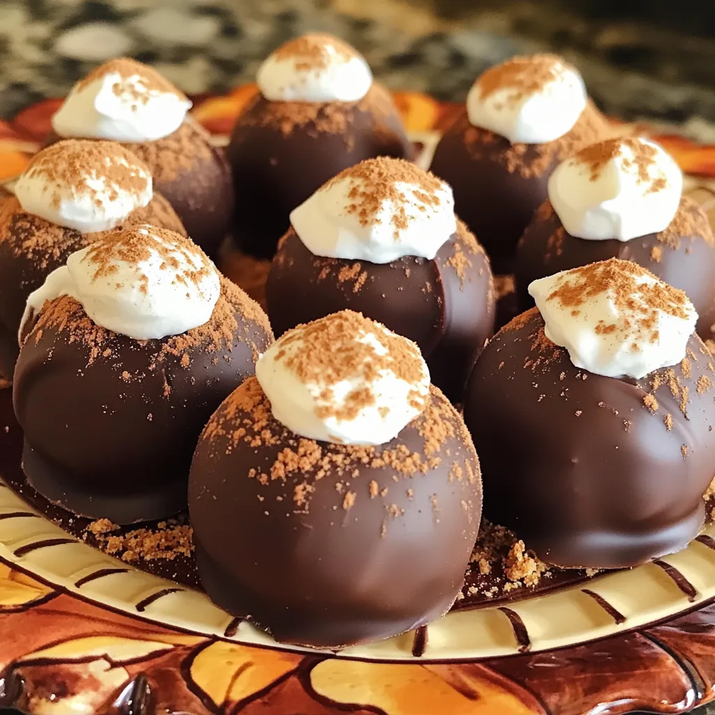 To make Chocolate Pumpkin Cheesecake Truffles, you need fresh and simple ingredients. Here’s what you will need: - 1 cup pumpkin puree - 8 oz cream cheese, softened - 1/2 cup powdered sugar - 1 tsp vanilla extract - 1/2 tsp cinnamon - 1/4 tsp nutmeg - 1/4 tsp ginger - 1 cup chocolate chips (dark or semi-sweet) - 1/2 cup graham cracker crumbs - Pinch of salt Each ingredient adds its own magic to the truffles. The pumpkin puree gives a smooth and creamy texture. Cream cheese adds richness, while powdered sugar sweetens the mix. Spices like cinnamon, nutmeg, and ginger bring warmth and depth, making each bite special. You can choose dark or semi-sweet chocolate chips to coat the truffles, adding a rich chocolate flavor. Lastly, graham cracker crumbs add a nice crunch. This mix creates a treat that is both tasty and fun to eat. First, grab a large mixing bowl. In this bowl, mix 8 oz of softened cream cheese with 1 cup of pumpkin puree. Use an electric mixer to beat them together. You want a smooth and creamy texture. Next, add 1/2 cup of powdered sugar, 1 tsp of vanilla extract, 1/2 tsp of cinnamon, 1/4 tsp of nutmeg, and 1/4 tsp of ginger. Don’t forget a pinch of salt to enhance the flavors. Mix it all thoroughly until you have a smooth filling. Now, cover the bowl with plastic wrap. Place it in the fridge for about 1 hour. This chilling helps the mixture firm up, making it easier to shape later on. Once the mixture is chilled, it’s time to shape the truffles. Use a small cookie scoop or your hands to form balls. Aim for about 1 inch in diameter. Place each ball on a baking sheet lined with parchment paper. After shaping all the truffles, freeze them for about 30 minutes. This step ensures they become firm and hold their shape when dipped in chocolate. While the truffles freeze, melt 1 cup of chocolate chips in a microwave-safe bowl. Heat them in 30-second intervals, stirring after each interval until smooth. When the chocolate is ready, take the truffles out of the freezer. Quickly dip each truffle into the melted chocolate. Use a fork to help coat them evenly. Let any excess chocolate drip off before moving to the next step. Finally, roll the dipped truffles in 1/2 cup of graham cracker crumbs. This adds a nice crunch and flavor. Place the coated truffles back on the parchment-lined baking sheet. Refrigerate them for about 15-20 minutes, or until the chocolate sets completely. Enjoy your delicious creations! To get the right firmness for your truffles, chill the mixture well. After mixing, cover the bowl and refrigerate for one hour. This step helps the truffles hold their shape. When combining ingredients, use an electric mixer. Beat the cream cheese and pumpkin until smooth. Then, slowly add the powdered sugar and spices. This method ensures a creamy and well-blended filling. For a smooth chocolate coating, melt chocolate chips carefully. Use a microwave-safe bowl and heat in 30-second intervals. Stir between each heating to avoid burning. A fork works great for dipping the truffles. It helps to cover them evenly. Allow excess chocolate to drip back into the bowl. This keeps the coating neat and prevents clumps. When serving the truffles, arrange them on a nice platter. Sprinkle extra graham cracker crumbs around them for a festive look. You can also top them with a small dollop of whipped cream. A sprinkle of cinnamon adds a nice touch and mimics cheesecake. This way, your truffles look as good as they taste! {{image_2}} You can change up the flavor of your truffles in fun ways. One great option is using a white chocolate coating instead of dark or semi-sweet chocolate. This gives a nice contrast to the pumpkin flavor. You can also add flavor extracts, like almond or orange, to the cream cheese mixture. Just a few drops can make a big difference! Using different spices can also help. Try adding a pinch of allspice or cloves for a warm twist. If you want vegan truffles, swap cream cheese for a vegan cream cheese. Use maple syrup in place of powdered sugar for sweetness. For a gluten-free version, just use gluten-free graham cracker crumbs. It's easy to make these treats fit your needs! These truffles can fit any season. For the holidays, try adding peppermint extract for a festive flavor. You can also customize them for special occasions by rolling them in colored sprinkles or even crushed nuts. The options are endless! To keep your truffles fresh, store them in the refrigerator. Place them in an airtight container. This keeps moisture out and helps them stay tasty. You can also layer parchment paper between truffles to avoid sticking. If you want to store them for a longer time, freezing is best. Place the truffles on a baking sheet lined with parchment paper. Freeze them until firm, then transfer them to a freezer-safe bag. This helps keep the flavor and texture. When stored properly, these truffles can last about one week in the fridge. They stay fresh and tasty, but you may notice changes over time. If you see any discoloration, smell an off odor, or find a change in texture, it’s best to throw them away. These truffles taste best when served chilled. Just take them out of the fridge right before serving. If you freeze them, let them thaw in the fridge for a few hours before serving. This keeps them smooth and creamy, just like when you first made them. Chocolate Pumpkin Cheesecake Truffles can last up to one week in the fridge. Store them in an airtight container to keep them fresh. If you want to keep them longer, you can freeze them. They will stay good in the freezer for about three months. Just make sure to wrap them well to avoid freezer burn. Yes, you can use fresh pumpkin. Fresh pumpkin gives a more vibrant flavor and texture. However, it requires more prep time. You need to roast or steam the pumpkin first, then puree it. Canned pumpkin is convenient and saves time, but it may be less fresh in taste. Both options work well, depending on your preference. If you need a substitute for cream cheese, you can use Greek yogurt or mascarpone cheese. Greek yogurt makes the truffles lighter and adds some tanginess. Mascarpone cheese gives a rich and creamy texture similar to cream cheese. You can also try vegan cream cheese for a dairy-free option. Yes, these truffles can fit a gluten-free diet. Just make sure to use gluten-free graham cracker crumbs. Many brands offer gluten-free options that taste great. The other ingredients, like pumpkin and cream cheese, are naturally gluten-free. Always check labels to ensure your ingredients are safe. In this post, we explored how to make delicious Chocolate Pumpkin Cheesecake Truffles. We covered key ingredients, detailed steps for preparation and forming, and tips for perfecting texture and coating. You learned about creative variations and essential storage tips. Now you have all the tools to create these tasty treats. Enjoy experimenting and sharing your truffles with friends and family. They will love the blend of pumpkin, cream cheese, and chocolate. Happy truffle making!