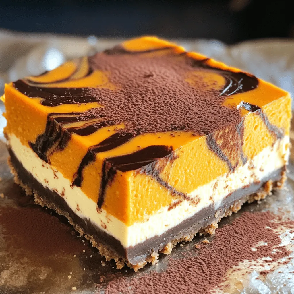 To make the pumpkin chocolate swirl cheesecake, you will need: - 1 ½ cups graham cracker crumbs - ½ cup unsalted butter, melted - 2 tablespoons sugar - 16 oz cream cheese, softened - 1 cup sugar - 1 teaspoon vanilla extract - 2 large eggs - 1 cup pumpkin puree - 1 teaspoon pumpkin pie spice - ½ cup semi-sweet chocolate chips, melted - 2 tablespoons cocoa powder You can enhance your cheesecake with these toppings: - Whipped cream - Chocolate drizzle - Crushed graham crackers - Chopped nuts If you need to adjust for allergies, consider these swaps: - For gluten-free, use gluten-free graham crackers. - For dairy-free, try vegan cream cheese and butter. - You can use maple syrup instead of sugar for a healthier twist. These ingredients come together to create a rich, creamy dessert that is perfect for any occasion. Enjoy creating this delightful cheesecake! Preheat your oven to 325°F (160°C). In a medium bowl, mix these items together: - 1 ½ cups graham cracker crumbs - ½ cup unsalted butter, melted - 2 tablespoons sugar Stir until the mixture looks like wet sand. Next, press the crust mixture firmly into the bottom of a 9-inch springform pan. Bake the crust for 10 minutes. Once baked, take it out and let it cool completely. In a large bowl, beat 16 oz of softened cream cheese with 1 cup of sugar. Blend until smooth and creamy. Add 1 teaspoon of vanilla extract and mix well. Then, add 2 large eggs, one at a time. Blend until just combined, being careful not to over-mix. Next, divide the mixture into two bowls. In one bowl, stir in 1 cup of pumpkin puree and 1 teaspoon of pumpkin pie spice. In the second bowl, mix in ½ cup of melted semi-sweet chocolate chips and 2 tablespoons of cocoa powder. This gives you both pumpkin and chocolate flavors. Start by pouring spoonfuls of the pumpkin filling over the cooled crust. Follow this with spoonfuls of the chocolate filling. Use a toothpick or a knife to gently swirl the two mixtures together. This creates a lovely marbled effect. Place the springform pan in the preheated oven. Bake the cheesecake for about 50 to 60 minutes. The center should be set but still slightly jiggly. Once done, turn off the oven and crack the door slightly. Let the cheesecake cool in the oven for one hour. This helps prevent cracks. After cooling, refrigerate the cheesecake for at least 4 hours. For the best results, chill it overnight. This helps the cheesecake set completely. When ready to serve, remove the springform pan. Slice into wedges for serving. Enjoy! To avoid cracks on your cheesecake, keep these tips in mind: - Use room temperature cream cheese. Cold cheese can cause lumps. - Mix gently to avoid incorporating too much air. Air can create cracks. - Bake your cheesecake in a water bath. This helps with even cooking. For a creamy consistency, follow these steps: - Beat the cream cheese and sugar until smooth. This takes time, so be patient. - Add the eggs slowly, mixing just until combined. Over-mixing can lead to a dense texture. - Let the cheesecake cool gradually in the oven. This helps prevent sudden temperature changes. For toppings, I recommend: - Whipped cream on top for a light touch. - Chocolate drizzle for a rich, sweet flavor. For special occasions, consider these presentation ideas: - Serve slices on elegant plates with fresh berries. - Dust the top with cocoa powder or powdered sugar for a beautiful finish. You will need these kitchen tools: - A 9-inch springform pan for easy removal. - An electric mixer for smooth filling. - A rubber spatula for scraping down the bowl. I suggest the following brands: - KitchenAid for mixers, known for their durability. - Fat Daddio's for springform pans, as they are leak-proof and reliable. {{image_2}} You can change the flavors in your cheesecake. Instead of pumpkin and chocolate, try other fruit purees. For example, use ripe bananas or sweet apples. You can also use mashed berries for a fruity twist. Adjust the spices to match your new flavors. If you use apples, add cinnamon for warmth. For bananas, vanilla and nutmeg work great. Experiment and find your favorite mix! If you need gluten-free options, change the crust. Use almond flour or gluten-free cookie crumbs. Combine them with melted butter and a bit of sugar. This mix will hold together well. For those who want dairy-free or vegan options, swap the cream cheese. Look for plant-based cream cheese or silken tofu. You can also use coconut cream for a rich taste. These swaps help everyone enjoy this cheesecake! To keep your pumpkin chocolate swirl cheesecake fresh, store it in the fridge. Use a cake cover or plastic wrap to seal it tightly. This will help prevent it from absorbing other smells. If you want to keep it longer, you can freeze it. First, let it cool completely. Then, wrap it in plastic wrap and foil. This helps keep moisture in and protects it from freezer burn. When you want to enjoy it again, just take it out and let it thaw in the fridge overnight. Your cheesecake will last in the fridge for about 5 to 7 days. Make sure to check for any signs of spoilage. If it looks dry or has a strange smell, it’s best to toss it. If you see any mold, do not eat it. Freshness is key for a great taste. Always trust your senses; they will guide you well! Yes, you can use fresh pumpkin. To prepare fresh pumpkin, start by selecting a sugar pumpkin. Cut it in half and scoop out the seeds. Roast the halves at 350°F (175°C) for about 45 minutes or until soft. Let it cool, then scoop the flesh into a bowl and mash it until smooth. Measure out 1 cup for your cheesecake. To check if your cheesecake is done, look for a slight jiggle in the center. The edges should be set, while the middle will still move a little. The cheesecake continues to cook after you take it out. If the center looks wet, it needs more time. Yes, this cheesecake is great to make ahead. You can prepare it a day or two in advance. Just chill it in the fridge after baking. This allows the flavors to blend well. Remember to cover it with plastic wrap to keep it fresh. A 9-inch springform pan works best for this recipe. It allows easy removal of the cheesecake once it's set. If you don’t have a springform pan, a regular round cake pan will do. Just be careful when serving, as it may stick to the sides. In this blog post, we explored the key ingredients and steps to make a perfect cheesecake. We covered everything from preparing the crust to baking and chilling, ensuring you avoid cracks and achieve that creamy texture. You can also explore different flavors and dietary options to suit your needs. Remember to store your cheesecake properly for the best taste. With the tips and tools we've discussed, you’ll be set for a delicious dessert that impresses everyone. Enjoy your baking adventure!