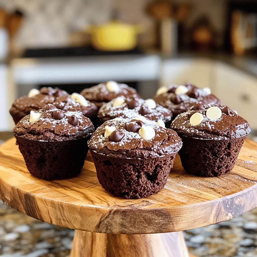 For the best Double Chocolate Brownie Muffins, gather these ingredients: - 1 cup all-purpose flour - ½ cup unsweetened cocoa powder - 1 teaspoon baking powder - ½ teaspoon baking soda - ¼ teaspoon salt - ½ cup unsalted butter, melted - 1 cup granulated sugar - 2 large eggs - 1 teaspoon vanilla extract - ½ cup semi-sweet chocolate chips - ½ cup white chocolate chips Using high-quality cocoa powder makes a big difference. Look for Dutch-processed cocoa for deeper flavor. Fresh chocolate chips also add richness and texture. If you need gluten-free options, use a 1:1 gluten-free flour blend. Brands like Bob’s Red Mill or King Arthur work well. For sugar, try coconut sugar or honey as alternatives. Both sweeteners add unique flavors and can make the muffins a bit healthier. 1. Preheat your oven to 350°F (175°C). This helps your muffins bake evenly. 2. Prepare a muffin tin. Grease it lightly or use muffin liners. This will make it easy to remove the muffins later. 3. Mix dry ingredients. In a medium bowl, whisk together: - 1 cup all-purpose flour - ½ cup unsweetened cocoa powder - 1 teaspoon baking powder - ½ teaspoon baking soda - ¼ teaspoon salt Make sure these ingredients are well combined. This step helps your muffins rise well. 1. Combine wet ingredients. In a large bowl, mix: - ½ cup unsalted butter, melted - 1 cup granulated sugar Stir until smooth and creamy. 2. Add eggs and vanilla. Beat in: - 2 large eggs, one at a time. - 1 teaspoon vanilla extract Mix well after each egg to blend everything. 3. Incorporate dry ingredients. Gradually add the dry mix to the wet mix. Stir just until combined. Be careful not to overmix. Overmixing can make your muffins tough. 4. Fold in chocolate chips. Add: - ½ cup semi-sweet chocolate chips - ½ cup white chocolate chips Gently fold these into the batter for extra chocolaty goodness. 1. Fill muffin cups. Divide the batter evenly among the prepared muffin cups. Fill each about ¾ full. 2. Bake the muffins. Place in the oven and bake for 18-20 minutes. Use a toothpick to check for doneness. Insert it into the center of a muffin. It should come out with a few moist crumbs, but no wet batter. 3. Cool the muffins. Allow them to cool in the pan for about 5 minutes. Then, transfer them to a wire rack to cool completely. These steps make sure your double chocolate brownie muffins turn out rich and delightful every time. Enjoy the process and the delicious results! To achieve the perfect muffin texture, follow these steps: - Use room temperature ingredients. This helps the batter mix better. - Be careful with your mixing. Stir gently until just combined. Overmixing can make muffins tough. You want a light and airy muffin. Presentation matters! Here are some ideas: - Serve your muffins on a nice cake stand. Dust them with powdered sugar or cocoa powder for flair. - Try adding a dollop of whipped cream on top. It makes each bite feel special. - Pair your muffins with a warm drink. Coffee or cold milk works great. The flavors blend well and add joy to your treat. {{image_2}} You can easily change the flavor of your Double Chocolate Brownie Muffins. Here are some fun ideas to try: - Adding nuts: Chopped walnuts or pecans add a nice crunch. Just fold them in with the chocolate chips for extra texture. - Incorporating fruit or spices: Raspberries add a fruity twist. You can also sprinkle in some cinnamon for warmth. These flavors pair well with chocolate! If you have dietary needs, you can still enjoy these muffins with some tweaks: - Vegan adaptations: Replace eggs with flax eggs. Mix one tablespoon of ground flaxseed with three tablespoons of water. Let it sit until it thickens. Use plant-based butter too. - Low-sugar and keto-friendly modifications: Swap granulated sugar for erythritol or stevia. Choose sugar-free chocolate chips to keep your muffins low in carbs. To keep your double chocolate brownie muffins fresh, store them at room temperature. Place them in an airtight container. This helps prevent them from drying out. If you want them to last longer, you can refrigerate them. However, this may change their texture slightly. To maintain freshness, avoid stacking the muffins directly on top of each other. Instead, use parchment paper between layers if you need to stack them. This will help keep them from sticking together. For added flavor, consider placing a slice of bread in the container. It will help keep the muffins moist. Freezing your muffins is easy and a great way to save them for later. First, let the muffins cool completely. Once they are cool, wrap each muffin in plastic wrap. Make sure it is tightly sealed to avoid freezer burn. Next, place the wrapped muffins in a freezer-safe bag or container. Label the bag with the date for easy tracking. To reheat your muffins after freezing, simply remove them from the freezer and unwrap them. You can microwave them for 20–30 seconds or until warm. If you prefer, you can also reheat them in an oven set to 350°F (175°C) for about 10 minutes. Enjoy these delicious muffins warm, and they will taste just like fresh-baked! Can I use different types of chocolate chips? Yes, you can! Feel free to swap semi-sweet chocolate chips with milk chocolate or dark chocolate chips. Each type will give a different flavor and sweetness. You can even mix them for a fun twist. How do I know when my muffins are done baking? To check if your muffins are ready, insert a toothpick into the center. If it comes out with a few moist crumbs, they’re done! If you see wet batter, bake a bit longer. Always trust your nose; the smell is a great clue too! What to do if muffins are too dry or too wet? If your muffins are too dry, they might need more butter or sugar next time. You can also add a bit of yogurt or applesauce for moisture. If they are too wet, they might need a little more flour. Adjust the dry ingredients in small amounts for better results. How to fix overmixed muffin batter? If you mixed too much, the muffins might turn out tough. To fix this, try adding a bit more liquid, like milk or melted butter. This can help loosen the batter. Next time, mix just until combined to keep them fluffy. Overview of calories and macros per serving Each muffin has about 180 calories. They contain 8 grams of fat, 24 grams of carbs, and 3 grams of protein. This gives you a tasty treat that can fit into your diet. Health benefits of cocoa and other ingredients Cocoa is full of antioxidants and can boost your mood. It may even help heart health. Butter adds flavor, while eggs provide protein. Sugar gives a quick energy boost, making these muffins a fun treat! In this post, we explored muffin-making from start to finish. We covered key ingredients, helpful substitutions, and detailed baking steps to ensure success. You learned tips for perfect texture and fun serving ideas. I also shared flavor and dietary variations to fit your needs. Remember, with the right approach, muffins can be a delightful treat for everyone. Enjoy your baking adventure!