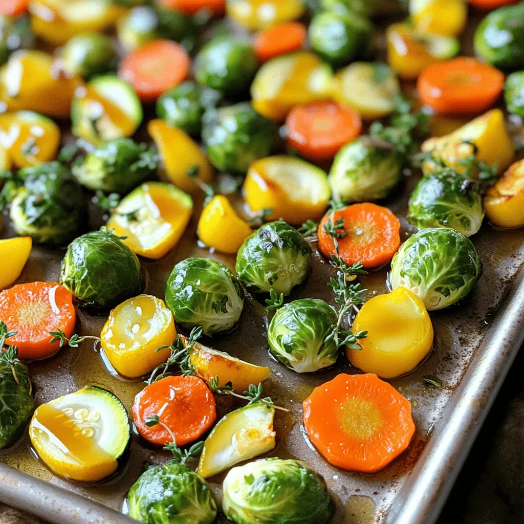 For this Maple Dijon Roasted Veggies Sheet Pan, you will need: - 2 cups Brussels sprouts, halved - 2 cups carrots, sliced into thin rounds - 1 red bell pepper, chopped into bite-sized pieces - 1 yellow zucchini, sliced into half-moons - 1 red onion, quartered These vegetables give a great mix of flavors and colors. Each veggie brings its own unique taste and texture. For the sweet and tangy sauce, gather these items: - 3 tablespoons olive oil - 3 tablespoons pure maple syrup - 2 tablespoons Dijon mustard - 1 teaspoon garlic powder - Salt and pepper to taste This sauce is the star of the dish! It coats the veggies and makes them shine. To finish off the dish, you will need: - Fresh thyme for garnish The thyme adds a lovely herbal note. It brightens the dish and makes it look fresh and inviting. First, set your oven to 425°F (220°C). This high heat gives the veggies a nice roast. Next, grab a large sheet pan and line it with parchment paper. This step helps with cleanup and keeps the veggies from sticking. Now, take a big bowl and add the veggies. Use 2 cups of halved Brussels sprouts, 2 cups of sliced carrots, 1 chopped red bell pepper, 1 sliced yellow zucchini, and 1 quartered red onion. Make sure they are all similar in size. This helps them cook evenly. In a separate bowl, mix together the sauce. You need 3 tablespoons of olive oil, 3 tablespoons of pure maple syrup, and 2 tablespoons of Dijon mustard. Add 1 teaspoon of garlic powder, plus salt and pepper to taste. Whisk everything together until it looks smooth and well-blended. Pour the maple Dijon sauce over the mixed veggies. Toss them well so every piece gets coated. Spread the veggies out on the prepared sheet pan. Keep them in a single layer for the best roast. Place the pan in the oven and roast for 25-30 minutes. Halfway through, give the veggies a toss. They should come out tender and caramelized. When done, let them cool for a couple of minutes. Garnish with fresh thyme before serving. Enjoy your delicious Maple Dijon Roasted Veggies! To get your veggies roasted just right, keep them in a single layer. Crowding the pan can lead to steaming instead of roasting. Toss the veggies halfway through cooking to ensure they brown evenly. This helps all sides get that nice caramel color. Aim for small, uniform pieces for best results. You can swap in other veggies if you don't have the ones listed. Try using sweet potatoes or broccoli for added flavor and texture. Frozen vegetables work too but reduce the cooking time. This way, you can still enjoy a delicious dish without the exact ingredients. To boost the flavor, add fresh herbs like rosemary or parsley. A squeeze of lemon juice adds brightness and balances the sweetness. If you love spice, consider adding red pepper flakes or cayenne. This gives your dish a kick that pairs well with the sweet and tangy sauce. {{image_2}} You can mix and match your veggies. Try adding cauliflower, sweet potatoes, or green beans. These choices bring unique tastes and textures. For a fun twist, add butternut squash for sweetness or asparagus for a fresh bite. Remember to cut all veggies into even sizes. This helps them cook at the same rate. If you prefer more sweetness, add extra maple syrup. Want a tangy kick? Use a bit more Dijon mustard. You can also add a splash of balsamic vinegar for depth. For heat, sprinkle in some red pepper flakes. Taste the sauce before adding it to the veggies. Adjust to your liking for the best flavor. These roasted veggies shine as a side dish. They pair well with grilled chicken, fish, or steak. You can also serve them as a main dish. Just add some cooked quinoa or brown rice. Top with nuts or feta for crunch and flavor. This makes a filling and healthy meal. You can keep leftovers in the fridge. Place the veggies in an airtight container. They stay fresh for up to four days. Make sure to let them cool before sealing. This helps keep them from getting soggy. If you want to store them longer, freeze the veggies. First, let them cool completely. Then, spread them on a baking sheet. Freeze the veggies for about an hour. After that, transfer them to a freezer bag. They can last up to three months in the freezer. Reheating these veggies is simple. You can use the oven or microwave. For the oven, preheat it to 350°F (175°C). Spread the veggies on a baking sheet. Heat for about 10-15 minutes until warm. If using a microwave, place them in a bowl and cover. Heat in short bursts, stirring in between. This way, they warm evenly without drying out. For roasting, I love using Brussels sprouts, carrots, bell peppers, zucchini, and red onion. These veggies caramelize well and get that nice golden color. You can also try sweet potatoes, broccoli, or cauliflower. Each veggie adds its unique taste and texture, making your dish more fun! Yes! This recipe is easy to make vegan. Just check that your maple syrup is pure, and you’re good to go. The veggies and the maple Dijon sauce are already plant-based. You can enjoy it guilt-free while still tasting great! The veggies are done when they are tender and a bit brown. Use a fork to poke them. If it goes in easily, they are ready. Look for that nice caramelized color on the outside. It makes them taste sweet and flavorful! Absolutely! You can use yellow mustard or whole grain mustard if you prefer. Each will give your dish a different taste. Just remember that Dijon mustard has a nice tang, so choose one that fits your flavor. Feel free to experiment! You learned how to make tasty roasted veggies with Maple Dijon sauce. We covered the right vegetables, the delicious sauce, and tips for even roasting. You can also explore flavor variations and smart storage ideas. These simple steps will help you create a meal that's both fun and easy. With these insights, you can enjoy delicious roasted vegetables anytime. Happy cooking!