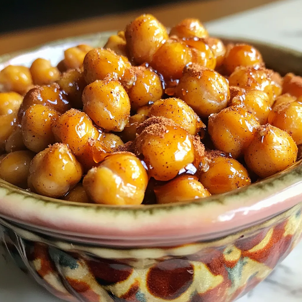 - 1 can (15 oz) chickpeas, drained and rinsed - 2 tablespoons maple syrup - 1 tablespoon olive oil - 1 teaspoon cinnamon - ½ teaspoon nutmeg - ¼ teaspoon salt - ¼ teaspoon vanilla extract - Pinch of cayenne pepper (optional for a kick) Chickpeas are the star of this dish. They provide a nice crunch and are rich in protein. Maple syrup and olive oil give the chickpeas some sweet and savory flavor. Cinnamon and nutmeg add warmth, while salt enhances the taste. A touch of vanilla makes it even better! - 1 tablespoon brown sugar (for added sweetness) - ½ teaspoon ginger (for a spicy twist) - 1 tablespoon cocoa powder (for a chocolatey kick) You can mix in some brown sugar if you want more sweetness. Ginger adds a nice, spicy flavor that pairs well with cinnamon. If you love chocolate, a bit of cocoa powder can give this snack a new twist. - High in protein - Rich in fiber - Contains healthy fats - Provides essential vitamins and minerals Chickpeas are a great source of protein and fiber. They help keep you full longer. The healthy fats from olive oil support heart health. Plus, this snack has vitamins and minerals that are good for your body. Enjoy this sweet and crunchy treat knowing it's good for you! To start, gather your ingredients. You will need: - 1 can (15 oz) chickpeas, drained and rinsed - 2 tablespoons maple syrup - 1 tablespoon olive oil - 1 teaspoon cinnamon - ½ teaspoon nutmeg - ¼ teaspoon salt - ¼ teaspoon vanilla extract - Pinch of cayenne pepper (optional for a kick) Next, preheat your oven to 400°F (200°C). This step is key for crispiness. After that, drain and rinse the chickpeas. Use a clean kitchen towel to pat them dry. Removing moisture helps them get crunchy. In a mixing bowl, combine the maple syrup, olive oil, cinnamon, nutmeg, salt, vanilla extract, and cayenne pepper. Stir until smooth. Then, add the dried chickpeas to the bowl. Toss them well in the glaze. You want every chickpea to get coated. Now, line a baking sheet with parchment paper. Spread the glazed chickpeas in one even layer. This helps them roast evenly. Place the baking sheet in the oven and roast for about 25-30 minutes. Stir them halfway through to ensure they don’t burn. Look for a crispy, golden brown finish. To get that perfect crunch, make sure the chickpeas are very dry before you coat them. If they are wet, they will steam instead of roast. Another tip is to spread them out well on the baking sheet. Crowding them can cause uneven cooking. Lastly, if you want an extra crispy finish, roast them a bit longer. Just keep an eye on them so they don’t burn. Enjoy your crunchy, sweet snack! When you pick chickpeas, look for canned options. Choose a brand with no added salt or preservatives. This keeps the flavor clean and pure. If you use dried chickpeas, soak them overnight. This makes them soft and easier to cook. Always rinse canned chickpeas before use. This removes excess sodium and enhances the taste. You can change the sweetness of your roasted chickpeas. If you want them sweeter, add more maple syrup. Start with one extra tablespoon. For spice, adding cayenne pepper gives a nice kick. You can also try more cinnamon or nutmeg. Taste the glaze before you coat the chickpeas. Adjust it to your liking for a perfect balance of sweet and spicy. Avoid using wet chickpeas. If they are wet, they won't crisp up. Make sure to dry them well. Don’t skip turning them in the oven. Stirring helps them cook evenly. Lastly, watch the roasting time. If you leave them too long, they can burn. Keep an eye on them after 20 minutes for that ideal crunch. {{image_2}} You can make your Maple Cinnamon Roasted Chickpeas even sweeter. Adding cocoa powder gives a rich chocolate flavor. Just mix in one to two tablespoons of cocoa with the maple syrup and spices. It adds a lovely twist. You might also consider adding more vanilla extract. A teaspoon of vanilla boosts the flavor and pairs well with the maple syrup. If you want to try a savory twist, swap the sweet spices for herbs. Use dried rosemary or thyme to change the taste. Mixing in garlic powder can add a nice kick. You could also try paprika for a smoky flavor. Just remember to keep the salt level balanced. A pinch of cayenne pepper adds heat without overpowering. These roasted chickpeas make a great snack on their own. You can also sprinkle them on salads. They add a nice crunch and flavor. Try them on a bed of greens with your favorite dressing. You can even use them in grain bowls. They pair well with quinoa or rice, offering texture and taste. Enjoy these chickpeas at parties or while watching a movie! To keep your maple cinnamon roasted chickpeas fresh, store them in an airtight container. Glass jars work well. Make sure the chickpeas are completely cool before you seal them. This prevents moisture, which can make them soggy. When stored correctly, your roasted chickpeas can last up to one week. If you notice any soft spots, toss them out. The crunch is key! For the best taste, enjoy them within the first few days. If you want to reheat your roasted chickpeas, preheat the oven to 350°F (175°C). Spread them on a baking sheet and heat for about 10 minutes. This will help restore their crunch. Avoid the microwave, as it may make them chewy. Enjoy your snack warm for the best flavor! Yes, you can use dried chickpeas. First, soak them in water overnight. This helps soften them. After soaking, cook them until tender. This may take 1-2 hours. Once cooked, drain and rinse them. Then, follow the same steps in the recipe. Dried chickpeas may have a deeper flavor than canned ones. This recipe is already vegan! All the ingredients are plant-based. Maple syrup, olive oil, and spices are great for a vegan diet. If you want to add more flavors, consider using other spices like smoked paprika or garlic powder. These will keep the dish vegan while adding more taste. Chickpeas are nutritious and offer many health benefits. They are high in protein and fiber. This helps keep you full and satisfied. Chickpeas also support digestion and help with weight management. They contain vitamins and minerals like iron and folate. Regularly eating chickpeas may improve heart health too. In this post, we explored chickpeas’ main ingredients, preparation, and tasty variations. You learned how to choose the best chickpeas and tips for perfect texture. Adding flavors makes your dishes more fun. Remember to store them right to enjoy their freshness longer. Keep in mind the common mistakes to avoid, especially with cooking times. Chickpeas are not just healthy; they are also versatile. Use this guide to enjoy chickpeas in many ways!