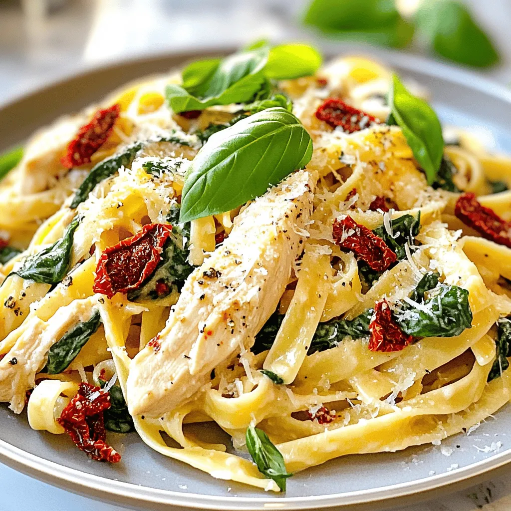 - Chicken and Pasta Components - 2 boneless, skinless chicken breasts, sliced into strips - 8 oz fettuccine pasta - Sauce and Seasoning Ingredients - 1 cup sun-dried tomatoes in oil, drained and chopped - 3 cloves garlic, minced - 1 cup heavy cream - 1 cup chicken broth - 1 tablespoon olive oil - 1 teaspoon Italian seasoning - Salt and pepper to taste - Garnishing Options - 1 cup baby spinach - 1/2 cup grated Parmesan cheese - Fresh basil leaves for garnish When you gather these ingredients, you set the stage for a mouthwatering meal. The chicken adds protein, while the fettuccine pasta serves as a hearty base. Sun-dried tomatoes bring a burst of flavor. The cream and broth create a rich sauce that ties everything together. Finally, spinach and cheese add color and taste. Don't forget the fresh basil for that final touch! To cook perfect fettuccine, start with a large pot of salted water. Bring it to a rolling boil. Add the fettuccine and cook according to the package. This usually takes about 8 to 10 minutes. Stir the pasta occasionally. This helps prevent it from sticking. When the pasta is done, drain it but keep about 1/2 cup of the pasta water. This water can help adjust your sauce later. For the chicken, heat olive oil in a large skillet over medium heat. Add the sliced chicken breasts. Cook until they are no longer pink, about 5 to 7 minutes. Use a meat thermometer if you have one; the inside should be 165°F. Season the chicken with salt, pepper, and Italian seasoning as it cooks. Once done, remove the chicken from the skillet and set it aside. This keeps it juicy. In the same skillet, add minced garlic. Sauté for about 1 minute until it smells great. Then, add the chopped sun-dried tomatoes and cook for another minute. This step boosts the flavor. Now, pour in the chicken broth and heavy cream. Stir everything to combine. Let the sauce simmer for about 5 minutes. This thickens it nicely. Now comes the fun part! Add baby spinach and the cooked chicken to the sauce. Stir in the grated Parmesan cheese. If the sauce seems too thick, add a bit of the saved pasta water. This helps reach the right consistency. Finally, add the cooked fettuccine to the skillet. Toss it all together until the pasta is well-coated. Cook for an extra 1 to 2 minutes to heat through. Enjoy your meal! Additional Spices to Consider You can boost the flavors in your Sun-Dried Tomato Chicken Pasta with some extra spices. Try adding red pepper flakes for heat. A pinch of smoked paprika can give a nice smoky taste. Don’t forget fresh herbs like oregano or thyme. They add depth and freshness to your dish. Alternative Cheese Options Parmesan cheese is great, but you can switch it up! Try using feta for a tangy kick. Goat cheese adds creaminess and a unique flavor. You can also use a mild mozzarella for a softer touch. How to Properly Sauté To sauté chicken well, start with a hot skillet. Add olive oil before the chicken. This helps the chicken brown nicely. Make sure not to crowd the pan. If you add too much chicken at once, it will steam instead of sauté. Sauce Consistency Adjustments If your sauce is too thick, add some reserved pasta water. This water has starch that helps the sauce cling to the pasta. If it’s too thin, let it simmer longer. This will help the sauce thicken up nicely. Prepping Ingredients in Advance You can save time by prepping your ingredients ahead of cooking. Chop the sun-dried tomatoes and garlic the night before. Slice the chicken breasts early too. Having everything ready will make cooking fast and easy. Best Practices for Quick Cooking Use a large pot for the pasta. This helps it cook evenly. While the pasta cooks, you can sauté the chicken and make the sauce. This way, everything finishes at the same time! {{image_2}} You can switch up the protein in this dish for variety. - Using Shrimp or Vegetables: Shrimp cooks fast and adds a nice flavor. Just sauté them in the skillet for 3-4 minutes until they turn pink. For a veggie option, use zucchini or bell peppers. Sauté them until tender, about 5 minutes. Both options will give you a fresh twist on the original recipe. - Vegetarian Options: If you want a meat-free meal, try using chickpeas or tofu. Cook them in the skillet until they are golden. Add your sun-dried tomatoes and sauce the same way. This keeps the dish hearty and satisfying. Not everyone can eat regular pasta. Here are some great alternatives. - Gluten-Free Pasta Choices: There are many gluten-free pasta options. Look for brown rice or quinoa pasta. They cook well and hold the sauce nicely. You can find these at most grocery stores. - Other Types of Pasta: If you want a change, try penne or rotini. These shapes catch the sauce well. Just cook them according to the package instructions. The flavors will still blend beautifully with the sun-dried tomatoes and cream. You can easily adjust the sauce to fit your needs. - Dairy-Free Cream Sauce Ideas: For a dairy-free version, use coconut cream or almond milk. These substitutes keep the dish creamy and delicious. Combine them with a bit of nutritional yeast for extra flavor. - Adding Extra Vegetables: Want more veggies? Toss in some broccoli or peas. They brighten the dish and add nutrition. Just add them to the sauce a few minutes before mixing in the pasta. This way, they cook but stay bright and colorful. - Use airtight containers for best freshness. - Leftovers can last in the fridge for 3-4 days. To store your Sun-Dried Tomato Chicken Pasta, let it cool first. This helps keep it fresh. Place the pasta in an airtight container. Make sure to seal it well to avoid air getting in. The less air, the better it stays. - Best methods: stovetop or microwave. - Stovetop keeps pasta creamy. When reheating, your goal is to keep the pasta creamy and tasty. If using the stovetop, add a splash of chicken broth or water. Heat on low and stir often. This helps revive the sauce. If you choose the microwave, heat in short bursts. Stir after each burst to ensure even heating. Add a bit of liquid if needed to keep it moist. Enjoy your delicious leftovers! Yes, you can make Sun-Dried Tomato Chicken Pasta ahead of time. Cook the pasta and prepare the sauce. Store them separately in airtight containers. When you are ready to eat, just heat the sauce and mix in the pasta. This keeps the pasta from getting too soft. You can use half-and-half or whole milk instead of heavy cream. If you want a dairy-free option, try coconut cream or cashew cream. These alternatives will still give you a creamy texture. You might need to adjust the cooking time to make sure everything blends well. To spice up the dish, add crushed red pepper flakes when sautéing the garlic. You can also use spicy Italian sausage instead of chicken. For a fresh kick, toss in some diced jalapeños. Taste the dish as you go to get the heat level just right. White wines are a great choice with this pasta. A crisp Sauvignon Blanc or a light Pinot Grigio works well. If you prefer red, try a light Chianti. These wines highlight the flavors of the sun-dried tomatoes and chicken nicely. Yes, you can freeze Sun-Dried Tomato Chicken Pasta. Place the cooled dish in airtight containers. It can last up to three months in the freezer. To reheat, thaw it overnight in the fridge and warm it up on the stove. Add a splash of cream or chicken broth to keep it creamy. This blog post covered all you need to know about making Sun-Dried Tomato Chicken Pasta. We explored the ingredients, step-by-step cooking instructions, and useful tips. You learned how to enhance flavors and even try fun variations. Remember, this dish is easy to store and reheat, making it great for leftovers. Enjoy your cooking journey and experiment with new flavors. Cooking can be fun, simple, and rewarding!