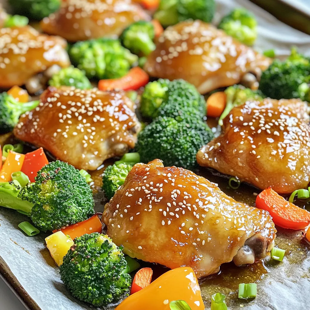 - 4 bone-in, skin-on chicken thighs - 1/4 cup honey - 4 cloves garlic, minced - 2 tablespoons soy sauce (low sodium) - 1 tablespoon apple cider vinegar - 1 teaspoon fresh ginger, grated - 1 teaspoon sesame oil - 1 teaspoon black pepper - 1 teaspoon salt - 1 cup broccoli florets - 1 cup bell peppers, sliced (any color) - 1 cup baby carrots - Sesame seeds and sliced green onions for garnish Each serving contains roughly: - Calories: 350 - Protein: 25g - Fat: 20g - Carbohydrates: 20g - Fiber: 3g - Sugar: 10g This meal packs a good balance of protein and veggies. It gives you energy without too many carbs. Using fresh ingredients makes a big difference. Fresh garlic has a strong flavor. It adds depth to the dish. Fresh ginger gives a nice zing, too. Dried ingredients can work in a pinch. But they might lack the vibrant taste you want. If you have fresh garlic or ginger, use them! For vegetables, fresh broccoli, bell peppers, and carrots provide crunch and color. Frozen veggies can substitute but may not taste as fresh. Always choose what makes your meal best! Start by gathering your ingredients. You'll need: - 4 bone-in, skin-on chicken thighs - 1/4 cup honey - 4 cloves garlic, minced - 2 tablespoons low sodium soy sauce - 1 tablespoon apple cider vinegar - 1 teaspoon fresh ginger, grated - 1 teaspoon sesame oil - 1 teaspoon black pepper - 1 teaspoon salt - 1 cup broccoli florets - 1 cup sliced bell peppers - 1 cup baby carrots - Sesame seeds and sliced green onions for garnish Next, preheat your oven to 425°F (220°C). This step is key for crispy skin. Line a large baking sheet with parchment paper. This makes cleanup easy. In a medium bowl, mix together honey, minced garlic, soy sauce, apple cider vinegar, ginger, sesame oil, black pepper, and salt. Whisk until smooth. Place the chicken thighs on the baking sheet, skin-side up. Pour half of the honey garlic mixture over the chicken. Use a brush for an even coat. In another bowl, toss the broccoli, bell peppers, and carrots with the remaining sauce. Spread the veggies around the chicken on the baking sheet. Bake for 30 to 35 minutes. The chicken should reach an internal temperature of 165°F (74°C). The skin should look golden and crispy. Stir the veggies halfway through cooking for even results. Once done, take the chicken out of the oven. Let it rest for 5 minutes. This step keeps the chicken juicy. Serve hot and top with sesame seeds and green onions for extra flavor. To check if your chicken is done, use a meat thermometer. Insert it into the thickest part of the thigh but avoid the bone. If it reads 165°F (74°C), it's ready. If you don’t have a thermometer, check if the juices run clear. If they are pink, it needs more time. Always ensure your chicken is fully cooked for safety. To get crispy chicken skin, start with bone-in, skin-on thighs. Pat the skin dry with paper towels. This helps to remove moisture. Moisture makes skin soggy. Then, use the honey garlic sauce on the chicken. The sugar in honey helps crisp the skin when baking. Bake at a high heat of 425°F (220°C) for the best results. This method works wonders for a golden finish. For the best flavor, marinate the chicken for at least 30 minutes. If you have more time, let it sit for up to 4 hours. Longer marinating adds depth to the taste. You can even marinate it overnight in the fridge. Just remember to cover it well. This helps keep the chicken fresh and tasty. Use a large baking sheet lined with parchment paper. This makes cleanup easy. A rimmed sheet helps prevent juices from spilling out. If you have a meat thermometer, use it. It shows when the chicken reaches 165°F (74°C). This ensures your chicken is safe to eat. A good quality whisk helps mix the sauce well. These tools make cooking simpler and more fun. {{image_2}} You can easily swap chicken thighs for chicken breasts. Breasts are leaner and cook faster. Just check them often to avoid drying out. For a plant-based option, use tofu. Press the tofu to remove excess water. Cut it into cubes and marinate it like chicken. Bake until golden for a tasty alternative. Feel free to mix up the veggies. Zucchini, asparagus, or snap peas work well. You can also add sweet potatoes for a hearty touch. Aim for a mix of colors and textures. This keeps the dish exciting and healthy. Just remember to cut everything into similar sizes for even cooking. To switch things up, add spices to your honey garlic mix. Paprika gives a smoky kick. Or try chili flakes for some heat. A splash of lemon juice can brighten the dish. You can even add fresh herbs like basil or cilantro. Each change adds a new layer of flavor that makes the meal special. To store your leftovers, let the chicken cool down. Place it in an airtight container. Add any veggies you have left too. Keep it in the fridge for up to 3 days. This keeps the dish fresh and tasty for your next meal. To reheat, preheat your oven to 350°F (175°C). Transfer the chicken and veggies to a baking dish. Cover it with foil to keep the moisture in. Heat for about 15 to 20 minutes. You want it warm and juicy, just like when you first made it. If you want to freeze your leftovers, wrap them tightly. Use freezer-safe bags or containers. This way, you can enjoy them later. Make sure to use them within 3 months for best taste. To thaw, move them to the fridge overnight before reheating. This keeps the chicken and veggies safe and delicious. Yes, you can use boneless chicken thighs. They will cook faster than bone-in thighs. Adjust your cooking time to about 20-25 minutes. Always check the internal temperature. The meat should reach 165°F (74°C) for safety. You can serve many sides with this dish. Here are some great options: - Steamed rice or quinoa - Mashed potatoes or sweet potatoes - A fresh green salad - Roasted vegetables or a vegetable stir-fry These sides balance the sweet and savory flavors of the chicken. It typically takes 30-35 minutes for bone-in chicken thighs. Always preheat your oven to 425°F (220°C). The cooking time may vary with boneless thighs, which take about 20-25 minutes. Use a meat thermometer to check for doneness. The ideal temperature is 165°F (74°C). This blog post explored how to create the perfect chicken dish. We covered essential ingredients and their nutrition. You learned how to prepare and cook your chicken while ensuring it is safe to eat. I shared tips for crispy skin and equipment that helps with great results. You can also customize the dish with different proteins and flavors. Remember how to store leftovers and reheat them for tasty meals. Use these steps for delicious chicken every time!