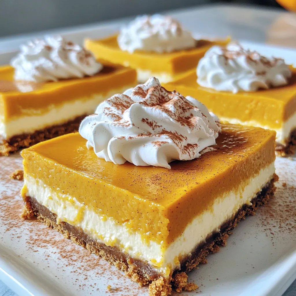 - 1 ½ cups graham cracker crumbs - ½ cup unsalted butter, melted - ¼ cup granulated sugar - 2 (8 oz) packages cream cheese, softened - 1 cup pumpkin puree - 2 large eggs - 1 teaspoon vanilla extract - 1 tablespoon espresso powder - 2 teaspoons pumpkin pie spice - ½ teaspoon cinnamon - ¼ teaspoon salt - Whipped cream - Ground cinnamon The crust gives these bars a crunchy base. It uses graham cracker crumbs, melted butter, and some sugar to add sweetness. I love how the buttery flavor enhances the overall taste. For the cheesecake filling, we mix cream cheese with pumpkin puree. This combo creates a rich and creamy texture. The eggs help the filling set, while vanilla, espresso powder, spices, and salt bring out the flavors. Each ingredient plays a role in making the bars stand out. Finally, we top the bars with whipped cream and a sprinkle of cinnamon. This finishing touch adds a delicious look and taste. These ingredients come together to create a delightful treat. Enjoy each bite of pumpkin spice goodness! - Set your oven to 325°F (163°C). - Line an 8x8 inch baking pan with parchment paper. Let the sides hang over for easy removal. - In a medium bowl, mix 1 ½ cups of graham cracker crumbs, ½ cup melted unsalted butter, and ¼ cup granulated sugar. - Press this mixture evenly into the bottom of your prepared baking pan. Bake for 10 minutes, then take it out and let it cool slightly. - In a large bowl, beat 2 packages of softened cream cheese until smooth. - Add 1 cup pumpkin puree, ½ cup sugar, 2 large eggs, 1 teaspoon vanilla extract, 1 tablespoon espresso powder, 2 teaspoons pumpkin pie spice, ½ teaspoon cinnamon, and ¼ teaspoon salt. Mix until everything is well combined and smooth. - Pour the cheesecake filling over the cooled crust. Spread it out evenly. - Bake in the preheated oven for 35-40 minutes. The edges should be set, and the center will be slightly jiggly. - After baking, remove the pan from the oven. Let it cool to room temperature. - Refrigerate for at least 4 hours or overnight. This helps set the bars well. - Once chilled, lift the cheesecake out of the pan using the parchment paper. - Cut into bars and serve with whipped cream on top. Add a sprinkle of ground cinnamon for a nice touch. To get the best texture for your cheesecake bars, start by beating the cream cheese. Use an electric mixer for smooth results. Mix it until it is creamy and fluffy. This step helps avoid lumps. After mixing, let your cheesecake cool down. Cooling it for a few hours in the fridge makes it firm and easy to cut. Want to boost the flavor? Consider adding a pinch of nutmeg or ginger. These spices mix well with pumpkin. You can also play with the coffee flavors. Try different espresso powders to find your favorite. This little change can make a big difference in taste. When serving, think of fun ways to display your bars. Cut them into different shapes like triangles or squares. This gives a unique look. For a seasonal touch, add a dollop of whipped cream on top. Sprinkle some ground cinnamon for flair. These simple steps make your dessert stand out on any table. {{image_2}} You can easily make these bars gluten-free. For the crust, swap graham cracker crumbs with gluten-free cookies or almond flour. This gives you a nice flavor and keeps the texture right. For a sweet touch, choose a gluten-free sugar substitute. You can use coconut sugar or maple sugar. Both work great without changing the taste. If you want a dairy-free version, use non-dairy cream cheese. Brands like Tofutti or Kite Hill are great options. They give you that creamy texture without dairy. For eggs, use flaxseed meal or applesauce. Mix one tablespoon of flaxseed with three tablespoons of water. Let it sit for a few minutes to thicken. This works well in baked goods. Want to switch things up? Add chocolate or caramel to your bars. A drizzle of melted chocolate on top adds richness. You can also swirl in caramel for a sweet twist. Incorporate nuts like pecans or walnuts for some crunch. They add a nice texture contrast. You can sprinkle them on top or mix them into the filling. To keep your pumpkin spice latte cheesecake bars fresh, store them in the fridge. Use an airtight container to protect them from odors. You can also cover the bars with plastic wrap. This helps maintain their creamy texture and flavor. You can freeze these bars for longer storage. Cut them into individual pieces before freezing. Wrap each piece tightly in plastic wrap, then place them in a freezer bag. This way, they stay fresh longer. In the fridge, these cheesecake bars stay fresh for about 5 days. Make sure to check for any signs of spoilage before eating. If you freeze them, they can last up to 3 months. Just remember to label the bags with the date. When you’re ready to enjoy your frozen bars, the best way to thaw them is in the fridge. This keeps them safe and helps them retain their texture. Let them thaw overnight for the best results. If you want to reheat them, use a microwave. Heat on low power for about 10 to 15 seconds. Be careful not to overheat, as this can change their creamy texture. Enjoy your delicious treat! Yes, you can use store-bought pumpkin puree. It saves time and effort. However, homemade puree can taste fresher. To make it, roast a pumpkin, scoop out the flesh, and blend it until smooth. This gives a richer flavor, but the store-bought version is still good. Look for the edges to be set while the center is still slightly jiggly. The bars will firm up as they cool. A toothpick inserted in the center should come out mostly clean. This shows that they have baked long enough. Yes, you can prepare these bars a day ahead. They taste even better after chilling overnight. Just make sure to store them in the fridge. This way, they stay fresh and ready for your guests. You can use honey or maple syrup instead of sugar. For a low-calorie option, try stevia or erythritol. Adjust the amount since these sweeteners are sweeter than sugar. Always mix them well with your other ingredients for a smooth texture. Serve these cheesecake bars with a warm drink. A pumpkin spice latte pairs perfectly. You can also enjoy them with hot chocolate or coffee. Add a dollop of whipped cream on top for a delicious touch. Ground cinnamon makes a lovely garnish too! This cheesecake recipe combines a tasty crust with a rich filling. You learned how to prepare the crust, mix the filling, and bake everything perfectly. Tips for texture and flavor will help you impress your friends. Variations let you customize these bars for any diet. Store them right, and they’ll last for days. Remember, you can make changes or add toppings to match your taste. Enjoy every slice, knowing you made something delicious!