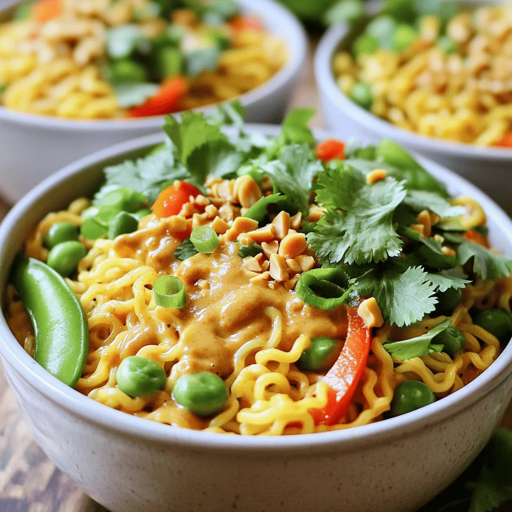 To make this flavorful dish, gather these key ingredients: - 2 packs of instant ramen noodles - 1 cup vegetable broth - 1/4 cup creamy peanut butter - 2 tablespoons soy sauce - 1 tablespoon sriracha (adjust to taste) - 1 teaspoon sesame oil - 1 tablespoon minced ginger - 2 cloves garlic, minced - 1/2 cup snap peas, trimmed - 1/2 red bell pepper, sliced - 2 green onions, chopped These ingredients create a creamy and spicy sauce that coats the noodles and veggies. To make your ramen even more special, consider adding: - Crushed peanuts for a nice crunch - Fresh cilantro for a burst of color and flavor - Lime wedges for a zesty kick These toppings bring extra flavor and texture to the dish. If you need to swap some items, here are good options: - Use chicken broth instead of vegetable broth for more depth. - Swap creamy peanut butter with almond or cashew butter for a twist. - Try chili paste instead of sriracha if you want different heat. These substitutions can change the taste while keeping it delicious. First, boil a pot of water. Once it's boiling, add the instant ramen noodles. Cook them according to the package instructions. This usually takes about 3-4 minutes. After cooking, drain the noodles in a colander. Set them aside while you make the sauce. Grab a separate saucepan. Pour in 1 cup of vegetable broth. Add 1/4 cup of creamy peanut butter, 2 tablespoons of soy sauce, and 1 tablespoon of sriracha. For a nice touch, include 1 teaspoon of sesame oil, 1 tablespoon of minced ginger, and 2 cloves of minced garlic. Whisk these ingredients over medium heat until smooth. Let the sauce simmer for 3-5 minutes. This helps the flavors mix well. Now, it's time to add the veggies. Toss in 1/2 cup of snap peas and 1/2 sliced red bell pepper. Cook these for 2-3 minutes until they are slightly tender but still crisp. Then, add the cooked ramen noodles to the saucepan. Use tongs to gently mix everything together. Ensure the noodles are well coated with that spicy peanut sauce. To control the heat, start with one tablespoon of sriracha. Taste the sauce as you mix. If you like it spicier, add more sriracha little by little. This way, you can find your perfect level of heat without overdoing it. Remember, you can always add more spice, but it’s hard to take it away. Cook the instant ramen noodles according to the package. Keep an eye on the timer. Overcooking makes the noodles mushy. Aim for just a bit underdone, as they will soak up the sauce. Drain the noodles and rinse them briefly under cold water. This stops the cooking process and keeps them firm. For extra taste, think about adding more veggies. Sliced carrots or baby spinach work great. You can also mix in proteins like tofu or chicken for a heartier meal. Consider topping your dish with sesame seeds or a drizzle of sesame oil. These small changes can make a big difference in flavor and texture. {{image_2}} You can easily make this dish vegetarian or vegan. Simply swap the vegetable broth for homemade or store-bought options. Use only plant-based ingredients. The creamy peanut butter adds rich flavor without meat. Fresh veggies like snap peas and bell peppers add crunch and color. You can add tofu for extra protein. Adding protein makes your ramen more filling. For a vegan choice, use firm tofu. Press and cube it before frying until golden. If you prefer chicken, use cooked, shredded chicken. Mix it in with the noodles and sauce. Both options add texture and flavor to the dish. You can change the sauce to fit your taste. Try adding hoisin sauce for sweetness. This gives a nice twist to the dish. For a tangy kick, add lime juice or rice vinegar. You can also mix in different spices, like curry powder or chili flakes. Each choice brings a new taste adventure to your ramen! After you enjoy your spicy peanut butter ramen, store leftovers in an airtight container. This keeps the noodles and sauce fresh for a few days. It’s best to cool the ramen to room temperature before sealing. Refrigerate it within two hours of cooking. This helps prevent bacteria growth and keeps your food safe. When you’re ready to eat the leftovers, reheat them gently. I recommend using a pot on the stove. Add a splash of vegetable broth or water to keep the noodles moist. Heat over low heat, stirring often. This helps the flavors mix well again. Avoid using a microwave if possible. It can make the noodles soggy and the sauce uneven. If you want to save some for later, freezing is a great option. However, I suggest freezing the sauce and noodles separately. Cook the noodles just until they are al dente. This means they should still have a slight bite. Store the sauce in a freezer-safe container. When you’re ready to eat, thaw everything in the fridge overnight. Then, reheat and combine for a quick meal. Spicy peanut butter ramen is a warm and tasty dish. It blends creamy peanut butter with spicy sauce. You get a rich flavor that comforts you. The dish uses instant ramen noodles, fresh veggies, and spices. This mix creates a filling meal ready in just 20 minutes. Each bite is a party of flavors, making it hard to resist! Yes, you can use other noodles! While instant ramen works great, feel free to try different kinds. Rice noodles or udon noodles can also be used. They will change the dish's texture but keep it delicious. Just cook them as the package says and follow the sauce steps. Each noodle type adds its charm to your bowl! Absolutely! To make this dish gluten-free, simply swap soy sauce for gluten-free soy sauce. You can also choose gluten-free noodles, such as rice or buckwheat noodles. These tweaks make it safe for those with gluten issues. The flavor stays bold and vibrant, so you won’t miss a thing! Spicy peanut butter ramen is a tasty, simple dish you can make at home. We covered key ingredients, fun variations, and how to store leftovers. You can customize it with your favorite toppings and proteins. Remember to tweak spice level based on your taste. With these tips, you can enjoy a delicious meal that fits your needs. Dive in and let your creativity shine in the kitchen. Enjoy the flavors and make it your own!