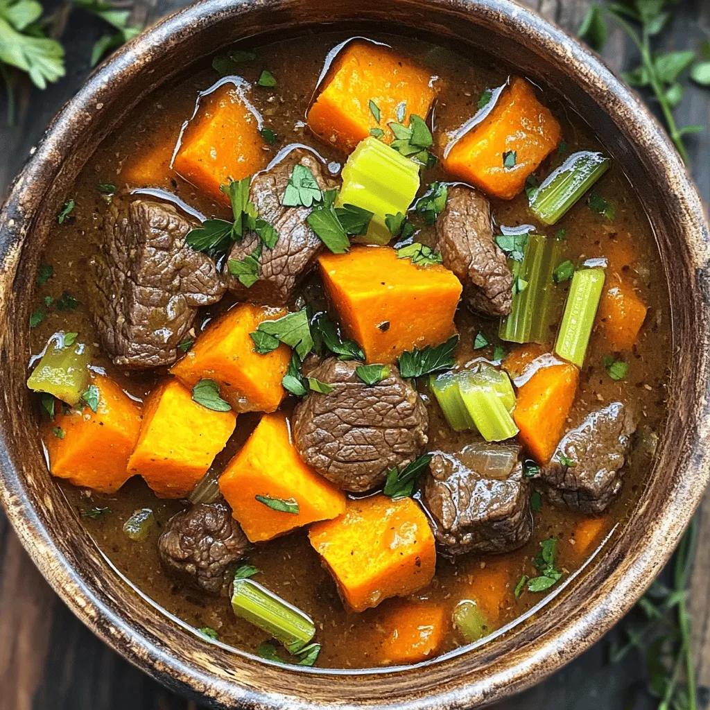 - 2 lbs beef chuck, cut into 1-inch cubes - 2 medium sweet potatoes, peeled and diced - 1 large onion, chopped - 3 cloves garlic, minced - 3 carrots, sliced - 2 stalks celery, diced - 4 cups beef broth - 1 tablespoon tomato paste - 1 teaspoon dried thyme - 1 teaspoon smoked paprika - Salt and pepper to taste - 2 tablespoons olive oil - Fresh parsley for garnish When I make Beef & Sweet Potato Stew, I start with fresh, quality ingredients. The beef chuck works best as it becomes tender during cooking. Sweet potatoes add a nice sweetness, balancing the savory beef. I always chop my onion and garlic finely; they bring great flavor. I like to add carrots and celery for extra texture and taste. The beef broth is key for depth. Tomato paste gives a rich base, while thyme and smoked paprika add warmth. I season with salt and pepper to enhance all the flavors. Lastly, I finish the stew with fresh parsley for a pop of color and freshness. When you gather these ingredients, remember that quality matters. Fresh veggies and good cuts of meat make a big difference. This will lead to a hearty, comforting stew you will love. - Browning the Beef Start by heating 2 tablespoons of olive oil in a large skillet over medium-high heat. Season 2 lbs of beef chuck with salt and pepper. Brown the beef cubes in batches, cooking each side for about 5 minutes. This step adds great flavor. Once browned, remove the beef and set it aside. - Sautéing Onion and Garlic In the same skillet, add the chopped onion and 3 minced garlic cloves. Sauté for 2-3 minutes until the onion turns translucent. This step builds the base of flavor for your stew. - Combining Ingredients in Slow Cooker In your slow cooker, combine the browned beef, sautéed onion, and garlic. Add 2 medium sweet potatoes (peeled and diced), 3 sliced carrots, and 2 stalks of diced celery. Pour in 4 cups of beef broth and add 1 tablespoon of tomato paste, 1 teaspoon of dried thyme, and 1 teaspoon of smoked paprika. Stir everything well to mix the flavors. - Cooking Times and Settings Cover the slow cooker and set it to low for 8 hours or high for 4 hours. The beef should become tender, and the vegetables will cook through during this time. - Taste and Adjust Seasoning After cooking, taste the stew and adjust the seasoning. Add more salt and pepper as needed. This step ensures the flavors are just right. - Serving Suggestions Serve the stew hot. Garnish with fresh parsley for a pop of color and added flavor. Enjoy this hearty meal with crusty bread or over rice. Adjusting Broth Levels To get a great stew, you need the right amount of broth. If your stew is too thick, add more beef broth. Start with half a cup, then mix well. If it’s too thin, let it cook a bit longer with the lid off. This helps the liquid reduce and thicken. Thickening the Stew You can thicken your stew easily. One way is to mash some sweet potatoes against the side of the slow cooker. This adds body to the dish. Another trick is to mix a tablespoon of cornstarch with cold water. Stir this mix in during the last 30 minutes of cooking. Adding Herbs or Spices Herbs and spices can make your stew pop. Try adding bay leaves or oregano for extra depth. Fresh herbs like parsley can brighten the dish when served. Remember to adjust these flavors based on your taste. Marinating the Beef Marinating the beef adds flavor before cooking. Use a simple mix of olive oil, salt, and pepper. Let the beef sit in this mix for at least 30 minutes. You can even add garlic or thyme for more flavor. This step makes a big difference in taste. Choosing the Right Slow Cooker Not all slow cookers are the same. Choose one that holds at least 6 quarts for this recipe. This size allows space for the beef and veggies. Make sure to check that the lid fits well. A tight lid keeps moisture in. Timing and Temperature Considerations Cooking time is key. For tender beef, cook on low for 8 hours. If you're short on time, use high for 4 hours. Always check the beef's tenderness before serving. If it’s not soft, let it cook longer. {{image_2}} You can use other cuts of beef for this stew. Rump roast or brisket works well too. These cuts add great flavor but may need longer cooking times. Just ensure the meat is tender before serving. Feel free to mix in your favorite veggies. Parsnips, turnips, or even green beans can add fun flavors. You can also use frozen vegetables if you are short on time. Just add them in the last hour of cooking. If you want a sweeter taste, try adding more sweet potatoes or a splash of maple syrup. For a savory twist, include Worcestershire sauce or balsamic vinegar. Adjusting these flavors can make a big difference. Add different spices for a global touch. For a Mexican flair, toss in cumin and chili powder. For an Italian vibe, try adding oregano and basil. Changing your spices can lead to exciting new flavors. This stew is naturally gluten-free! Just ensure your beef broth is gluten-free too. Always check labels when buying ingredients to stay safe. For a paleo version, skip the tomato paste and use fresh tomatoes instead. This makes the stew lighter but still tasty. Also, replace the beef broth with homemade broth for a fresh twist. - Refrigerating the Stew Store the stew in an airtight container. Keep it in the fridge for up to 3 days. Let the stew cool before sealing it. This helps keep the flavors fresh and prevents sogginess. - Freezing for Future Meals For longer storage, freeze the stew. Use freezer-safe containers or bags. It can last for up to 3 months in the freezer. Make sure to leave space at the top of the container. The stew will expand as it freezes. - Best Methods for Reheating The best way to reheat is on the stove. Place the stew in a pot over low heat. Stir occasionally to heat evenly. You can also use a microwave. Heat in short bursts, stirring in between to avoid hot spots. - Maintaining Flavor and Texture Add a splash of broth or water when reheating. This keeps the stew moist and flavorful. Taste and adjust the seasoning if needed after reheating. - How Long Does It Last in the Refrigerator? The stew lasts about 3 days in the fridge. If you see any signs of spoilage, toss it out. Trust your senses; if it smells off, don’t eat it. - Freezer Lifespan In the freezer, it can last up to 3 months. Be sure to label containers with the date. This helps you keep track of freshness. You can thicken your stew without flour. Here are a few tips: - Cornstarch Slurry: Mix cornstarch with cold water. Stir this mixture into the stew during the last 30 minutes of cooking. - Mashed Sweet Potatoes: Before serving, mash a portion of the sweet potatoes in the stew. This adds body and flavor. - Pureed Vegetables: Blend some of the cooked veggies with a bit of broth. Stir this back into the stew for thickness. - Reduce Liquid: Cook the stew with the lid off during the last hour. This helps some liquid evaporate, making the stew thicker. Yes, you can use other potatoes. Here are some good substitutes: - Yukon Gold: These potatoes are creamy and will add a nice texture. - Red Potatoes: They hold their shape well and add color. - Russet Potatoes: They become fluffy when cooked, giving a different texture. - Parsnips: If you want something unique, parsnips can add a sweet, earthy flavor. You can keep beef stew leftovers safely for up to 3 days in the fridge. Follow these storage tips: - Cool Down: Let the stew cool down before storing. This helps prevent bacteria growth. - Airtight Containers: Store the stew in airtight containers. This helps keep it fresh and prevents odors. - Label: Write the date on the container. This helps you remember when you made it. If you want to keep it longer, freeze the stew. It can last up to 3 months in the freezer. When reheating, make sure it reaches a safe temperature of 165°F. This blog provides a simple way to make beef stew. We covered the key ingredients and steps. I shared tips to improve flavor and texture. You can adjust the recipe to fit your needs. Storing leftovers is easy, too. With these guidelines, your stew will be tasty and satisfying. Embrace your creativity and enjoy making it many times. Happy cooking!