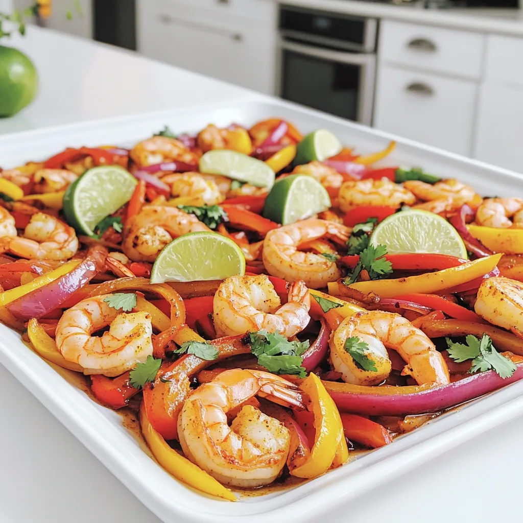 - 1 pound large shrimp, peeled and deveined - 2 bell peppers (red and yellow), sliced - 1 medium red onion, sliced - 4 cloves garlic, minced - 1 tablespoon smoked paprika - 1 teaspoon cumin - 1/2 teaspoon chili powder - 1/4 cup unsalted butter, melted - 2 tablespoons fresh lime juice - Salt and pepper to taste - Tortillas, for serving - Fresh cilantro, chopped (for garnish) - Lime wedges (for serving) The stars of this dish are the shrimp and fresh veggies. I use large shrimp for a juicy bite. The bell peppers add color and sweetness. Red onion gives a nice crunch and sharp taste. Fresh garlic enhances the flavor, making it richer and more aromatic. Fresh cilantro and lime wedges round out the meal with bright notes. Spices bring the magic! Smoked paprika adds a warm, smoky flavor. Cumin gives an earthy taste. A touch of chili powder adds mild heat. Salt and pepper are essential to balance all the flavors. Together, they create a well-seasoned dish that makes every bite exciting. Start by preheating your oven to 425°F (220°C). This step is key for a great roast. While the oven heats, line a large baking sheet with parchment paper. This makes cleanup easy and keeps your dish from sticking. In a large bowl, mix together the shrimp, sliced bell peppers, sliced red onion, and minced garlic. These fresh ingredients add color and flavor. Next, in a separate bowl, whisk the melted butter, smoked paprika, cumin, chili powder, lime juice, salt, and pepper. This garlic butter mix is the secret to adding rich flavor. Pour the garlic butter mix over the shrimp and veggies. Toss until everything is coated well. Spread the mixture in a single layer on the baking sheet. Roast in the oven for 15-20 minutes. You want the shrimp to be pink and the veggies tender. This cooking time creates a perfect blend of taste and texture. Once cooked, take the sheet pan out of the oven and let it cool slightly. Serve the warm shrimp and veggies in tortillas. Garnish with fresh cilantro and lime wedges for a bright finish. This combination makes each bite delicious and vibrant. The key to great shrimp is not to overcook them. Overcooked shrimp become tough and rubbery. For this recipe, cook them for 15 to 20 minutes at 425°F. You want them to turn pink and opaque. Keep an eye on them as they roast. If you see them curling up, they are almost done. Trust your instincts here. Remove them from the oven once they are fully cooked. Want to kick up the flavor? Consider adding a few extras. Fresh jalapeños can add heat. You could also toss in corn or black beans for added texture and taste. If you love cheese, sprinkle some shredded cheese on top before serving. Fresh lime juice enhances the dish's freshness. Always taste as you go to find the perfect balance. Using a sheet pan can be a game changer for easy clean-up. Line your pan with parchment paper before you start. It saves time and makes for easier washing. After cooking, let the pan cool before washing. Use warm, soapy water to clean it. Avoid using metal scrapers on non-stick surfaces. Proper care will keep your pans looking new and ready for your next meal. {{image_2}} You can mix up the veggies in your fajitas. Try using zucchini, mushrooms, or corn. Each offers a unique taste and texture. If you want more crunch, snap peas or carrots work well. Aim for colorful options to make your dish pop. Fresh vegetables not only add flavor but also boost nutrition. While shrimp shines in this dish, other proteins can work too. Chicken strips or beef slices can bring new flavors. Tofu is a great choice for a plant-based option. Just be sure to adjust the cooking time. Each protein has its own cooking needs. Always check if it's cooked through before serving. Feel free to play with the spices. Adding chili flakes can make it spicier. For a smoky touch, try adding chipotle powder. Fresh herbs, like oregano or thyme, can elevate the taste. A dash of lime zest adds a nice zing. Experimenting with seasonings can lead to exciting new flavors. Don’t be afraid to try new things! To store leftovers, first let the shrimp and veggies cool down. Place them in an airtight container. You can keep them in the fridge for up to three days. Make sure to label the container with the date. This helps you track freshness. To reheat, use the microwave or oven. If using the microwave, place the leftovers in a bowl. Heat for about one to two minutes, stirring halfway. For the oven, preheat to 350°F (175°C) and bake for about ten minutes. This keeps the shrimp tender and the veggies warm. You can freeze the leftovers too. Just transfer them to a freezer-safe container. Be sure to remove as much air as possible. This will help prevent freezer burn. Shrimp fajitas can last in the freezer for up to three months. When ready to eat, thaw in the fridge overnight before reheating. Yes, you can use frozen shrimp for this recipe. Just thaw them first. Place the shrimp in a bowl of cold water for about 15-20 minutes. Drain and pat them dry before using. This ensures they cook evenly and stay juicy. Flour and corn tortillas both work well. Flour tortillas are soft and stretchy. They hold the shrimp and veggies nicely. Corn tortillas give a nice crunch. Use whichever you prefer or have on hand. To add heat, use more chili powder or fresh chopped jalapeños. You can also add a dash of hot sauce or cayenne pepper to the garlic butter mix. This will boost the flavor and heat to your liking. Yes, grilling is a great option. Just toss the shrimp and veggies in the garlic butter mix. Then, skewer them or use a grilling basket. Cook over medium heat for about 10-15 minutes, turning often until the shrimp are cooked through. Enjoy that smoky flavor! In this blog post, we explored key ingredients, preparation steps, and valuable tips for cooking shrimp. Understanding how to combine fresh ingredients, spices, and different proteins can elevate your meals. Remember to pay attention to shrimp cooking times and try new seasoning variations for a unique twist. Store leftovers properly, and don't hesitate to experiment with your favorite flavors. Enjoy the journey of cooking and make each dish your own. Happy cooking!