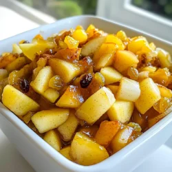 - 6 medium apples, peeled, cored, and diced - 1 medium onion, finely chopped - 1 cup brown sugar - 1 cup apple cider vinegar - 1 cup raisins - 1 teaspoon ground cinnamon - 1/2 teaspoon ground ginger - 1/2 teaspoon ground cloves - 1/2 teaspoon nutmeg - 1 teaspoon mustard seeds - 1/2 teaspoon salt - 1 tablespoon olive oil Each ingredient in this recipe plays a key role. Apples bring sweetness and texture. I prefer using a mix of tart and sweet apples for balance. Onion adds depth and a savory note. Brown sugar enhances the sweetness and gives a rich flavor. Apple cider vinegar provides tanginess and helps preserve the chutney. Raisins add chewiness and natural sweetness. Spices like cinnamon, ginger, cloves, and nutmeg create warmth and aroma. Mustard seeds add a slight crunch and unique taste. Salt enhances all the flavors and keeps things balanced. The olive oil helps sauté the onion, making it soft and sweet. When selecting apples, look for firm, unbruised ones. I recommend using a mix of tart and sweet varieties. For example, combine Granny Smith and Fuji apples. This mix gives the chutney a great flavor profile. Always smell the apples; they should have a fresh scent. Avoid any apples with soft spots, as they may spoil quickly. If possible, choose organic apples to avoid pesticides. Freshness is key for the best taste! First, gather all your ingredients. You will need: - 6 medium apples, peeled, cored, and diced - 1 medium onion, finely chopped - 1 cup brown sugar - 1 cup apple cider vinegar - 1 cup raisins - 1 teaspoon ground cinnamon - 1/2 teaspoon ground ginger - 1/2 teaspoon ground cloves - 1/2 teaspoon nutmeg - 1 teaspoon mustard seeds - 1/2 teaspoon salt - 1 tablespoon olive oil In a large bowl, combine the diced apples, chopped onion, brown sugar, apple cider vinegar, and raisins. Mix them well, and make sure the apples are coated. This step helps build flavor. Next, add the spices: ground cinnamon, ginger, cloves, nutmeg, mustard seeds, and salt. Stir this mixture thoroughly so every bite will have great taste. Now, heat the olive oil in a non-stick skillet over medium heat. Sauté the onion for about 3 to 4 minutes. You want them to be soft and clear. This adds depth to your chutney. Transfer the sautéed onion into the slow cooker. Then, pour in your apple mixture. Stir everything together to combine. Cover the slow cooker. Cook on low for 6 to 8 hours or on high for 3 to 4 hours. You will know it is ready when the apples are soft and the chutney has thickened. Check the chutney around the cooking time. Stir it occasionally if you can. This helps the flavors mix well. Once the cooking time is up, you can use a potato masher. Mash the chutney slightly for a smoother texture, if you like. Let the chutney cool for a bit. After cooling, transfer it to clean jars for storage. Enjoy your homemade spiced apple chutney! To boost the flavor of your spiced apple chutney, focus on quality ingredients. Fresh apples make a big difference. Use a mix of sweet and tart apples, like Honeycrisp and Granny Smith. These apples add depth to your chutney. Don't skip the spices! Ground cinnamon, ginger, and cloves add warmth. Mustard seeds bring a nice crunch. Taste your mixture before cooking. Adjust sweetness with more brown sugar if needed. If your chutney is too runny, it might need more cooking time. Cook it longer to thicken. Stir it occasionally to avoid sticking. If it’s too sweet, add a splash of apple cider vinegar. This balances the flavor. For a spicier kick, add more ginger or a pinch of cayenne. If you find it too tart, mix in a bit more sugar. Spiced apple chutney is versatile. Serve it with roasted meats like pork or chicken. It pairs well with cheese and crackers for a snack. Try it on burgers for a flavorful twist. You can also use it in sandwiches or wraps. For a sweet touch, spoon it over vanilla ice cream. Each option brings out its unique flavors. Enjoy experimenting! {{image_2}} You can choose many types of apples for this chutney. Some apples are sweet, and some are tart. I love using a mix for more flavor. Good choices include: - Granny Smith for tartness - Honeycrisp for sweetness - Fuji for a crisp bite Mixing these apples makes the chutney more interesting. Each type adds its own taste and texture. If you want to kick up the heat, add some spice! You can try: - Jalapeños for a fresh kick - Red pepper flakes for heat - Black pepper for warmth You can also swap out spices. Try cardamom or allspice for a new twist. Just remember, start small and taste as you go. Not all chutneys need the same sweetness. If you want less sugar, you can use: - Honey for a natural sweet touch - Maple syrup for a rich flavor - Coconut sugar for a lower glycemic option Taste your mixture as you add sweeteners. This way, you get the right balance for your palate. To store spiced apple chutney, let it cool first. Once cooled, pour it into clean jars. Use sterilized jars to keep the chutney fresh longer. Seal the jars tightly to prevent air from getting in. Label the jars with the date you made the chutney. This way, you can keep track of its freshness. Spiced apple chutney lasts up to two weeks in the fridge. If you want to keep it longer, freeze it. For freezing, use airtight containers or freezer bags. You can freeze chutney for up to six months. When you want to use it, simply thaw it in the fridge overnight. Reheat spiced apple chutney gently. You can use a small pot on low heat. Stir often to avoid burning. You can also microwave it in a bowl. Heat it in short bursts, stirring in between. This way, you keep the flavor intact and warm it evenly. Yes, you can make spiced apple chutney on the stove. Use a large pot instead of a slow cooker. Cook the mixture over low heat. Stir often to prevent burning. It will take about 1 to 2 hours to thicken. Watch for the apples to get soft. Spiced apple chutney can last up to 2 weeks in the fridge. Store it in a sealed jar. For longer storage, you can freeze it. It stays fresh for about 3 to 6 months in the freezer. Just thaw it in the fridge when you are ready to use it. Apple chutney is great with many dishes. It pairs well with roasted meats like pork or chicken. You can serve it with cheese and crackers for a nice snack. It also adds flavor to sandwiches or wraps. Use it as a topping for burgers or hot dogs for a twist. This blog examined the key ingredients for spiced apple chutney, highlighting their importance. I shared step-by-step instructions for cooking in a slow cooker and added tips to enhance flavor. Variations and storage methods ensure your chutney stays fresh and tasty. With everything covered, I hope you feel ready to make your own delicious chutney at home. Enjoy experimenting and savoring the rich flavors!