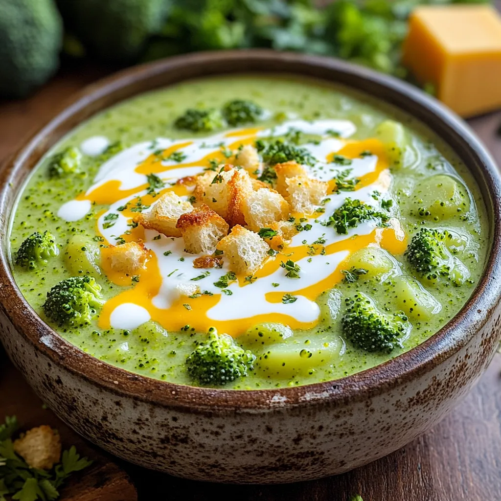 - 4 cups fresh broccoli florets - 1 medium onion, diced - 2 cloves garlic, minced - 1 medium potato, peeled and diced - 3 cups vegetable broth - 2 cups shredded sharp cheddar cheese - 1 cup heavy cream (or coconut milk for a dairy-free option) - 2 tablespoons olive oil - 1 teaspoon onion powder - 1 teaspoon garlic powder - Salt and pepper to taste Gather these items before you start. Fresh broccoli gives the soup a bright color and taste. Diced onion adds sweetness and depth. Minced garlic brings a warm flavor that shines through. A potato helps thicken the soup and makes it hearty. For pantry items, vegetable broth forms the base of your soup. Shredded sharp cheddar cheese creates that creamy, rich texture. Heavy cream or coconut milk adds smoothness; choose based on your dietary needs. Olive oil is great for cooking the onion and garlic. Seasoning is key! Onion powder and garlic powder boost the flavors. Adjust salt and pepper to make it just right for you. These ingredients work together to create a tasty, comforting bowl of soup. 1. Start by heating 2 tablespoons of olive oil in a skillet over medium heat. 2. Add 1 medium diced onion and sauté until it turns translucent, about 5-7 minutes. 3. Then, add 2 cloves of minced garlic. Sauté for another 1-2 minutes until it smells good. 4. Pour this mixture into your slow cooker. 1. Next, add 4 cups of fresh broccoli florets and 1 medium diced potato to the slow cooker. 2. Pour in 3 cups of vegetable broth. 3. Season the soup with 1 teaspoon of onion powder, 1 teaspoon of garlic powder, and salt and pepper to taste. 4. Stir well to mix all the ingredients. 1. Cover the slow cooker and set it to cook. You can choose low for 6 hours or high for 3 hours. 2. Check the soup for tenderness. The broccoli and potatoes should be soft when done. 1. Once cooked, use an immersion blender to puree the soup. Blend it to your desired creaminess. 2. Stir in 1 cup of heavy cream or coconut milk and 2 cups of shredded sharp cheddar cheese. 3. Blend again until the cheese melts and the soup is creamy. 4. Taste and adjust seasoning, adding more salt or pepper if needed. 5. Serve hot, and enjoy your delicious creamy broccoli cheddar soup! Using fresh herbs can boost the taste of your soup. Try adding thyme or parsley. Just chop them up and stir them in at the end. This adds a fresh touch that makes a big difference. Adjusting seasoning is key to a great soup. After blending, taste your soup. If it needs more flavor, add salt, pepper, or even a pinch of cayenne for heat. Small changes can elevate your dish. A good slow cooker makes all the difference. Look for models with a timer and a keep-warm setting. Brands like Crock-Pot and Instant Pot have great options. These features help cook your soup perfectly every time. An immersion blender is a must-have tool for this recipe. Brands like Cuisinart or Breville work well. They let you blend the soup right in the pot. This saves time and reduces mess. Pair your soup with croutons or toasted bread. These add a nice crunch and enhance the meal. You can easily make croutons by toasting bread cubes in a skillet with some olive oil. Serve the soup hot for the best taste. The warmth helps the flavors shine. You can keep it on low in the slow cooker to maintain the perfect temperature until serving. {{image_2}} You can make this soup dairy-free by using coconut milk instead of heavy cream. Coconut milk adds a rich, creamy texture without the dairy. It also brings a slight sweetness that pairs nicely with the broccoli and cheddar. Just swap the heavy cream for one cup of coconut milk in the recipe. Your soup will taste amazing and still be smooth! Adding more veggies boosts flavor and nutrition. Carrots or cauliflower work well in this soup. Simply chop them into small pieces and add them when you combine the broccoli and potato. You can also mix in fresh spinach. Add it during the last 10 minutes of cooking. This keeps the spinach bright and tender. Want your soup to be heartier? Add cooked chicken or crispy bacon for extra protein. Dice the chicken or crumble the bacon and stir it in before serving. For a vegetarian option, try adding chickpeas or lentils. They add protein and make the soup filling. Just be sure to adjust cooking times so everything blends well! To keep your creamy broccoli cheddar soup fresh, cool it first. Let it sit at room temperature for no more than two hours. Then, transfer it to a container. I recommend using airtight containers. Glass or BPA-free plastic containers work well. Label the container with the date. This way, you can track how long it has been stored. If you want to save some soup for later, freezing is a great option. First, let the soup cool completely. Pour it into freezer-safe bags or containers. Leave some space at the top for expansion. Seal tightly to avoid freezer burn. When you are ready to eat, thaw the soup in the fridge overnight. To reheat, warm it on the stove or in the microwave. If the soup seems thick, add a little vegetable broth or water. Stir well to combine. Enjoy your creamy broccoli cheddar soup anytime! To make creamy broccoli cheddar soup, follow these steps: 1. Heat 2 tablespoons of olive oil in a skillet. 2. Add 1 medium diced onion and sauté until soft, about 5-7 minutes. 3. Add 2 minced garlic cloves and sauté for another 1-2 minutes. 4. Transfer the onion and garlic to the slow cooker. 5. Add 4 cups of fresh broccoli florets and 1 peeled, diced potato. 6. Pour in 3 cups of vegetable broth. 7. Season with 1 teaspoon of onion powder, 1 teaspoon of garlic powder, and salt and pepper. 8. Stir everything together well. 9. Cover and cook on low for 6 hours or high for 3 hours. 10. When done, blend the soup with an immersion blender to your desired creaminess. 11. Stir in 1 cup of heavy cream (or coconut milk) and 2 cups of shredded sharp cheddar cheese until melted. This method gives you a rich and creamy soup with minimal effort. Yes, you can use frozen broccoli. Here are some pros and cons: - Pros: - Frozen broccoli is pre-washed and cut, saving prep time. - It can be just as nutritious since it's frozen at peak freshness. - Cons: - Frozen broccoli may not have the same texture as fresh. - It can release more water during cooking, making the soup thinner. If using frozen, adjust cooking time as needed to ensure it cooks well. Creamy broccoli cheddar soup lasts about 3-5 days in the fridge. Here are safe storage practices: - Cool the soup to room temperature before refrigerating. - Store it in an airtight container to keep it fresh. - Label the container with the date to track freshness. For longer storage, consider freezing the soup. It can last up to 3 months in the freezer. In this post, we covered making creamy broccoli cheddar soup using fresh ingredients and pantry staples. I shared step-by-step instructions to help you sauté, combine, and cook your soup perfectly. I also shared tips for enhancing flavor, suggested variations, and important storage info. This recipe is easy, delicious, and adaptable. You can make it your own by adding extra veggies or protein. Enjoy your soup-making adventure, and savor every bite!
