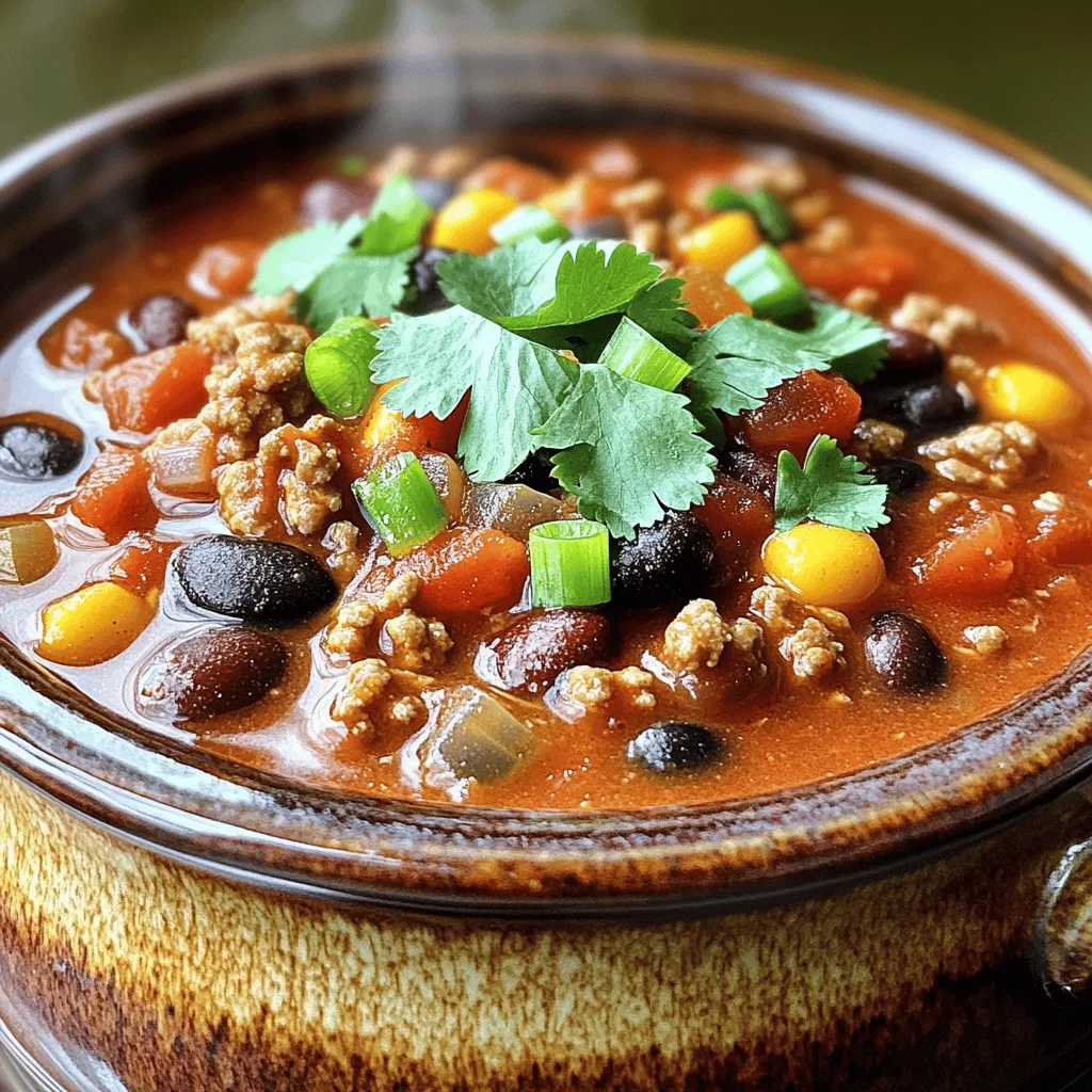 - 1 pound ground turkey - 1 can (15 oz) black beans, rinsed and drained - 1 can (15 oz) kidney beans, rinsed and drained - 1 can (14.5 oz) diced tomatoes with green chilies Ground turkey is the star of this dish. It provides lean protein and a mild flavor. Black and kidney beans add texture and fiber. The diced tomatoes with green chilies give the chili a nice kick. - 1 medium onion, chopped - 2 cloves garlic, minced - 1 bell pepper (any color), diced - 1 cup corn (frozen or canned) Onion and garlic form a solid base for flavor. The bell pepper adds sweetness and color. Corn brings a hint of sweetness and crunch, balancing the spices. - 2 tablespoons chili powder - 1 tablespoon ground cumin - 1 tablespoon smoked paprika - 1 teaspoon cayenne pepper (adjust for heat preference) - 2 tablespoons brown sugar - 1 teaspoon salt - 1/2 teaspoon black pepper Chili powder and cumin are key for warmth and depth. Smoked paprika adds a rich, smoky flavor. The cayenne pepper can be adjusted for your heat level. Brown sugar gives a sweet note that balances the heat. Salt and pepper round out the taste. Start by heating a skillet over medium heat. Add 1 tablespoon of olive oil. Then, chop 1 medium onion, 2 cloves of garlic, and 1 bell pepper. Sauté these until they are soft and smell good, about 5 minutes. Next, add 1 pound of ground turkey to the skillet. Cook it until it is browned. Use a spatula to break it apart. If you see any extra fat, drain it off. This step makes the chili light and tasty. Now that your base is ready, it’s time to transfer everything to the slow cooker. Pour the turkey and vegetable mix right in. Then, add the beans. Use 1 can of black beans and 1 can of kidney beans, both rinsed and drained. Add 1 can of diced tomatoes with green chilies, including the juices. Toss in 1 cup of corn, 2 tablespoons of chili powder, and 1 tablespoon each of ground cumin and smoked paprika. Don’t forget 1 teaspoon of cayenne pepper for some heat, along with 2 tablespoons of brown sugar, 1 teaspoon of salt, and 1/2 teaspoon of black pepper. Mix everything well. Cover the slow cooker. You can choose to cook on low for 6 hours or high for 3 hours. If you want a thicker chili, cook it uncovered for an extra 30 minutes on high. When it’s done, taste it. You might want to adjust the seasoning. If it needs more flavor, just add a pinch of salt or spices. This will make your chili just right for you. To get the heat just right, you can adjust the cayenne pepper. Start with one teaspoon, then taste. If you want more spice, add a bit more. It’s all about your taste. You can also enhance the flavor with more spices. Try adding more chili powder or smoked paprika for depth. You can choose low or high heat settings based on your time. If you cook on low, let it simmer for six hours. For high heat, three hours will do. If you want a thicker chili, cook it uncovered for the last thirty minutes. This helps it reduce and get a nice, rich flavor. Garnishing can elevate your chili. Fresh cilantro or green onions add color and flavor. You can also go for cheese or sour cream. Both add creaminess and richness. Enjoy customizing your bowl to make it just right for you! {{image_2}} You can easily change the protein in this chili. Try using ground beef or even tofu for a meatless dish. Each choice gives a unique taste. For beans, you can switch things up too. Use pinto beans, black-eyed peas, or lentils. You can also add more veggies like zucchini or carrots to boost the nutrition. Want more spice? Toss in some chopped jalapeños or your favorite hot sauce. This addition can really kick up the heat! Using different tomatoes can also change the flavor. Try fire-roasted tomatoes for a smoky touch or crushed tomatoes for a smoother texture. Make this chili lighter by using low-sodium beans and tomatoes. This helps keep the salt level down without losing flavor. You can also choose leaner ground turkey. Look for ground turkey breast for a lower-fat option. These swaps keep your chili tasty and healthy. After cooking, let your chili cool down. Transfer it to a container. Make sure the lid is tight. Store it in the fridge. This keeps your chili fresh for about 3 to 4 days. If you want to save it for later, you can freeze it. Use freezer-safe bags or containers. It can last up to 3 months in the freezer. Just remember to label them with the date. When you're ready to enjoy your leftovers, there are a few ways to reheat chili. The best method is on the stove. Pour the chili into a pot and heat it over medium heat. Stir often until it warms up. This usually takes about 10 to 15 minutes. You can also use the microwave. Place the chili in a microwave-safe bowl. Heat it in 1-minute intervals, stirring in between. Make sure it gets hot all the way through. Aim for a temperature of 165°F for safety. Chili holds up well in the fridge. If stored properly, it can last for 3 to 4 days. Keep an eye out for signs of spoilage. If you see mold, or if it smells weird, it’s best to throw it away. Always trust your senses. If it looks or smells off, don’t eat it. To reduce the heat in your chili, simply adjust the cayenne pepper. You can cut the amount in half or leave it out entirely. Another option is to add more beans or corn. They will help balance the heat. If you want, add a dollop of sour cream or yogurt when serving. This can cool down each bite. Yes, you can cook this chili overnight! Use a slow cooker with a timer feature. Set it to low for 6 to 8 hours. This allows flavors to blend well. Just make sure you don’t overcook it. You don’t want mushy beans or turkey. Keep an eye on it the first time you try this. You can serve chili with many sides. Some great options include cornbread, rice, or tortilla chips. A fresh salad pairs well, too. You might also enjoy some avocado slices or guacamole. These add creaminess and flavor. Don’t forget to offer toppings like cheese or sour cream! This blog post covered how to make delicious sweet spicy turkey chili. We explored key ingredients like ground turkey, beans, and diced tomatoes. I guided you through preparing the base, combining flavors, and tips for perfecting your dish. Finally, we discussed variations and storage options. Chili is versatile and can adapt to your taste. Try new ingredients or adjust the spices to find your perfect mix. Enjoy your cooking journey!