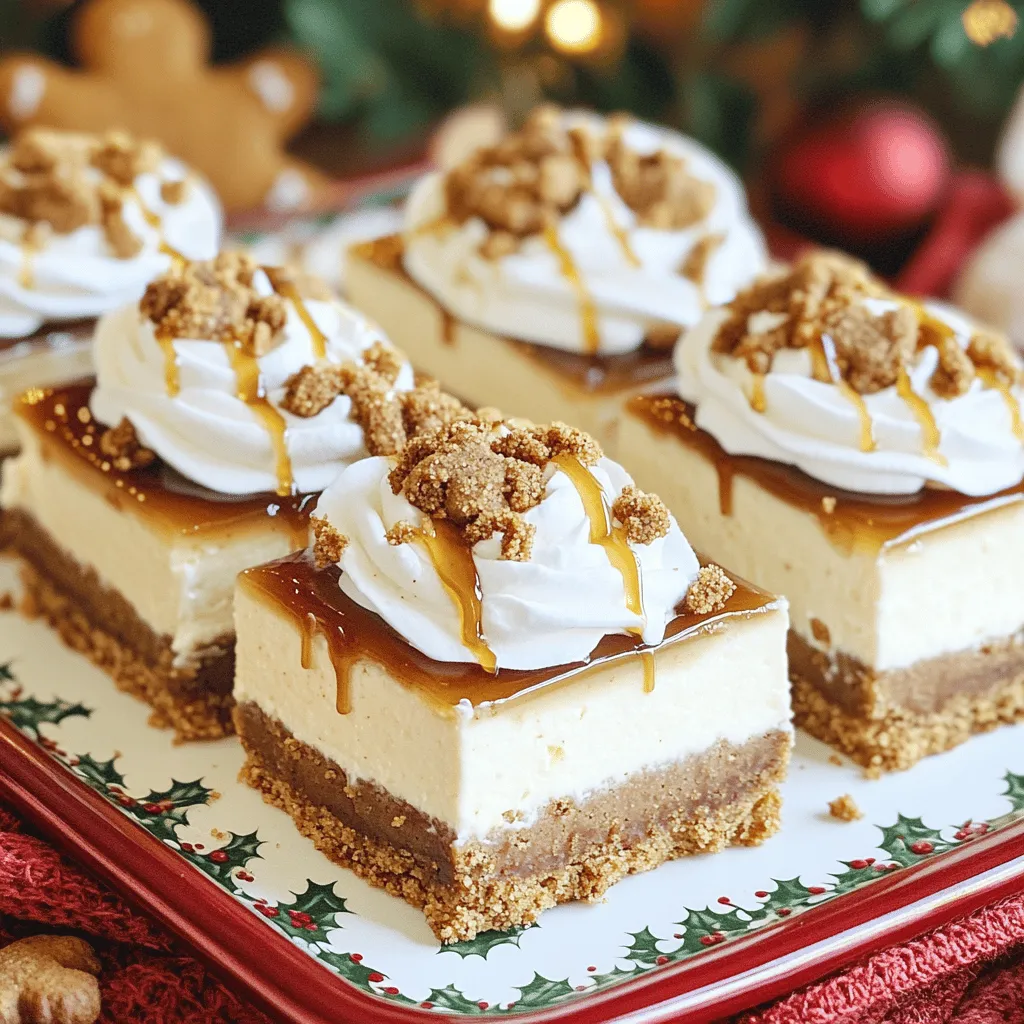 - 1 ½ cups graham cracker crumbs - ½ cup unsalted butter, melted - ¼ cup brown sugar - 1 (8 oz) package cream cheese, softened - 1 cup powdered sugar - 1 cup heavy whipping cream These main ingredients form the base of your gingerbread cheesecake bars. The graham cracker crumbs give a nice crunch, while the cream cheese adds richness. The heavy cream helps create a light and fluffy texture. - 2 teaspoons ground ginger - 1 teaspoon cinnamon - ¼ teaspoon ground nutmeg These spices bring warmth and depth to the bars. Ground ginger adds a kick, cinnamon offers sweetness, and nutmeg provides a hint of nuttiness. Mixing these into the filling makes each bite taste like the holidays. - Whipped cream - Crushed gingerbread cookies - Additional molasses These toppings elevate your dessert. A dollop of whipped cream adds lightness, and crushed gingerbread cookies bring crunch and flavor. Drizzling extra molasses adds a touch of sweetness and a beautiful finish. To start, grab a medium bowl. Combine 1 ½ cups of graham cracker crumbs, ½ cup of melted unsalted butter, and ¼ cup of brown sugar. Add 2 teaspoons of ground ginger and 1 teaspoon of cinnamon. Mix until all the ingredients come together. You want a sandy texture. Next, line an 8x8-inch baking pan with parchment paper. This makes it easy to lift out the bars later. Press the mixture firmly and evenly into the bottom of the pan. Make sure it’s compact so your crust holds up. Chill the crust in the fridge while you prepare the filling. In a large bowl, beat 1 (8 oz) package of softened cream cheese until it’s smooth. This should take a few minutes. Next, add 1 cup of powdered sugar, 1 teaspoon of vanilla extract, and 1 teaspoon of molasses. Mix until everything is creamy and well blended. In another bowl, whip 1 cup of heavy cream until stiff peaks form. This part is fun! Carefully fold the whipped cream into the cream cheese mixture. Be gentle to keep the air in the whipped cream. It makes your cheesecake light and fluffy! Then, sprinkle in ¼ teaspoon of ground nutmeg. Fold this in just until it’s mixed. Now, it’s time to assemble! Pour the cheesecake filling over the prepared crust. Use a spatula to spread it evenly. This helps each bite have the right amount of crust and filling. Cover the pan with plastic wrap. Refrigerate it for at least 4 hours. This chilling time is important for it to set properly. Once it’s set, you can lift the cheesecake out of the pan using the parchment paper. Cut it into bars and enjoy your delightful treat! To get the right texture for your cheesecake, start with whipped cream. Whipping the cream gives it a light and airy feel. Fold it into your cream cheese mix slowly. This way, you keep that fluffy texture. Ensure your cream cheese is soft before mixing. A smooth cream cheese mixture makes a creamy filling. For serving, cut the bars into neat squares. Use a sharp knife for clean edges. Place them on a festive platter to wow your guests. A drizzle of extra molasses can add a nice touch. You can also sprinkle crushed gingerbread cookies on top for a fun look. One mistake is overmixing the whipped cream. This can make it lose its fluffiness. Be gentle when folding it into the cream cheese mix. Another common error is not chilling the bars long enough. They need at least four hours in the fridge to set properly. Don’t rush this step for the best results. {{image_2}} You can make your No-Bake Gingerbread Cheesecake Bars even tastier by adding flavors. Try mixing in pumpkin spice for a warm twist. Just a teaspoon can bring fall vibes to your bars. If you're a chocolate lover, swap some of the cream cheese with chocolate cream cheese. This will give you rich, sweet bars that blend perfectly with the gingerbread. If you need gluten-free options, use gluten-free graham cracker crumbs. They work just as well and will keep the taste intact. For those who want a dairy-free version, try using dairy-free cream cheese. Many brands now offer great taste without the dairy. Just be sure to check the texture so it blends well. You can easily scale this recipe to fit your needs. If you want fewer bars, cut the recipe in half and use a smaller pan. If you want more, double the ingredients and use a larger pan. You can also make mini cheesecake bars. Just use a muffin tin and line it with cupcake liners. This way, you get fun, bite-sized treats that are perfect for sharing. To keep your no-bake gingerbread cheesecake bars fresh, start with the refrigerator. Place the bars in an airtight container. You can also cover them with plastic wrap. This helps prevent them from absorbing other smells. If you want to freeze them, wrap each bar in plastic wrap first. Then, place them in a freezer-safe bag. Make sure to squeeze out all the air. This helps prevent freezer burn. In the fridge, your cheesecake bars will last about 5 days. After 5 days, they may lose their creamy texture and flavor. For the best results, you can freeze the bars for up to 3 months. Just remember, the longer they stay in the freezer, the more they may lose taste and texture. When ready to enjoy your frozen bars, take them out of the freezer. Let them thaw in the fridge overnight. This keeps them cool and tasty. If you want to refresh the texture after freezing, you can whip a bit of cream. Gently fold it into the thawed bars. This helps restore some of the creaminess. Enjoy your delicious treat! Yes, you can make these bars ahead of time. I suggest preparing them one to two days in advance. This allows the flavors to meld and the texture to set nicely. After making the bars, store them in the refrigerator. Cover them with plastic wrap to keep them fresh. This makes them a great choice for parties or holiday gatherings. If you need an alternative crust, there are several options. You can use crushed Oreos for a chocolate twist. Another great choice is using crushed vanilla wafers. If you prefer a gluten-free option, try almond flour or gluten-free cookie crumbs. Each option gives a unique flavor, so feel free to experiment. To get the best consistency, focus on mixing. Start by beating the cream cheese until it is very smooth. Add the powdered sugar slowly to avoid lumps. When whipping the cream, make sure it reaches stiff peaks. Gently fold the whipped cream into the cream cheese mixture to keep it light and airy. Avoid overmixing, as this can lead to a dense texture. This cheesecake recipe combines simple ingredients and clear steps for a delicious treat. You learned about key ingredients and how to prepare them for a tasty outcome. I shared tips to avoid common mistakes and ways to create variations. Remember to store your cheesecake correctly and enjoy it fresh. Now, you can impress friends and family with your skills in making these cheesecake bars at home. Enjoy the sweet rewards of your hard work!