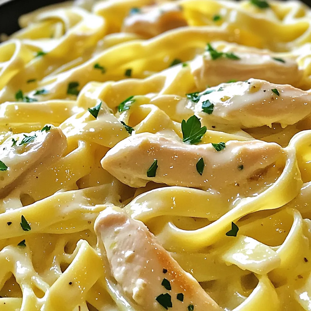 To make Garlic Butter Chicken Alfredo, gather these simple ingredients: - 8 oz fettuccine pasta - 2 tablespoons butter - 2 cloves garlic, minced - 1 lb boneless, skinless chicken breast, sliced into strips - Salt and pepper to taste - 1 cup heavy cream - 3/4 cup grated Parmesan cheese - 1 teaspoon Italian seasoning - Fresh parsley, chopped (for garnish) These ingredients create a creamy and tasty dish that is quick to prepare. Each item plays a key role in building the flavor. The fettuccine adds a nice base, while the chicken brings protein. Garlic gives a punch, and butter adds richness. Heavy cream makes the sauce smooth, and Parmesan gives it a cheesy kick. Italian seasoning ties everything together with a hint of herbiness. Lastly, fresh parsley adds color and a fresh taste. Each bite is a delight! Start by boiling a large pot of salted water. This adds flavor to the pasta. Once the water boils, add 8 oz of fettuccine pasta. Cook it according to the package instructions, usually around 8-10 minutes. You want the pasta to be al dente, which means it should be firm but not hard. To check, taste a piece. If it feels slightly firm but not crunchy, it’s perfect. After cooking, drain the pasta and set it aside. In a large skillet, melt 2 tablespoons of butter over medium heat. Once the butter is melted, add 2 cloves of minced garlic. Sauté the garlic for about 1 minute until you smell its lovely aroma. Next, add 1 lb of sliced chicken breast. Season the chicken with salt and pepper to taste. Cook the chicken for about 5-6 minutes. The chicken is done when it turns golden brown and reaches an internal temperature of 165°F. Make sure there is no pink inside. When the chicken is cooked through, reduce the heat to low. Pour in 1 cup of heavy cream and mix well. Gradually add 3/4 cup of grated Parmesan cheese and 1 teaspoon of Italian seasoning. Stir the sauce until the cheese fully melts and the sauce becomes creamy. This slow addition helps keep the sauce smooth and prevents clumps. Now, add the cooked fettuccine to the skillet with the sauce. Toss the pasta gently to coat it evenly. Make sure every strand is covered in sauce. Allow it to heat for 1-2 minutes. This step ensures everything is warm and ready to serve. For a beautiful finish, garnish your dish with fresh chopped parsley. This adds a nice pop of color. You can also sprinkle extra Parmesan on top if you like. Serve it right away for the best taste. Enjoy your Garlic Butter Chicken Alfredo! - Use a large pot for boiling pasta. It helps the noodles cook evenly. - Prep all ingredients before starting. This saves time during cooking. - A non-stick skillet works best for sautéing. It reduces fuss and clean-up. - Add thyme or basil for a fresh taste. They go well with garlic. - Adjust salt and pepper to your liking. Always taste as you go. - A pinch of red pepper flakes can add a nice kick if you like heat. - Don't overcook the chicken. It should be tender, not dry. - Stir the sauce gently. This helps mix flavors without breaking the chicken. - Be mindful of the cream. Let it heat slowly to avoid curdling. {{image_2}} You can make Garlic Butter Chicken Alfredo even better by adding veggies. Great options include: - Spinach - Broccoli - Peas - Bell peppers To cook these, add them to the skillet after the chicken. Sauté them for 2 to 3 minutes. This keeps them bright and slightly crisp. If you want to switch proteins, shrimp or tofu work well. For shrimp, cook them for about 3 to 4 minutes, until they turn pink. If using tofu, sauté it until golden brown. This usually takes about 5 to 6 minutes. Adjust the cook times based on the protein you choose. For gluten-free options, use gluten-free pasta. Many brands offer great alternatives that taste good. If you're looking for dairy-free options, try coconut milk instead of heavy cream. Nutritional yeast can replace Parmesan cheese for a cheesy flavor without dairy. Adjust the seasonings to keep the taste balanced. To store your Garlic Butter Chicken Alfredo, let it cool first. Place it in an airtight container. This keeps the dish fresh. In the fridge, it lasts for three to four days. Reheat your dish gently to keep it creamy. You can use the microwave. Heat it for about one to two minutes. Stir halfway through to warm it evenly. You can also use the stovetop. Add a splash of cream to help it stay smooth. Heat on low, stirring often. Yes, you can freeze Garlic Butter Chicken Alfredo! Use a freezer-safe container. It can last up to three months. When you are ready to eat, thaw it overnight in the fridge. Reheat it as mentioned above for best results. This dish is quick to make. You need about 5 minutes to prep. Cooking takes only 10 minutes. So, you can enjoy this meal in just 15 minutes. Yes, you can switch it up! Try penne, rigatoni, or even spaghetti. Each type will change the texture, but they all taste great with the sauce. If you want a lighter option, use whole milk or half-and-half. For a dairy-free choice, try coconut milk or cashew cream. These will still give a nice creamy feel. Absolutely! You can cook it in advance and store it. Just keep it in an airtight container in the fridge. It will last for about 3 days. Reheat it gently to keep it creamy. To add some heat, sprinkle in red pepper flakes or cayenne pepper. You can also add sliced jalapeños for a fresh kick. Adjust to your taste for the perfect heat level. This blog covered how to make Garlic Butter Chicken Alfredo, step by step. We discussed ingredients, cooking methods, tips for flavor, and storage advice. I shared ways to modify the recipe and avoid common mistakes. With these insights, you can create a tasty meal with ease. Enjoy making your own delicious dish and impress your family or friends! Happy cooking!