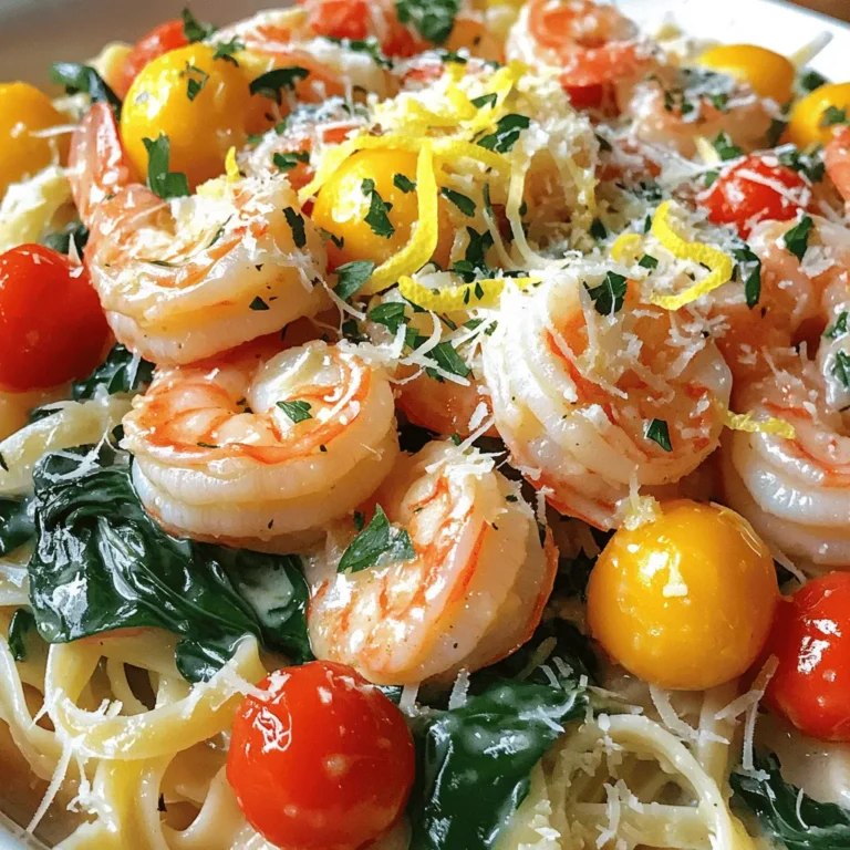 - 1 pound large shrimp, peeled and deveined - 1 cup heavy cream - 3 tablespoons olive oil - 4 cloves garlic, minced - 1 tablespoon lemon zest - 1/4 cup fresh lemon juice - 1 teaspoon Italian seasoning - Salt and pepper, to taste - 1 cup cherry tomatoes, halved - 3 cups spinach - 1/2 cup grated Parmesan cheese - Fresh parsley, chopped for garnish Gathering fresh ingredients makes a big difference. For this dish, I prefer large shrimp. They have great flavor and texture. Heavy cream gives the sauce a rich taste. Olive oil helps cook the garlic and shrimp perfectly. Minced garlic adds a nice punch that pairs well with lemon. Lemon zest and juice brighten the dish. They bring the flavors together nicely. Italian seasoning adds herbs without extra work. Salt and pepper enhance all the tastes. For veggies, I love using cherry tomatoes. Their sweetness complements the shrimp. Spinach adds color and nutrition. Grated Parmesan cheese gives a cheesy finish. Finally, fresh parsley brings a pop of green to the plate. These ingredients come together to create a delightful meal. Each one plays a role in making the dish shine. You’ll love the balance of flavors in every bite! - Step 1: Heat 3 tablespoons of olive oil in a large skillet over medium heat. Once hot, add 4 cloves of minced garlic. Sauté the garlic for about 1 minute. Be careful not to burn it; you want it fragrant and golden. - Step 2: Add 1 pound of peeled and deveined large shrimp to the skillet. Season with salt, pepper, and 1 teaspoon of Italian seasoning. Cook for about 2-3 minutes on each side. The shrimp should turn pink and curl slightly. Once done, remove them from the skillet and set aside. - Step 3: In the same skillet, pour in 1 cup of heavy cream, along with 1 tablespoon of lemon zest and 1/4 cup of fresh lemon juice. Stir well and bring to a simmer. This will help blend the flavors. Allow the sauce to thicken for about 2-3 minutes. - Step 4: Keep stirring as the sauce simmers. It should become creamy and luscious, perfect for coating the shrimp later. - Step 5: Add 1 cup of halved cherry tomatoes to the sauce. Cook them for about 2 minutes. This will soften the tomatoes and add sweetness to the sauce. - Step 6: Stir in 3 cups of spinach and cook until wilted. Then, return the cooked shrimp to the skillet. Mix everything well and heat through for about 1 minute. Finally, stir in 1/2 cup of grated Parmesan cheese until it melts and combines. Adjust seasoning as needed. Now you have a delicious creamy lemon garlic shrimp dish ready to serve! - Choosing the right shrimp: For this recipe, use large shrimp. They cook well and have great flavor. Look for shrimp that are firm and have a slight sheen. Fresh shrimp is best, but frozen works too. Just make sure to thaw them properly before cooking. - Cooking shrimp to avoid toughness: Cook shrimp quickly. Overcooking makes them rubbery. Aim for 2-3 minutes on each side. They are done when they turn pink and opaque. Remove them from the heat as soon as they’re cooked. - Additional herbs and spices: You can add more flavor with fresh herbs like basil or thyme. A pinch of red pepper flakes adds heat if you like spice. Experiment with what you enjoy. - Using fresh vs. dried ingredients: Fresh ingredients often taste better, especially herbs. Use fresh garlic for a stronger flavor. However, dried herbs work in a pinch. Just remember to use less since dried herbs are more potent. - Pairing with pasta or rice: Serve this dish over pasta or rice for a full meal. The creamy sauce pairs nicely with both. Choose your favorite type, like fettuccine or jasmine rice. - Garnishing for presentation: A sprinkle of chopped parsley adds color. You can also drizzle some extra lemon juice on top. This makes the dish look bright and fresh. {{image_2}} You can switch proteins in this dish. Try chicken or scallops instead of shrimp. Chicken works well when cut into small pieces. Cook it until browned, then follow the same steps. Scallops add a sweet touch and cook quickly. Just be careful not to overcook them. For a dairy-free option, use coconut cream or cashew cream. Coconut cream gives a rich flavor. Cashew cream is lighter and very creamy. Both options keep your dish smooth and tasty. Adding different vegetables can change the taste. Bell peppers add a sweet crunch. Zucchini brings a mild flavor and nice texture. You can add them along with the cherry tomatoes for a colorful mix. Infusing the sauce with white wine makes it special. Choose a dry white wine for the best taste. Add the wine after cooking the garlic. Let it simmer for a bit to cook off the alcohol. This step enhances the overall flavor. If you're looking for gluten-free options, you’re in luck! This dish is naturally gluten-free. Just ensure any pasta or sides you serve are gluten-free too. For low-carb options, skip the pasta and serve the dish on a bed of spinach or cauliflower rice. This keeps it light while still being filling. You can enjoy all the flavors without the carbs. To keep your creamy lemon garlic shrimp fresh, place leftovers in an airtight container. Make sure to cool the dish to room temperature before sealing it. Store the container in the fridge. This will help keep the shrimp and sauce tasty. For best results, eat leftovers within 2-3 days. When reheating creamy dishes, do so gently. Use a skillet over low heat. Stir often to prevent the sauce from breaking. You can add a splash of lemon juice or cream to revive the sauce’s smooth texture. You can freeze creamy lemon garlic shrimp, but keep in mind that the sauce might change. To freeze properly, place cooled shrimp and sauce in a freezer-safe bag. Squeeze out the air and seal tightly. This helps to prevent freezer burn. When it's time to eat, thaw the shrimp overnight in the fridge. Once thawed, reheat in a skillet over low heat. Stir frequently to ensure even heating. You can add a bit of cream or milk to help with the consistency. Leftover creamy lemon garlic shrimp will last in the fridge for about 2-3 days. If frozen, it can last up to 2 months. Always check for signs of spoilage. If the shrimp smells off or has a slimy texture, it’s best to discard it. Trust your senses; when in doubt, throw it out. You can tell shrimp is cooked when it turns pink and opaque. The flesh will look firm. Cook shrimp for about 2-3 minutes on each side. If the shrimp curl tightly, they are likely done. To be safe, the internal temperature should reach 120°F. Yes, you can prepare some parts in advance. Cook the shrimp and sauce, then store them separately. This keeps the shrimp from getting tough. You can also chop the garlic and veggies ahead. Just reheat everything together when you're ready to serve. You can use half-and-half or whole milk mixed with butter for a lighter option. Coconut cream is great for a dairy-free twist. Silken tofu blended until smooth also works well. Just adjust seasonings to taste. - Can I use frozen shrimp? Yes, just thaw them first. - What type of shrimp is best? Large shrimp or jumbo shrimp work great. - Can I add more veggies? Absolutely! Bell peppers or asparagus add color and flavor. - Is this dish spicy? It is not spicy, but you can add red pepper flakes for heat. This blog post covered essential ingredients and detailed steps for a creamy shrimp dish. I shared tips for perfecting shrimp and enhancing flavors. You can modify the recipe to fit your taste or dietary needs. Remember, cooking is about enjoying the process and experimenting. Don't hesitate to try new ingredients or techniques. Happy cooking!