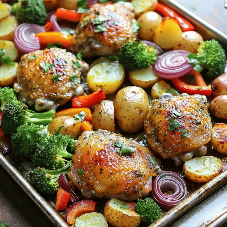 - 4 boneless, skinless chicken thighs - 1 cup baby potatoes, halved - 2 cups broccoli florets - 1 bell pepper, sliced (red or yellow) - 1 medium red onion, cut into wedges - 4 cloves garlic, minced - 1 packet ranch seasoning mix - 3 tablespoons olive oil - Salt and pepper to taste - Fresh parsley, chopped (for garnish) Gathering the right ingredients is key. Start with 4 boneless, skinless chicken thighs. They cook quickly and stay juicy. You will need 1 cup of baby potatoes, halved for even cooking. The potatoes add a nice texture and taste. Next, grab 2 cups of broccoli florets. They give color and crunch. Add a bell pepper, sliced in red or yellow. This adds sweetness and brightness to the dish. You will also need a medium red onion, cut into wedges. They caramelize beautifully in the oven. Garlic is a must! Use 4 cloves, minced, for a strong flavor in your marinade. The ranch seasoning mix adds a creamy, tangy kick. Use one packet for the best taste. You will need 3 tablespoons of olive oil, which helps everything cook well. Don't forget salt and pepper. They enhance the flavors. Finally, fresh parsley is perfect for a colorful garnish. It adds a pop of green and freshness to your meal. With these ingredients, you can create a delicious and easy sheet pan meal. This recipe is perfect for busy nights or when you want a tasty dish with minimal cleanup. - First, preheat your oven to 400°F (200°C). This step gets things hot and ready. - Next, line a large baking sheet with parchment paper. This makes cleanup easy. - In a small bowl, mix olive oil, minced garlic, ranch seasoning, salt, and pepper. Stir well to make the marinade. - In a large bowl, add the chicken thighs. Pour half of the marinade over them. Make sure each piece is coated well. Let this sit for about 15 minutes. - In another bowl, toss the baby potatoes, broccoli florets, sliced bell pepper, and onion with the rest of the marinade. Make sure they are all covered. - Spread the marinated veggies on one side of the baking sheet. Keep them in a single layer for even cooking. - Place the marinated chicken on the other side of the baking sheet. - Bake everything in the preheated oven for 25 to 30 minutes. Keep an eye on the chicken. It should reach 165°F (74°C) to be done. The veggies should be tender and slightly brown. After baking, let the dish rest for a few minutes. This helps the juices settle, making it juicy and tasty. To ensure even cooking of chicken and veggies, cut the veggies to a similar size. This helps them cook at the same rate. Arrange the chicken and veggies in a single layer on the baking sheet. Avoid crowding them, as this can lead to steaming instead of roasting. To tell when the chicken is done, use a meat thermometer. The internal temperature should reach 165°F (74°C). If you don’t have a thermometer, check if the juices run clear when you cut into the chicken. For a great presentation, serve the dish right from the sheet pan. This gives it a rustic look that everyone loves. If you prefer, plate the chicken and veggies separately. Drizzle some leftover juices over the top for extra flavor. The best sides to serve with this dish include a simple green salad or crusty bread. They add fresh flavors and texture, making your meal complete. You can easily add spices or herbs to boost the flavor. Consider mixing in some paprika or thyme for a unique twist. Fresh herbs like rosemary or parsley can elevate the dish, too. If you like a little heat, make it spicy by adding red pepper flakes or a dash of hot sauce to the marinade. For a milder taste, reduce the amount of seasoning. Adjusting the spice level allows you to cater to your taste. {{image_2}} You can easily change the protein in this meal. For a lighter option, swap chicken thighs for chicken breasts. They will cook faster, so check them a bit earlier. You can also try turkey or shrimp for a fun twist. When it comes to veggies, feel free to mix and match. Zucchini, carrots, or asparagus work great. Seasonal vegetables add fresh flavors. Use what you have on hand or what looks good at the store. If you want to save time, try using an air fryer. Set it to 375°F (190°C). Cook the chicken and veggies for about 20 minutes. Shake the basket halfway through for even cooking. You can also adapt this recipe for a slow cooker. Place the chicken and veggies in the slow cooker. Pour the marinade over them and cook on low for 6-7 hours. This method makes the chicken super tender and flavorful. For gluten-free options, check the ranch seasoning mix. Some brands contain gluten. Use a certified gluten-free mix to keep it safe. If you’re watching carbs, you can skip the potatoes. Add more broccoli or cauliflower instead. This keeps the meal low-carb while still being tasty. To store leftovers, let your dish cool first. Place the chicken and veggies in an airtight container. This keeps them fresh and prevents odors. In the fridge, your meal lasts up to four days. Always check for signs of spoilage before eating. For meal prep, divide the chicken and veggies into portions. Use freezer-safe bags or containers to keep them organized. Label each bag with the date. Your dish can stay frozen for up to three months. When you’re ready to eat, thaw the meal in the fridge overnight. Reheat the chicken and veggies in the oven or microwave. Ensure the chicken reaches a safe temperature of 165°F (74°C) before serving. Enjoy your easy and tasty meal again! Yes, you can use frozen chicken and vegetables. However, the cooking time may change. For frozen chicken, add about 10-15 minutes to the baking time. Ensure the chicken reaches an internal temperature of 165°F (74°C) before serving. If using frozen vegetables, they may release more water during cooking. This can affect the texture, so keep an eye on them. You can prepare this dish ahead by marinating the chicken and chopping the veggies. Store them separately in the fridge for up to 24 hours. When ready to cook, simply spread them on the baking sheet and follow the baking instructions. This saves time and keeps flavors fresh. This dish pairs well with simple sides like rice or quinoa. A fresh salad or crusty bread also works great. You can even serve it with a light dipping sauce if you want a little extra flavor. The options are endless! It’s best to reheat chicken only once. Each time you reheat, you risk foodborne illness. Store leftovers in an airtight container in the fridge. Reheat thoroughly until hot all the way through. If you have too much, consider freezing some for later use. This blog post covers the key ingredients and steps for making a tasty sheet pan garlic ranch chicken dish. We discussed the required ingredients, from chicken thighs to fresh veggies. I shared how to marinate the chicken and prepare the vegetables for baking. You’ve also learned helpful tips, variations, and storage options for your meals. In summary, this dish is easy to make and customizable. Enjoy your cooking and get creative with flavors!