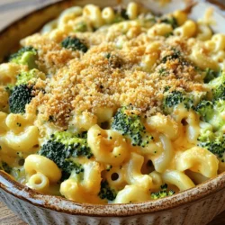 - 2 cups elbow macaroni - 4 cups fresh broccoli florets - 2 tablespoons unsalted butter - 2 tablespoons all-purpose flour - 2 cups milk The base of this dish is simple yet satisfying. Start with elbow macaroni, a classic for mac and cheese. Broccoli adds a healthy twist and bright color. The butter and flour create a thick and creamy sauce. Milk gives it a nice texture and richness. - 2 cups sharp cheddar cheese, grated - 1 cup mozzarella cheese, grated - Additional cheese options Cheese is key to a good mac and cheese. I use sharp cheddar for its bold flavor. Mozzarella brings a stretchy, creamy texture. You can try other cheeses too, like gouda or fontina for extra flavor. - 1 teaspoon garlic powder - 1 teaspoon onion powder - Salt and pepper to taste - 1/2 cup breadcrumbs (optional, for topping) - 1 tablespoon olive oil (optional, for breadcrumbs) Seasoning enhances the dish. Garlic and onion powder add depth. Don't forget to taste and adjust salt and pepper. If you want a crispy top, use breadcrumbs mixed with olive oil. This gives a nice crunch when baked. To start, boil a large pot of salted water. This water adds flavor to the pasta. Once it boils, add 2 cups of elbow macaroni. Cook it according to package instructions until it is al dente. This means it should still have a little bite. Add 4 cups of fresh broccoli florets to the pot in the last 2-3 minutes of cooking. This helps the broccoli stay bright green and crisp. After that, drain the pasta and broccoli together. Set them aside for later. Next, we’ll make a yummy cheese sauce. In the same pot, melt 2 tablespoons of unsalted butter over medium heat. Once melted, stir in 2 tablespoons of all-purpose flour. Cook this mixture for about 2 minutes until it turns light golden. This creates a roux, which thickens the sauce. Slowly whisk in 2 cups of milk. Make sure to remove any lumps as you go. Keep stirring until the mixture thickens. This should take about 3-5 minutes. Then, reduce the heat to low and add 2 cups of grated sharp cheddar cheese and 1 cup of grated mozzarella cheese. Stir until the cheese is fully melted and smooth. Season this sauce with 1 teaspoon of garlic powder, 1 teaspoon of onion powder, salt, and pepper. Now it’s time to combine everything. Add the cooked pasta and broccoli to the cheese sauce. Stir gently to mix everything well. If you want a crispy topping, preheat your oven to 350°F (175°C). In a small bowl, mix 1/2 cup of breadcrumbs with 1 tablespoon of olive oil until coated. Pour the mac and cheese mixture into a greased baking dish. Sprinkle the breadcrumb mixture evenly over the top. Bake in the oven for about 20 minutes. You want the top to be golden brown and crispy. Let it cool for a few minutes before serving. Enjoy your tasty dish! To avoid lumps while adding milk, pour slowly. Whisk continuously as you add the milk. This keeps the sauce smooth. Cook the mixture over low heat. High heat can burn the cheese and ruin the sauce. Stir gently until all the cheese melts. To maintain the bright green color and crunch, steam the broccoli. This method helps keep its nutrients. You can also blanch the broccoli in boiling water briefly. Then, shock it in ice water to stop the cooking. This method keeps the broccoli fresh and vibrant. For the perfect topping, mix breadcrumbs with olive oil. This will help them crisp up in the oven. Spread the mixture evenly over the mac and cheese. If your oven runs hot, check it a bit early. Baking times can vary by oven, so stay alert for that golden brown top. {{image_2}} You can easily add meat to Broccoli Cheddar Mac and Cheese. Chicken or bacon works great. To use chicken, cook it first. You can shred or chop it into small pieces. Mix the cooked chicken into the cheese sauce. For bacon, cook it until crispy. Crumble it and sprinkle it on top or mix it in. Both options add flavor and protein to your dish. If you want a vegetarian version, try using different veggies. Peas, spinach, or bell peppers can add color and taste. Just cook them along with the broccoli. You can also add plant-based cheese. Look for brands that melt well. This keeps the dish creamy and cheesy, even without dairy. Your veggie lovers will enjoy this twist. For a gluten-free option, swap out elbow macaroni. Use gluten-free pasta instead. Many options are available, like rice or corn pasta. They work well in this dish. You’ll also need gluten-free flour for the roux. This helps thicken the cheese sauce. Just use the same amount as regular flour. Your mac and cheese will still be creamy and delicious. To store your leftover Broccoli Cheddar Mac and Cheese, let it cool first. Then, place it in an airtight container. This keeps it fresh and tasty. You can store it in the fridge for about three to five days. When you’re ready to eat, reheat the mac and cheese in the microwave. Use a microwave-safe dish and cover it with a lid. Add a splash of milk to keep it creamy. Heat it on medium power for a few minutes, stirring halfway. You can also reheat it in a pan on the stove. Just add a little milk and stir until warm. Yes, you can freeze Broccoli Cheddar Mac and Cheese! To do this, let it cool completely. Then, pack it in a freezer-safe container or bag. You can freeze it for up to three months. To thaw frozen mac and cheese, take it out of the freezer and put it in the fridge for a few hours or overnight. Reheat it gently in the microwave or on the stove. Add milk to keep it smooth and creamy. In the fridge, Broccoli Cheddar Mac and Cheese lasts three to five days. In the freezer, it stays good for about three months. If you see any mold or an off smell, it’s best to throw it away. Also, if the texture changes a lot or it looks dry and hard, it might be time to discard it. Always trust your senses! Yes, you can make this dish ahead of time. To prep, cook the pasta and broccoli. Then, make the cheese sauce. Combine everything but the breadcrumbs. Store it in the fridge for up to 2 days. When ready to eat, heat it in a pot. Stir it well, then add the breadcrumbs. Bake until bubbly and golden. This makes it easy for busy nights. You can use many pasta shapes instead of elbow macaroni. Some good options include: - Shells - Fusilli - Penne - Farfalle These shapes hold cheese sauce well. Each adds a fun twist to the dish. To add spice, consider these ideas: - Mix in jalapeños or red pepper flakes. - Use pepper jack cheese instead of cheddar. - Add hot sauce to the cheese sauce. These options will give your dish a flavorful kick. Adjust the spice to match your taste. This recipe shows how to make creamy Broccoli Cheddar Mac and Cheese. You need simple ingredients like pasta, broccoli, and cheese. I explained how to cook, mix, and bake everything perfectly. Remember to try different cheeses and seasonings to suit your taste. Use leftover tips to enjoy your meal later. I hope you feel inspired to make and share this dish. It’s a fun way to enjoy veggies and cheese in one bowl. Happy cooking!