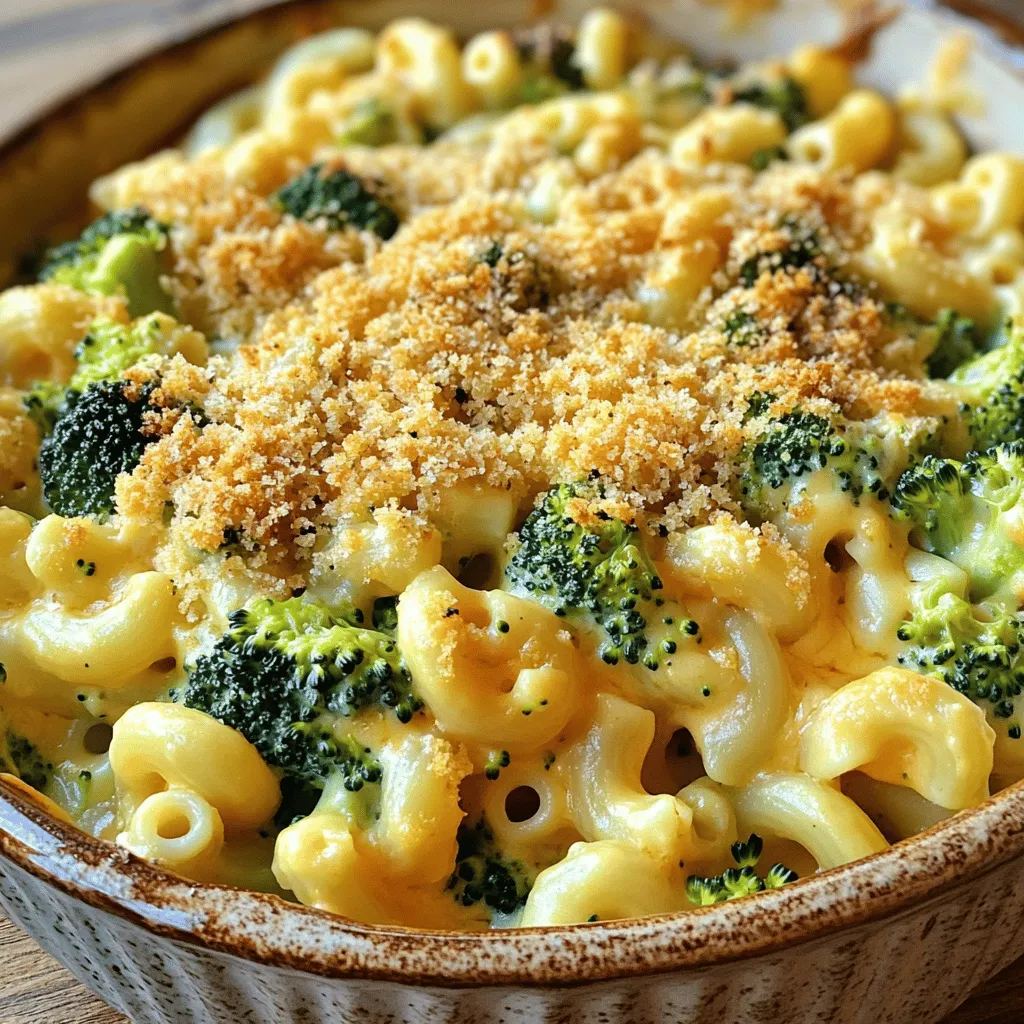 - 2 cups elbow macaroni - 4 cups fresh broccoli florets - 2 tablespoons unsalted butter - 2 tablespoons all-purpose flour - 2 cups milk The base of this dish is simple yet satisfying. Start with elbow macaroni, a classic for mac and cheese. Broccoli adds a healthy twist and bright color. The butter and flour create a thick and creamy sauce. Milk gives it a nice texture and richness. - 2 cups sharp cheddar cheese, grated - 1 cup mozzarella cheese, grated - Additional cheese options Cheese is key to a good mac and cheese. I use sharp cheddar for its bold flavor. Mozzarella brings a stretchy, creamy texture. You can try other cheeses too, like gouda or fontina for extra flavor. - 1 teaspoon garlic powder - 1 teaspoon onion powder - Salt and pepper to taste - 1/2 cup breadcrumbs (optional, for topping) - 1 tablespoon olive oil (optional, for breadcrumbs) Seasoning enhances the dish. Garlic and onion powder add depth. Don't forget to taste and adjust salt and pepper. If you want a crispy top, use breadcrumbs mixed with olive oil. This gives a nice crunch when baked. To start, boil a large pot of salted water. This water adds flavor to the pasta. Once it boils, add 2 cups of elbow macaroni. Cook it according to package instructions until it is al dente. This means it should still have a little bite. Add 4 cups of fresh broccoli florets to the pot in the last 2-3 minutes of cooking. This helps the broccoli stay bright green and crisp. After that, drain the pasta and broccoli together. Set them aside for later. Next, we’ll make a yummy cheese sauce. In the same pot, melt 2 tablespoons of unsalted butter over medium heat. Once melted, stir in 2 tablespoons of all-purpose flour. Cook this mixture for about 2 minutes until it turns light golden. This creates a roux, which thickens the sauce. Slowly whisk in 2 cups of milk. Make sure to remove any lumps as you go. Keep stirring until the mixture thickens. This should take about 3-5 minutes. Then, reduce the heat to low and add 2 cups of grated sharp cheddar cheese and 1 cup of grated mozzarella cheese. Stir until the cheese is fully melted and smooth. Season this sauce with 1 teaspoon of garlic powder, 1 teaspoon of onion powder, salt, and pepper. Now it’s time to combine everything. Add the cooked pasta and broccoli to the cheese sauce. Stir gently to mix everything well. If you want a crispy topping, preheat your oven to 350°F (175°C). In a small bowl, mix 1/2 cup of breadcrumbs with 1 tablespoon of olive oil until coated. Pour the mac and cheese mixture into a greased baking dish. Sprinkle the breadcrumb mixture evenly over the top. Bake in the oven for about 20 minutes. You want the top to be golden brown and crispy. Let it cool for a few minutes before serving. Enjoy your tasty dish! To avoid lumps while adding milk, pour slowly. Whisk continuously as you add the milk. This keeps the sauce smooth. Cook the mixture over low heat. High heat can burn the cheese and ruin the sauce. Stir gently until all the cheese melts. To maintain the bright green color and crunch, steam the broccoli. This method helps keep its nutrients. You can also blanch the broccoli in boiling water briefly. Then, shock it in ice water to stop the cooking. This method keeps the broccoli fresh and vibrant. For the perfect topping, mix breadcrumbs with olive oil. This will help them crisp up in the oven. Spread the mixture evenly over the mac and cheese. If your oven runs hot, check it a bit early. Baking times can vary by oven, so stay alert for that golden brown top. {{image_2}} You can easily add meat to Broccoli Cheddar Mac and Cheese. Chicken or bacon works great. To use chicken, cook it first. You can shred or chop it into small pieces. Mix the cooked chicken into the cheese sauce. For bacon, cook it until crispy. Crumble it and sprinkle it on top or mix it in. Both options add flavor and protein to your dish. If you want a vegetarian version, try using different veggies. Peas, spinach, or bell peppers can add color and taste. Just cook them along with the broccoli. You can also add plant-based cheese. Look for brands that melt well. This keeps the dish creamy and cheesy, even without dairy. Your veggie lovers will enjoy this twist. For a gluten-free option, swap out elbow macaroni. Use gluten-free pasta instead. Many options are available, like rice or corn pasta. They work well in this dish. You’ll also need gluten-free flour for the roux. This helps thicken the cheese sauce. Just use the same amount as regular flour. Your mac and cheese will still be creamy and delicious. To store your leftover Broccoli Cheddar Mac and Cheese, let it cool first. Then, place it in an airtight container. This keeps it fresh and tasty. You can store it in the fridge for about three to five days. When you’re ready to eat, reheat the mac and cheese in the microwave. Use a microwave-safe dish and cover it with a lid. Add a splash of milk to keep it creamy. Heat it on medium power for a few minutes, stirring halfway. You can also reheat it in a pan on the stove. Just add a little milk and stir until warm. Yes, you can freeze Broccoli Cheddar Mac and Cheese! To do this, let it cool completely. Then, pack it in a freezer-safe container or bag. You can freeze it for up to three months. To thaw frozen mac and cheese, take it out of the freezer and put it in the fridge for a few hours or overnight. Reheat it gently in the microwave or on the stove. Add milk to keep it smooth and creamy. In the fridge, Broccoli Cheddar Mac and Cheese lasts three to five days. In the freezer, it stays good for about three months. If you see any mold or an off smell, it’s best to throw it away. Also, if the texture changes a lot or it looks dry and hard, it might be time to discard it. Always trust your senses! Yes, you can make this dish ahead of time. To prep, cook the pasta and broccoli. Then, make the cheese sauce. Combine everything but the breadcrumbs. Store it in the fridge for up to 2 days. When ready to eat, heat it in a pot. Stir it well, then add the breadcrumbs. Bake until bubbly and golden. This makes it easy for busy nights. You can use many pasta shapes instead of elbow macaroni. Some good options include: - Shells - Fusilli - Penne - Farfalle These shapes hold cheese sauce well. Each adds a fun twist to the dish. To add spice, consider these ideas: - Mix in jalapeños or red pepper flakes. - Use pepper jack cheese instead of cheddar. - Add hot sauce to the cheese sauce. These options will give your dish a flavorful kick. Adjust the spice to match your taste. This recipe shows how to make creamy Broccoli Cheddar Mac and Cheese. You need simple ingredients like pasta, broccoli, and cheese. I explained how to cook, mix, and bake everything perfectly. Remember to try different cheeses and seasonings to suit your taste. Use leftover tips to enjoy your meal later. I hope you feel inspired to make and share this dish. It’s a fun way to enjoy veggies and cheese in one bowl. Happy cooking!