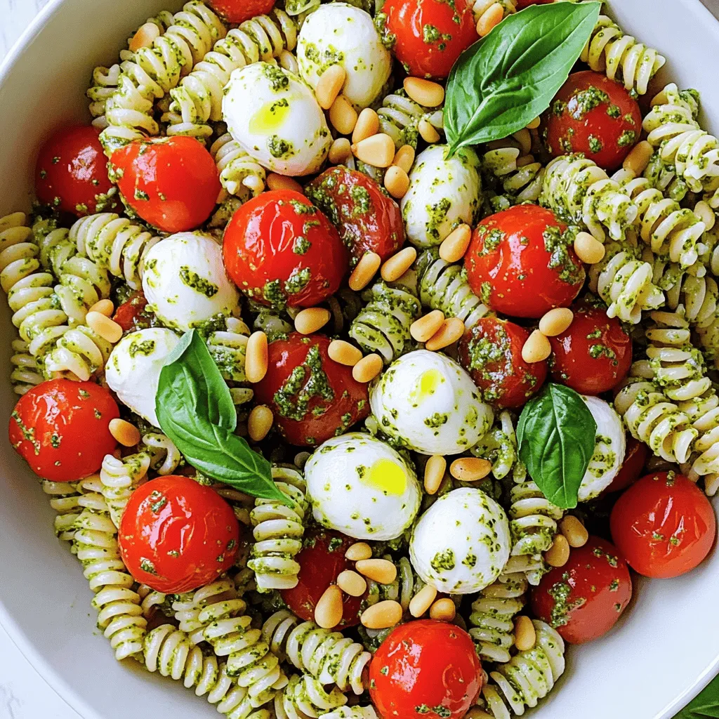- 8 oz. rotini pasta - 1 cup cherry tomatoes, halved - 1 cup fresh mozzarella balls, halved - 1 cup fresh basil leaves, torn - ½ cup homemade basil pesto (or store-bought) - 2 tablespoons extra virgin olive oil The base of this salad starts with rotini pasta. The twists hold the pesto well. Cherry tomatoes add sweetness and color. Fresh mozzarella balls offer a creamy texture. Fresh basil brings an aromatic touch. The homemade basil pesto adds a burst of flavor. Extra virgin olive oil adds richness. - Salt and pepper - ¼ cup pine nuts, toasted (for garnish) You can add salt and pepper to taste. Toasted pine nuts give a nice crunch and flavor. - Large pot - Mixing bowl - Cooking utensils You need a large pot to cook the pasta. A mixing bowl helps combine all the ingredients. Simple cooking utensils make the process easy. - First, fill a large pot with water. - Add a generous amount of salt. - Bring the water to a rolling boil. - Once it boils, add 8 oz. of rotini pasta. - Cook the pasta until it is al dente. - Drain the pasta when done. - Rinse it under cold water to cool it. - In a large mixing bowl, combine the cooled rotini pasta. - Add 1 cup of halved cherry tomatoes. - Then, add 1 cup of halved fresh mozzarella balls. - Gently fold in 1 cup of torn fresh basil leaves. - Drizzle ½ cup of basil pesto over the salad. - Add 2 tablespoons of extra virgin olive oil. - Toss everything together until well coated. - Taste and season with salt and pepper as needed. - Sprinkle ¼ cup of toasted pine nuts on top. - For the best flavor, chill the salad for at least 30 minutes. To get the best texture in your pasta salad, cook the rotini pasta al dente. This means it should be firm to the bite. Follow the package instructions for the right cooking time. After cooking, drain the pasta. Rinse it under cold water to stop the cooking process. This helps keep the pasta from getting mushy. To boost the flavors, think about adding more herbs or spices. Fresh herbs like parsley or oregano can make a big difference. You can also try adding a pinch of red pepper flakes for some heat. When it comes to pesto, homemade is often best. It gives a fresh taste that store-bought versions may lack. However, if you are short on time, a good quality store-bought pesto can work well too. For great pairings, consider serving this salad with grilled chicken or shrimp. They add protein and make the meal more filling. You can also serve it alongside crusty bread or a light green salad. To present your pasta salad nicely, use a large, shallow bowl. This way, guests can see all the colorful ingredients. Garnish with extra basil leaves or a sprinkle of pine nuts for a touch of flair. {{image_2}} You can change some key ingredients in this dish. Here are two great options: - Gluten-free pasta options: If you need gluten-free pasta, use brown rice or quinoa pasta. They cook well and taste great. - Dairy-free cheese alternatives: For a dairy-free version, try using cashew cheese or tofu. They give a nice creamy texture without dairy. Adding extra flavors can make your pasta salad even better. Here are some ideas: - Incorporating grilled vegetables: Grill zucchini, bell peppers, or eggplant. Chopping them up and adding them gives a smoky taste. - Adding protein sources like chicken or shrimp: Toss in grilled chicken or sautéed shrimp for added protein. This makes the salad more filling and satisfying. You can switch things up based on the season. Here are tips for summer and winter salads: - Adjusting ingredients for summer or winter salads: In summer, add fresh corn or cucumber for crunch. In winter, consider roasted root vegetables like carrots or sweet potatoes. - Creative dressings for seasonal flair: In summer, use a light vinaigrette. For winter, a creamy dressing made with Greek yogurt can add warmth and richness. How long does it last in the fridge? Pesto Caprese Pasta Salad lasts up to three days in the fridge. It’s best to store it in an airtight container. This keeps the flavors fresh and helps prevent drying out. Best practices for storing leftovers To store leftovers, make sure the salad is cool. Place it in a clean container. If possible, separate the pine nuts. Add them just before serving for extra crunch. This keeps them crisp and tasty. Can you freeze Pesto Caprese Pasta Salad? I do not recommend freezing this salad. The fresh ingredients, like tomatoes and mozzarella, do not thaw well. They can become mushy, losing their great taste and texture. Tips for thawing and serving If you do freeze it, thaw it in the fridge overnight. Serve it cold with fresh basil and pine nuts on top. This helps bring back some flavor. How to best reheat if needed If you need to reheat, do it gently on the stove. Add a splash of olive oil and cook on low heat. Stir often to avoid sticking. Ensuring flavors stay fresh To keep the flavors fresh, do not overheat. Just warm it enough to take the chill off. You can add more pesto if the flavors fade. This keeps it vibrant and tasty. Rotini pasta is a great choice. Its spiral shape holds sauce well. Other good options include fusilli, farfalle, or penne. These shapes easily catch the pesto, making each bite flavorful. You can also use whole wheat or gluten-free pasta if needed. Just ensure it cooks al dente for the best texture. Yes, you can prep this salad in advance. Make it a few hours ahead or even a day before. Just keep it in the fridge until you’re ready to serve. If possible, add the pine nuts right before serving. This keeps them crunchy and fresh. To make this salad vegan, swap out the mozzarella for a dairy-free cheese. You can also use a vegan pesto. Many store-bought brands offer vegan options. If you're feeling adventurous, try making your own with nuts, basil, and nutritional yeast. This adds a cheesy flavor without dairy. This pasta salad uses simple, fresh ingredients for a delicious dish. You learned about cooking rotini, mixing it with tomatoes and mozzarella, and adding tasty pesto. Remember, you can customize the salad with different flavors and ingredients. Store leftovers properly to keep them fresh. By following these tips and variations, you can enjoy a delightful salad anytime. I hope you feel inspired to create your own pesto Caprese pasta salad!